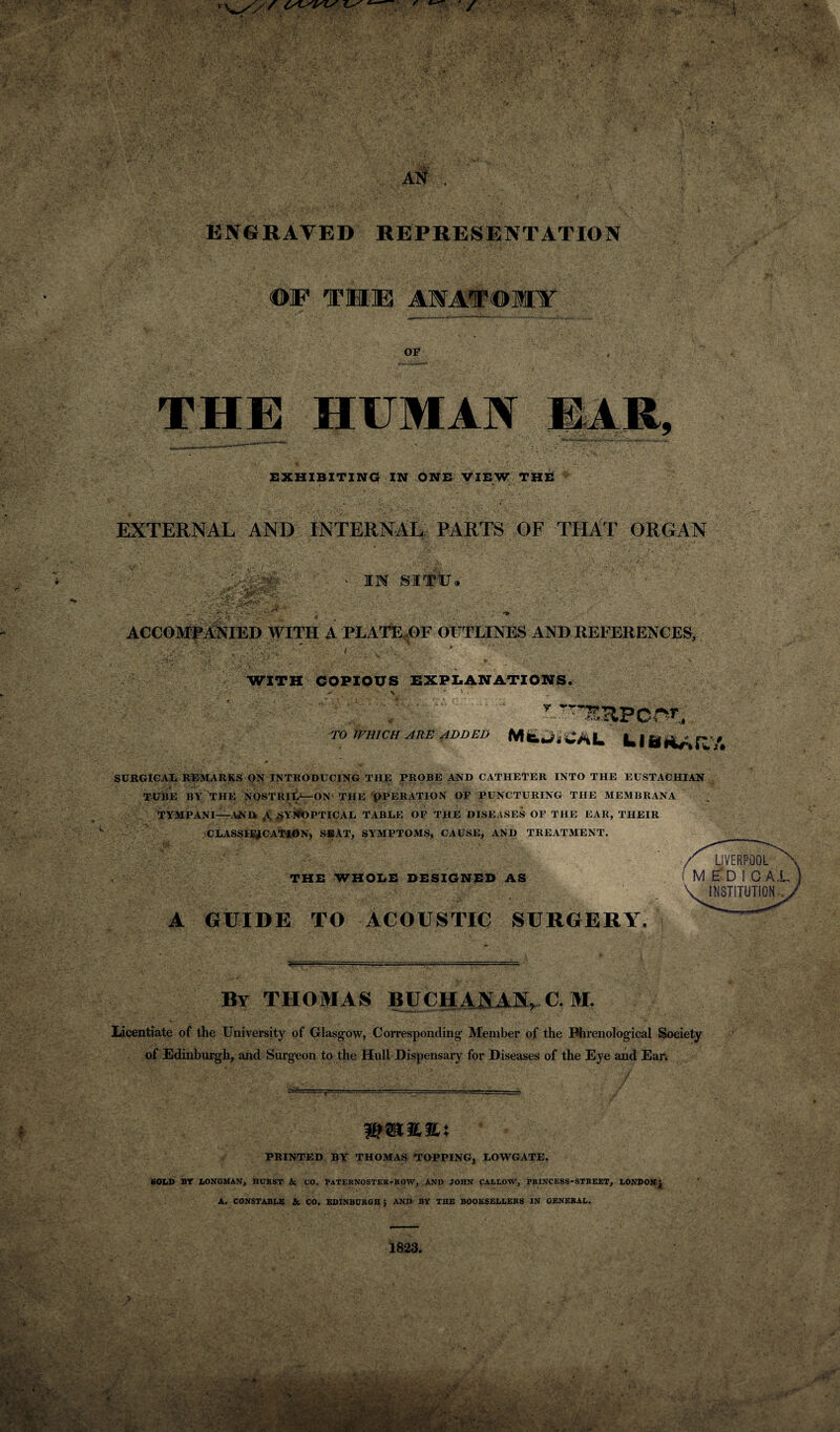 ' / AN . ENGRAVED REPRESENTATION ©F TIE ANATOMY OP THE HUMAN EAR, EXHIBITING IN ONE VIEW THE EXTERNAL AND INTERNAL PARTS OF THAT ORGAN ' IN ISiiltT'i ACCOMPANIED WITH A PLATE OF OUTLINES AND REFERENCES, WITH COPIOUS EXPLANATIONS. r-.?Tr1S.? TO TFHICH ARE ADDED SURGICAL REMARKS ON INTRODUCING THE PROBE AND CATHETER INTO THE EUSTACHIAN TUBE BY THE NOSTRIL-—ON' THE pPERATION OP PUNCTURING THE MEMBRANA TYMPANI—AJVD A /SYNOPTICAL TABLE OP THE DISEASES OF THE EAR, THEIR CLASSII^CATIDN) SEAT, SYMPTOMS, CAUSE* AND TREATMENT. THE WHOLE DESIGNED AS A GUIDE TO ACOUSTIC SURGERY. By THOMAS BUCHANAN, C. M. Licentiate of the University of Glasgow, Corresponding Member of the Phrenological Society of Edinburgh, and Surgeon to the Hull Dispensary for Diseases of the Eye and Ear; PRINTED BY THOMAS TOPPING, LOWGATE. BOLD BY LONGMAN, HURST & CO. PATERNOSTERrROW, AND JOHN CALLOW, PRINCESS-STREET, LONDON j A. CONSTABLE & CO. EDINBURGH; AND BY THE BOOKSELLERS IN GENERAL.