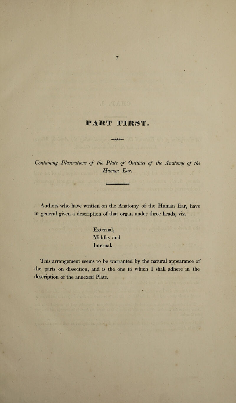 FAM.T FIRST. Containing Illustrations of the Plate of Outlines of the Anatomy of the Human Ear. Authors who have written on the Anatomy of the Human Ear, have in general given a description of that organ under three heads, viz. External, Middle, and Internal. i This arrangement seems to be warranted by the natural appearance of the parts on dissection, and is the one to which I shall adhere in the description of the annexed Plate.