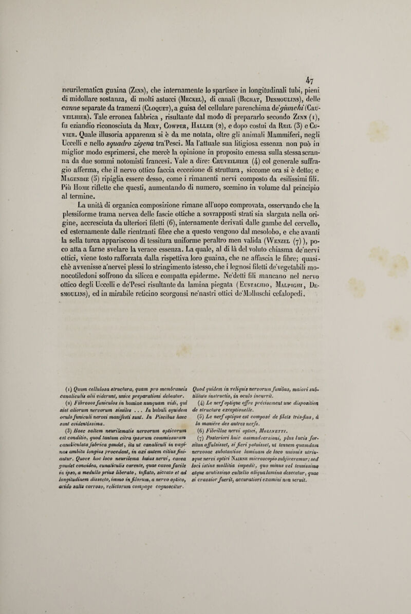 ncurilcmatica guaina (Zinn), che internamente lo spartisce in longitudinali tubi, pieni di midollare sostanza, di molli astucci (Meckel), di canali (Bichat, Desmoulins), delle canne separate da tramezzi (CLOQUET),a guisa del cellulare parenchima de giunchi (Cru- yeiliiier). Tale erronea fabbrica , risultante dal modo di prepararlo secondo Zinn (i), fu eziandio riconosciuta da Mery, Cowper, Haller (2), e dopo costui da Reil (3) e Cu- vier. Quale illusoria apparenza si è da me notata, oltre gli animali Mammiferi, negli Uccelli e nello squadro zigena tra’Pesci. Ma l’attuale sua litigiosa essenza non può in miglior modo esprimersi, che mercè la opinione in proposito emessa sulla stessa scran¬ na da due sommi notomisti francesi. Yale a dire: Cruveiluier (4) col generale suffra¬ gio afferma, che il nervo ottico faccia eccezione di struttura, siccome ora si è detto; e Magendie (5) ripiglia essere desso, come i rimanenti nervi composto da esilissimi fili. Più Home riflette che questi, aumentando di numero, scemino in volume dal principio al termine. La unità di organica composizione rimane all’uopo comprovata, osservando che la plessiforme trama nervea delle fascio ottiche a sovrapposti strati sia slargata nella ori¬ gine, accresciuta da ulteriori filetti (6), internamente derivati dalle gambe del cervello, ed esternamente dalle rientranti fibre che a questo vengono dal mesolobo, e che avanti la sella turca appariscono di tessitura uniforme peraltro men valida (Wenzel (7) ), po¬ co atta a farne svelare la verace essenza. La quale, al di là del voluto chiasma de’nervi ottici, viene tosto rafforzata dalla rispettiva loro guaina, che ne affascia le fibre; quasi¬ ché avvenisse a’nervei plessi lo stringimento istesso, che i legnosi filetti de’vegetabili mo¬ nocotiledoni soffrono da silicea e compatta epiderme. Ne’detti fili mancano nel nervo ottico degli Uccelli e deTesci risultante da lamina piegata (Eustachio, Malpighi, De¬ smoulins), ed in mirabile reticino scorgonsi ne’nastri ottici de'Molhischi cefalopedi. (1) Quum cellulosa slructura, quam prò membraneis canaliculis olii viderunt, unice preparalioni debeatur. (2) Fibrosos funiculos in homine nunquam vidi, qui sint aliorum nervorum similes ... In bubuli equidem oculo funiculi nervei manifesti sunl. In Piscibus haec sunt evidentissima. (3) Haec sallem neurilematis nervorum opticorum est conditio, quod tantum dira ipsorum commissuram canaliculata J'abrica gaudet, ila ut canaliculi invagi¬ naa ambitii longius procedant, in axi autem cilius fini- antur. Quove hoc loco neurilema huius nervi, cavea gaudet conoidea, cunaliculis carente, quae cavea facile in ipso, a medullo pnus liberalo, injlato, siccato et ad longitudinem dissecto, immo in filorum, a nervo optico, acido salis corroso, relictorum compage cognoscitur. Quod quidem in reliquia nervorum funibus, malori sud tililaie inslructis, in oculo incurrit. (4) Le nerf optique offre précisement urie disposilion de slructure exceptionelle. (4) Le nerf optique est compose de filels trèsfins, à la maniere des aulres nerfs. (6) Fibrillae nervi optici, Molinetti. (7) Posteriori buie ammadversioni, plus lucis for- sitan ajfulsisset, si fieri poluissel, ut lenuem quamdam ncrvosae substantiae laminata de loco unionis ulriu- sque nervi optici Najrne microscopio subjiceremur; sed loci istius mollilia impedii, quo minus vel tenuissimo atque acutissimo cultello aliqua lamina desecetur, quae si crassior fuerit, accurallori examini non servii.