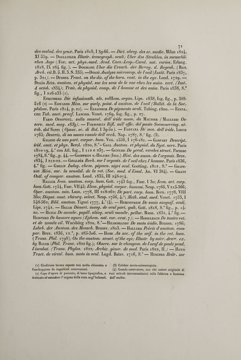 dcs inalaci, clesyeux. Paris 1818,1 39-66. — Dici, abreg. cles se. medie. Milan 1824, XI 559. — Doellinger Illustr. iconograph. oculi; Uber clas Slrahlen. in mcnschli- chcn Auge [Non. act. phys.-med. Acacl. Caes.-Lcop.-Carol. ned. curios. Erlang. 1818, IX 284 fig. ). — Doemling Uber die Ursach. cler Be^’eg. d. Regenb. ( Reil Ardi. cz'/.B. 5.H.3.S.335).—DonmAnalyse microscop. de l'oeil(Insili. Paris i837, p. 321 ). —Duddel Traci, on thedis. of thè boni. coai. in lite cye. Lond. 1729. — Dcgès Rem. analom. etphysiol. sur Ics sens de le mie chez les anim. veri, finsi. 4 oclob. 1834-^; Trail. dephysiol. comp. de l’liomme et cles anim. Paris i838, 8.° fig.j I 2i6-233 (1). Eiirenberg Die infusionsth. als. vollkom. organ. Lips. i838, fog. fig., p. 388- 516 (2) — Edvvards Mém. sur quelq.point. d anatom. de l'odi (Bullél. de la Soc. philom. Paris i8i4, p.21). — Elsaesser De pigmento oculi. Tubing. 1800. —Eusta. crii Tab. anai.praef. Lancisii. Venet. 1769, fog. fig., p. 27. Fario Osservaz. sulla muscol. dell’iride amm. da Maunoir /''Magliari Os- serv. med. mag. i83g). — Feruinelli Ri/l. sull’ offic. del punto Soemmerring. al- trib. dal Santi ( Opusc. se. di Boi. I 39-5o). — Fontana De mot. dell'iride. Lucca 1765,- Descriz. eli un nuovo canale dell' oc eh. Nap. 1787, 8.° fig. (3). Galeno de usupari, corpor. hum. Ven. 1556, I 176-181. — Gaspary Descript, irid. aneti, elphgs. Berol. 1820, 8.°-- Gall Analom. etphysiol. clu Sysl. nerv. Paris 1810-19, 4-°con Atl. fog., I 112 e 237. — Gennari Depecul. cerebri sinici. Pararne 1784,8. fig.,p. 44- — Geopfroy s.-Hilaire (Isid.) /lisi, des anom. de l’organis. Brux. i834, I 212-22. — Giraldès Redi, sur l’organis. de l’odi chez l’homme. Paris i836, 4° fig. — Gmelin Iiidag. chem. pigmea, nigri orni. Goetting. 1812, 8.° — Grape- ron Mém. sur. la sensibil. de la rei. (Soc. med. d'Emul. An. VI 384). — Grant Olili, of compar. analom. Lond. 1835, III 248-274. IIaller Icon. analom. corp. hum. Goti. i743 fog., Fase. I 3o; Icon. art. corp. hum.Gioii. 1754, Fase.SWh/S;Elem.physiol. corpor. Immani. Neap. 1766, V2i5-366; Oper. analom. min. Laus. 1778, III 218-262\Depart. corp. hum. Bora. 1778, Vili 36o; Dispai, anat. chirurq. select. Neap. 1706, 4-°; Me ih. slud. med. Yenet. i753, I 548-362; Bibl. ancilom. Liguri 1777, 4- (4)* —Hebenstreit De vasis sanguif. oculi. Lips. 1742. — Hegar Dissert. inaug. de oculpari. quib. Gott. 1818, 8.° fig., p. i4- 20. — Henle De membr. pupill. aliisq. oculi membr. peline. Bonn. i832, 4° %• — Heistero De Rumore aqueo (Ephem. nat. cur. cent. j). — Hesselbacii De tunica rei. et de zoiiula di. Wurzbiirg 1820, 8.°—Hildebrandt De moiu iridis. Brunsn. 1786; Lehrb. cler Analom. des Meliseli. Brunsv. i8o3. —IIollard Prècis d’analom. com¬ par. Brux. i836, 12.0, p. 285-3o6. —Ho_me An acc. of ihe orif. in thè rei. hum. (Trans. Pini. 1798); On thè analom. sinici, ofthe eye; Illustr by micr. eiraw. ex. by Bauer (Pini. Trans. 1822 fig.); Observ. sur le changem. eie l'oeuf eiepoulepend. l'incubai. (Trans. Phylos. 1822; Arcliiv. gèner. de med. Paris 1822, II.) — Hovn Traci, de circuì, hum. motu in ocul. Lugd. Batav. 1716, 8.°— IIuschke Beitr. zur (1) Giudizioso lavoro esposto con molta chiarezza c (3) Celebre nevro-microscopista. lì ancheggiato da imparziali osservazioni. (4) Grande osservatore, non chè autore originale di (2) Capo d’opera di pazienza, di lusso tipografico, e vari articoli interessantissimi sulla fabbrica e funzione destinato ad estendere l’organo della vista negl’infusori, dell’ occhio.