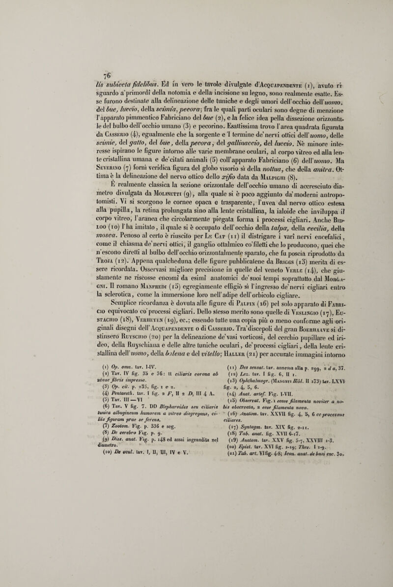 lis subiecta fidelibus. Ed in vero le tavole divulgale d’AcQUAPENDENTE (i), avuto ri- sguardo a’primordi della nofomia e della incisione su legno, sono realmente esatte. Es¬ se furono deslinate alla delineazione delle tuniche e degli umori dell’occhio dell’uomo, del bue, luccio, della sci/nia, pecora-, fra le quali parti oculari sono degne di menzione l’apparato pimmentico Fabriciano del bue (2), e la felice idea pella dissezione orizzonta¬ le del bulbo dell’occhio umano (3) e pecorino. Esattissima trovo l’area quadrata figurata da Casserio (A), egualmente che la sorgente e ’l termine de’nervi ottici deìYuomo, delle scimie, del gallo, del bue, della pecora, del gallinaccio, del luccio. Nè minore inte¬ resse ispirano le figure intorno alle varie membrane oculari, al corpo vitreo ed alla len¬ te cristallina umana e de’citati animali (5) coll’apparato Fabriciano (6) àcWuomo. Ma Severino (7) fornì veridica figura del globo visorio sì della nottua, cbe della anitra. Ot¬ tima è la delineazione del nervo ottico dello xifio data da Malpighi (8). E realmente classica la sezione orizzontale dell’occhio umano di accresciuto dia¬ metro divulgata da Molinetti (9) , alla quale si è poco aggiunto da’ moderni antropo¬ tomisti. Yi si scorgono le cornee opaca e trasparente, l’uvea dal nervo ottico estesa alla pupilla, la retina prolungata sino alla lente cristallina, la ialoidc che inviluppa il corpo vitreo, l’aranea che circolarmente piegata forma i processi cigliari. Anche Bid- loo (io) l’ha imitato, il quale si è occupato dell’occhio della talpa, della cecilia, della mosca. Penoso al certo è riuscito per Le Cat (ii) il distrigare i vari nervi encefalici, come il chiasma de’nervi ottici, il ganglio ottalmico co’filetti die lo producono, quei che n’escono diretti al bulbo dell’occhio orizzontalmente sparato, cbe fu poscia riprodotto da Troja (12). Appena qualcheduna delle figure pubblicatene da Briggs (i3) merita di es¬ sere ricordata- Osservasi migliore precisione in quelle del veneto Verlg (ik), cbe giu¬ stamente ne riscosse encomi da esimi anatomici de’suoi tempi soprattutto dal Morga¬ gni. Il romano Manfredi (i5) egregiamente effigiò sì l’ingresso de’nervi cigliari entro la sclerotica, come la immersione loro nell’adipe dell’orbicolo cigliare. Semplice ricordanza è dovuta alle figure di Palfin (16) pel solo apparato di Fabri- cio equivocato co’processi cigliari. Dello stesso merito sono quelle di Veslingio (17), Eu¬ stachio (18), Verheven (19), ec.; essendo tutte una copia più o meno conforme agli ori¬ ginali disegni dell’Acquapendente o di Casserio. Tra’disccpoli del gran Boeriiaave si di¬ stinsero Ruyschio (20) per la delineazione de’vasi vorticosi, del cerchio pupillare ed iri- deo, della Ruyschiana e delle altre tuniche oculari, de’processi cigliaci, della lente cri¬ stallina dell’uomo, della balena e del vitello; Haller (21) per accurate immagini intorno (1) Op. omn. tav. I-IV. (2) Tav. IV fig. 3» e 36: lt dii aria corona ab 1iveae Jibris impressa. (3) Qp. cit. p. 233, fig. i e 2. (4) Penlaesth. tav. I fig. 2 F, li 2 D, III 4 A. (3) Tav. Ili—VI (6) Tav. V fig. 7. DD Blepharoùles seti ciliaris fumea albugineum humorem a viireo disgregatisi ci- lits figuram prae se ferens. (7) Zootom. Fig. p. 336 e seg. (8) De cerebro Fig. p. g. (g) Diss. anat. Fig. p, i48 ed assai ingrandita nel diametro. (io) De acuì. tav. I, II, HI, IV e V. (11) Des sensal. tav. annessa alla p. 2gg, 2 da, 37. (12) Lez. tav. I fig. 6, II 1. (13) Ophlhalmogv. (Mahgsti Bibl. II i>73) tav. LXVI fig. 2, 4, 3, 6. (14) Anat. artef. Fig. I-VII. (15) Observat. Fig.i eeeee Jllamenta noviter a no- bts obscvvala, 2 eeee filamento nova. (16) Jnaloin. tav. XXVII fig. 4> >8 6 cc processiti ciliares. (17) Sgntagm. tav. XIX fig. 2-11. (18) Tab. anat. fig. XVII 6-i7. (19) Analom. tav. XXV fig. 3-7, XXVIII i-3. (20) Epist. tav. XVI fig. s-ig; Thes. I i-g. (21) Tab. art. Vlfig. 4-8; Icon. anat. de basi enc. 3o.