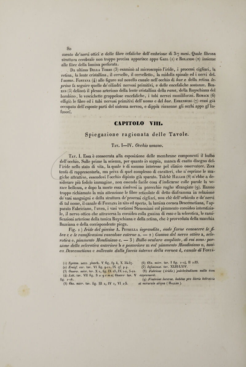 mento de’nervi ottici e delle fibre cefaliche dell’embrione di 3-7 mesi. Quale fibrosa struttura cerebrale non troppo precisa apparisce appo Gall (i) e Rolando (2) insieme alle fibre della lamina perforata. Da ultimo Della Torre (3) esaminò al microscopio l’iride, i processi cigliaci, la retina, la lente cristallina, il cervello, il cervelletto, la midolla spinale ed i nervi del. l’uomo. Fontana (4) alle figure sul novello canale nell’occhio di bue e della retina le¬ prina fa seguire quelle de cilindri nervosi primitivi, e delle encefaliche sostanze. Ber- res (5) delineò il plesso arterioso della lente cristallina della rana, della Ruyschiana del bambino, le vescichette grappolose encefaliche, i tubi nervei moniliformi. Remack (6) effigiò le fibre ed i tubi nervosi primitivi dell 'uomo e del bue. Eiirenberg (7) erasi già occupato dell’esposte parti del sistema nerveo, e dippiù rinvenne gli occhi appo gl’In¬ fusori. ♦ ' ’ .  1 CAPITOLO Vili. Spiegazione ragionata delle Tavole. Tav, I—IV. Occhio umano. Tàv. 1. Essa è consecrata alla esposizione delle membrane componenti il bulbo dell’occhio. Sulle prime la scienza, per quanto io sappia, manca di esatto disegno del¬ l’iride nello stato di vita, la quale è di sommo interesse pel clinico osservatore. Zinn tentò di rappresentarla, ma priva di quel complesso di caratteri, clic n’esprime le ma¬ giche attrattive, essendovi l’occhio dipinto già sparato. Talché Haller (8) n’ebbe a de¬ siderare più fedele immagine, non essendo facile cosa d’indicarne colle parole la ve¬ race bellezza, e dopo la morte essa risolvasi in parecchie rughe sfrangiate (9). Hanno troppo richiamato la mia attenzione le fibre reticolate di detto diaframma in relazione de’vasi sanguigni e della struttura de’processi cigliari, non che dell’orbicolo e de’nervi di tal nome, il canale di Fontana in sito ed aperto, la lamina cornea Descemeliana, l’ap¬ parato Fabriciano, l’uvea, i vasi vorticosi Stenoniani col pimmento coroideo interstizia¬ le, il nervo ottico che attraversa la coroidea colla guaina di esso e la sclerotica, le rami¬ ficazioni arteriose della tunica Ruyschiana e della retina, che è provveduta della macchia Buzziana e della corrispondente piega. Fig. r ) Iride del giovine A. Petrella ingrandita, onde farne conoscere le fi¬ bre c e le ramificazioni vascolose esterne a. — 2 ) Guaina del nervo ottico a, scle¬ rotica e, pimmento Mondiniano c. — 3) Bulbo oculare ampliato, di cui sono:por¬ zione della sclerotica anteriore b e posteriore m col pimmento Mondiniano n, tuni¬ ca Descemeliana c sollevala dalla faccia interna della cornea d, canale di Fonta- (1) System, ticrv. plancli. V fig. 89 h, X 34.3y. (6) Obs. micr. tav. I fig. i-r4> II i-33. (2) Emisf. cer. tav. VI fig. 9-11, IX ef, p q. (7) lnfusionst. tav. XL1II-LXIV. (3) Osserv. micr. tav. X 2, llg. IX i3, IX 1-2, 3-ia. (8) Fabricae piriche) pulchritudmem nulla icon (4) Lett. tav. VII fig. 809»’ m 0; Osserv tav. V expresserit. fig. 1-i(r. (9) Fimbriae lacerae, habitae prò literis hebratds (3) Oss. micr. tav. fig. IH 1, IV 1, VI i-3. et tniraculo aliquo (IIaller).