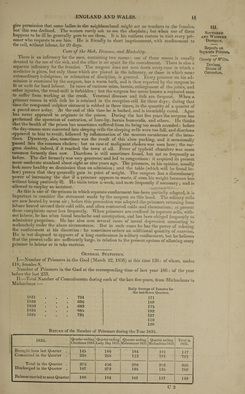 give permission that some ladies in the neighbourhood might act as teachers to the females, but this was declined. The women rarely ask to see the chaplain; but when one of them happens to be ill he generally goes to see them. It is his uniform custom to visit every pri¬ soner who requests to see him. He is friendly to short imprisonment, with confinement to the cell, without labour, for 20 days. Care of the Sick, Disease, and Mortality. There is an infirmary for the men, containing two rooms: one of these rooms is usually devoted to the use of the sick, and the other is set apart for the convalescent. There is also a separate infirmary for the females. The surgeon does not note down every case in which a medicine is given, but only those which are placed in the infirmary, or those in which some extraordinary indulgence, or relaxation of discipline, is granted. Every prisoner on his ad¬ mission is examined by the surgeon, has a warm bath, and is then reported by the surgeon as fit or unfit for hard labour. In cases of varicose yeins, hernia, enlargement of the joints, and other injuries, the tread-mill is forbidden ; but the surgeon has never known a ruptured man to suffer from working at the crank. Venereal diseases and itch are frequent. When a prisoner comes in with itch he is retained iii the reception-cell for three days; during that time the compound sulphur ointment is rubbed in three times, in the quantity of a quarter of a pound once a-day. At the end ol this time he is bathed, and is invariably cured. Ague has never appeared to originate in the prison. During the last five years the surgeon has performed the operation of castration, of hare-lip, hernia humoralis, and others. He thinks that the health of the prison has sometimes suffered from its being too much crowded : before the day-rooms were converted into sleeping cells the sleeping cells were too full, and diarrhoea appeared to him to result, followed by inflammation of the mucous membrane of the intes¬ tines. Dysentery, also, sometimes was the result of this close packing, and it occasionally passed into the common cholera; but no case of malignant cholera was seen here ; the sur¬ geon doubts, indeed, if it reached the town at all. Fever of typhoid character was more common formerly than now. Diarrhoea is still sometimes found, but not so frequently as before. The diet formerly was very generousyand led to congestions: it acquired its present more moderate standard about eight or nine years ago. The prisoners, in his opinion, usually look more healthy on dismission than on admission ; and the table (which will be found be¬ low) proves that they generally gain in point of weight. The surgeon .has a discretionary power of increasing the diet if a prisoner appears to waste, if even his weight becomes less without being positively ill. He visits twice a-week, and more frequently if necessary ; and is allowed to employ an assistant. . v jH : As this is one of the prisons in which separate confinement has been partially adopted, it is important to consider the statement made by the surgeon on this head. The solitary cells are now heated by warm air; before this precaution was adopted the prisoners returning from labour heated entered their cold cells, and often contracted colds and rheumatism: at present these complaints occur less frequently. When prisoners are confined in separate cells, with¬ out labour, he has often found headache and constipation, and has been obliged frequently to administer purgatives. He has also seen several cases of moral depression amounting to melancholy under the above circumstance. But in such cases he has the power of relaxing the confinement at his discretion: he sometimes orders an additional quantity of exercise! He is not disposed to approve of a long continuance in solitary confinement, but he believes that the piesent cells are sufficiently large, in relation to the present system of allowin0 every prisoner to labour or to take exercise. . . . ° III. Southern and Western District. Reports on Separate Prisons* County of Wilts, Devizes. House of Correction. General Statistics. I.—Number of Prisoners in the Gaol (March 22, 1836) at this time 126: of whom, males 118, females 8. Number of Prisoners in the Gaol at the corresponding time of last year 186 : of the year before the last 233. & J J II-—Total Number of Commitments during each of the last five years, from Michaelmas to Michaelmas :— * Daily Average of Inmates for the last Seven Quarters. 1831 • • 724 • 171 1832 • • 696 189 1833 # • 683 175 1834 • • 885 • 4 182 1835 • « 791 < 127 110 128 Return of the Number of Prisoners during the Year 1835. 1835. Quarter ending Christmas 1834. Quarter ending | Quarter ending Lady Day 1835. Midsummer 1835. Quarter ending Michaelmas 1835. Total in 1835. Brought from last Quarter 145 188 184 101 147 Committed in the Quarter 230 268 112 181 791 Total in the Quarter . 375 456 296 282 938 Discharged in the Quarter . 187 272 195 135 7S9 Balance carried to next Quarter 188 184 101 147 149 C 2