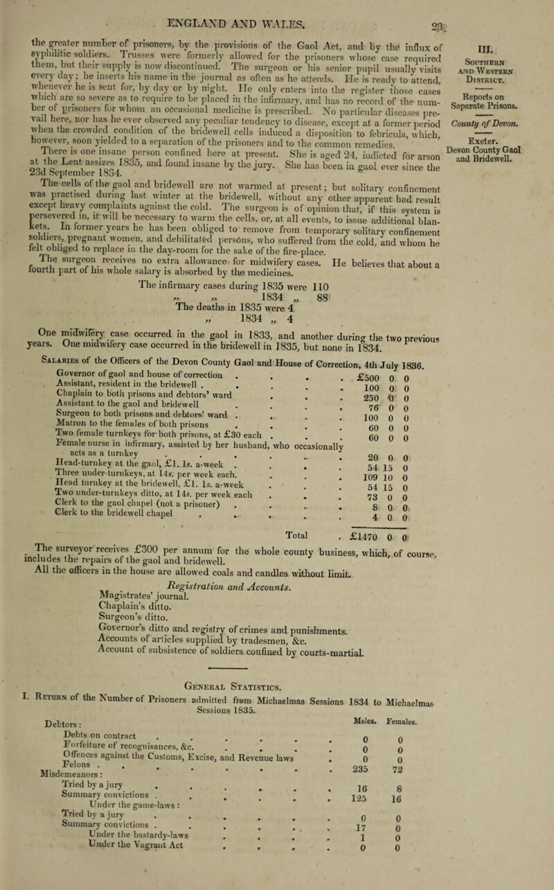 23'; the greater number of prisoners, by the provisions of the Gaol Act, and by the influx of syphilitic soldiers. Trusses were formerly allowed for the prisoners whose case required them, but their supply is now discontinued. The surgeon or his senior pupil usually visits every day; he inserts his name in the journal as often as he attends. He is ready to attend whenever he is sent for, by day or by night. lie only enters into the register those cases which are so severe as to require to be placed in the infirmary, and has no record of the num¬ ber of prisoners for whom an occasional medicihe is prescribed. No particular diseases pre¬ vail here, nor lias he ever observed any peculiar tendency to disease, except at a former period when the crowded condition of the bridewell cells induced a disposition to febricula, which however, soon yielded to a separation of the prisoners and to the common remedies. There is one insane person confined here at present. She is aged 24, indicted for arson 23d Se^temberS18e341835, ^ f°Und mSane ^ ^ JUiy* She haS beeu in gaoi ever since the The cells of the gaol and bridewell are not warmed at present; but solitary confinement, was practised during last winter at the bridewell, without any other apparent bad result except heavy complaints against the cold. The surgeon is of opinion that, if this system is persevered m, it will be necessary to warm the cells, or, at all events, to issue additional blan¬ kets. In former years he has been obliged to remove from temporary solitary confinement soldiers, pregnant women, and debilitated persons, who suffered from the cold, and whom he felt obliged to replace m the day-room for the sake of the fire-place. The surgeon receives no extra allowance for midwifery cases. He believes that about a iourtn part of Ins whole salary is absorbed by the medicines. The infirmary cases during 1835 were 110 » „ 1834 „ 88( The deaths in 1835 were 4 1834 „ 4 * « One midwifery case occurred in the gaol in 1833, and another during the two previous years. One midwifery case occurred in the bridewell in 1835, but none in 1834. Salaries of the Officers of the Devon County Gaol and House of Correction, 4th July 1836. Governor of gaol and house of correction Assistant, resident in the bridewell . Chaplain to both prisons and debtors’ ward Assistant to the gaol and bridewell Surgeon to both prisons and debtors’ ward . Matron to the females of both prisons Two female turnkeys for both prisons, at £30 each . Female nurse in infirmary, assisted by her husband, who oc( acts as a turnkey Head-turnkey at the gaol, £l. Is. a-week . Three under-turnkeys, at 14s. per week each. Head turnkey at the bridewell, £l. Is. a-week Two under-turnkeys ditto, at 14s. per week each Clerk to the gaol chapel (not a prisoner) Clerk to the bridewell chapel . Total asionally £500 100 250 76 100 60 60 20 54 109 54 73 8 4 0 0 $ 0 0 0 0 0 15 10 15 0 0 0 0 0 0 0 0 0 0 0 0 0 0 0 0 0 . £1470 0 0 The surveyor receives £300 per annum for the whole county business, which, of course includes the repairs of the gaol and bridewell. ’ All the officers in the house are allowed coals and candles without limit. Registration and Accounts. Magistrates’ journal. Chaplain’s ditto. Surgeon’s ditto. Governor s ditto and registry of crimes and punishments. Accounts of articles supplied by tradesmen, &c. Account of subsistence of soldiers confined by courts-martial. III. Southern and Western District. Reports on Separate Prisons. County of Devon. Exeter. Devon County Gaol and Bridewell. I. General Statistics. Return of the Number of Prisoners admitted from Michaelmas Sessions 1834 to Michaelmas Sessions 1835. Debtors : Debts on contract Forfeiture of recognisances, &c. Offences against the Customs, Excise, and Revenue laws Felons . Misdemeanors: Tried by a jury Summary convictions . Under the game-laws : Tried by a jury o j j j, • • • * summary convictions .... Under the bastardy-laws ... Under the Vagrant Act . , Males, Females. 0 0 0 0 0 0 235 72 16 8 125 16 0 0 17 0 1 0