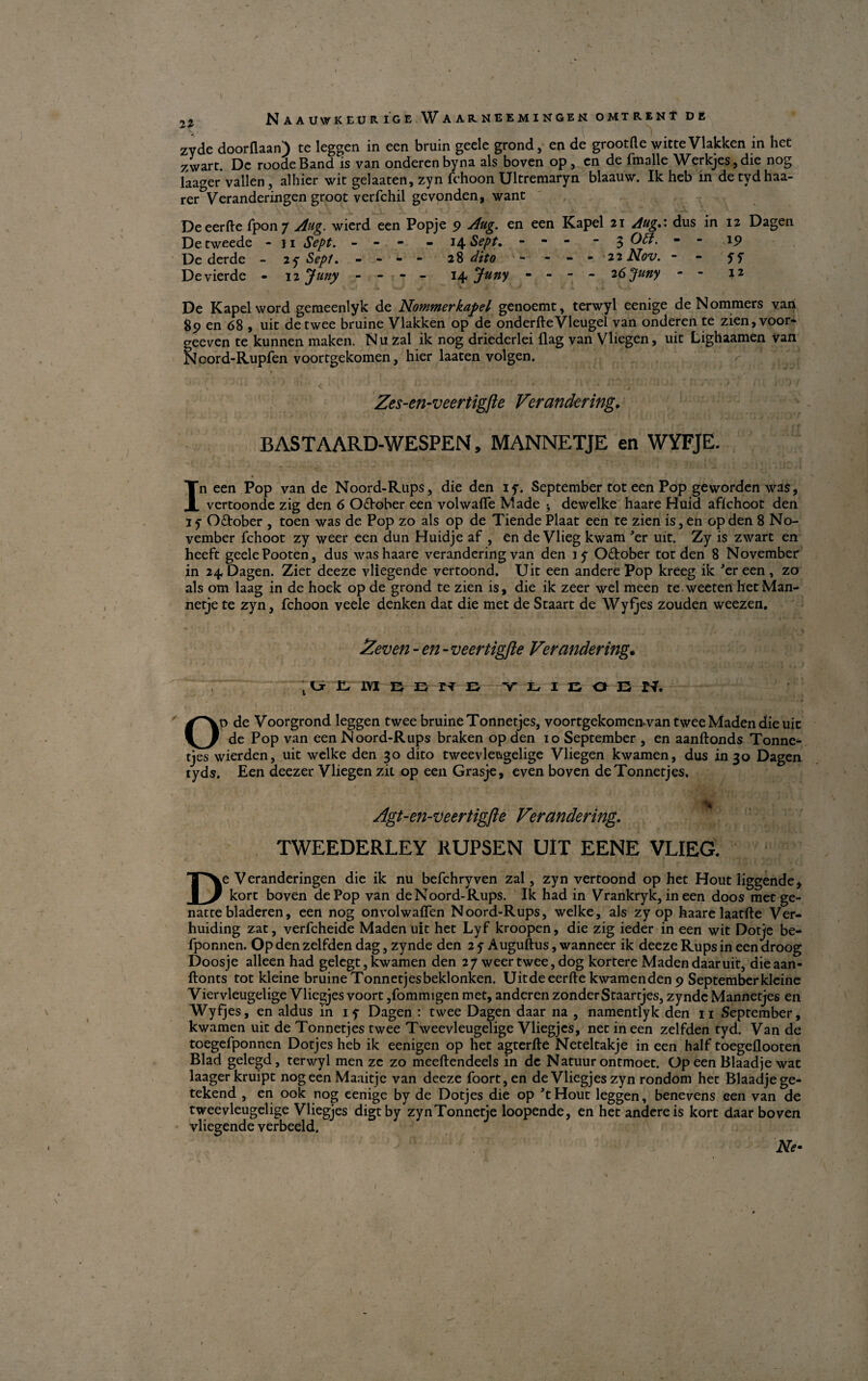 zyde doorflaan) te leggen in een brum geele grond, en de grootfte witteVlakken in het zwart. De roode Band is van onderen byna als boven op, en de fmalle Werkjes,die nog laager’vallen, alhier wit gelaaten, zyn fdioon Ultremaryn blaauw. Ik heb indetydhaa- rer Veranderingen groot verfchil gevonden, want Deeerfte fpon7 Aug. wierd een Popje 9 Aug. en een Kapel 21 Aug.'. dus in 12 Dagen Detweede - 11 Sept. - - - - 14 Sept. - - - -3 O fif. - - 19 De derde - 25 Sepi. - - - - 28 dito - - - - 22 Nov. - - yy Devierde - 12 Juny - - - - 14 Juny - - - - 26 Juny - - De Kapel word gemeenlyk de Nominer kapel genoemt, terwyl eenige deNommers van 89 en 68 , uit detwee bruine Vlakken op de onderfteVleugel van onderen te zien, voor- feeven te kunnen maken. Nu zal ik nog driederlei flag van Vliegen, uit Lighaamen van Joord-Rupfen voortgekomen, hier laaten volgen. Zes-en-veertigfle Verandering. BASTAARD-WESPEN, MANNETJE en WYFJE. In een Pop van de Noord-Rups, die den iy. September tot een Pop geworden was, vertoonde zig den 6 Odfober een volwafle Made •, dewelke haare Huid aflchoot den iy O&ober , toen was de Pop zo als op de Tiende Plaat een te zien is, en op den 8 No¬ vember fchoot zy weer een dun Huidje af , en de Vlieg kwam Jer uit. Zy is zwart en heeft geele Pooten, dus was haare verandering van den iy O&ober torden 8 November in 24 Dagen. Ziet deeze vliegende vertoond. Uit een andere Pop kreeg ik ’er een , zo als om laag in de hoek op de grond te zien is, die ik zeer wel meen te weetert het Man- netje te zyn, fchoon veele denken dat die met de Staart de Wyfjes zouden weezen. Zeven - en - veertigfie Verandering* f 1VI E E N D V L I G O E T-T. de Voorgrond leggen twee bruine Tonnetjes, voortgekomeivvan twee Maden die uic de Pop van een Noord-Rups braken op den 10 September , en aanftonds Tonne¬ tjes wierden, uit welke den 30 dito tweevleugelige Vliegen kwamen, dus in 30 Dagen tyds. Een deezer Vliegen zit op een Grasje, even boven de Tonnetjes. Agt-en-veertig[ie Verandering. TWEEDERLEY RUPSEN UIT EENE VLIEG. De V eranderingen die ik nu befchryven zal, zyn vertoond op het Hout liggende, kort boven de Pop van de Noord-Rups. Ik had in Vrankryk, in een doos met ge- natte bladeren, een nog onvolwaflen Noord-Rups, welke, als zy op haare laatfte Ver- huiding zat, verfcheide Maden uit het Lyf kroopen, die zig ieder in een wit Dotje be- fponnen. Op den zelfden dag, zynde den 2 y Åuguftus, wanneer ik deeze Rups in een droog Doosje alleen had gel cgt, kwamen den 27 weer twee, dog kortere Maden daar uit, dieaan- ftonts tot kleine bruine Tonnetjes beklonken. Uit deeerfte kwamen den 9 September kleine Viervleugelige Vliegjes voort ,fommigen met, anderen zonderStaartjes, zynde Mannetjes en Wyfjes, en aldus in 1 y Dagen : twee Dagen daar 11a , namentlyk den 11 September, kwamen uit de Tonnetjes twee Tweevleugelige Vliegjes, net in een zelfden tyd. Van de toegefponnen Dotjes heb ik eenigen op het agterfte Neteltakje in een half toegeflooten Blad gelegd, terwyl men zc zo meeftendeels in de Natuur ontmoet. Op een Blaadje wat laager kruipt nog een Maaitje van deeze foort, en de Vliegjes zyn rondom het Blaadje ge- tekend , en ook nog eenige by de Dotjes die op ’tHout leggen, benevens een van de tweevleugelige Vliegjes digt by zynTonnetie loopende, en het andereis kort daar boven vliegende verbeeld. Ne- \