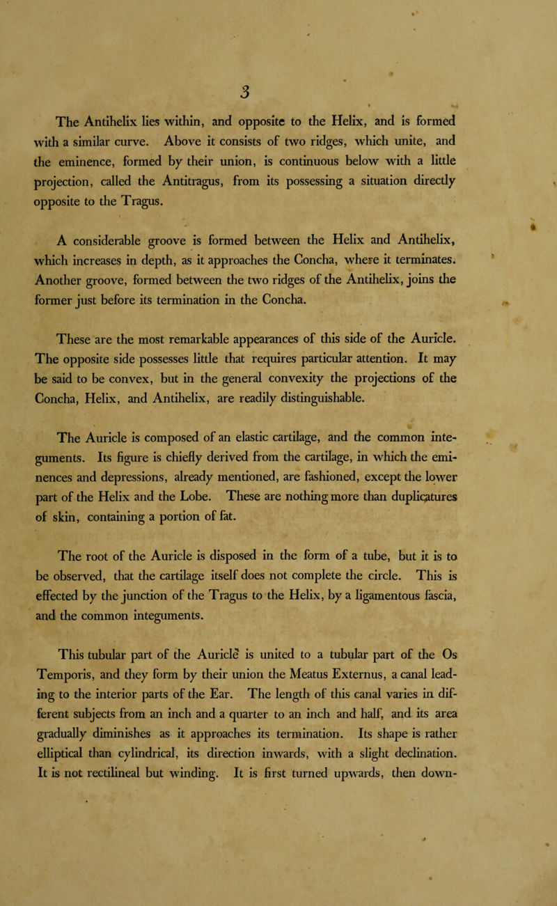 The Antihelix lies within, and opposite to the Helix, and is formed with a similar curve. Above it consists of two ridges, which unite, and the eminence, formed hy their union, is continuous below with a little projection, called the Antitragus, from its possessing a situation directly opposite to the Tragus. A considerable groove is formed between the Helix and Antihelix, which increases in depth, as it approaches the Concha, where it terminates. Another groove, formed between the two ridges of the Antihelix, joins the former just before its termination in the Concha. These are the most remarkable appearances of this side of the Auricle. The opposite side possesses little that requires particular attention. It may be said to be convex, but in the general convexity the projections of the Concha, Helix, and Antihelix, are readily distinguishable. The Auricle is composed of an elastic cartilage, and the common inte¬ guments. Its figure is chiefly derived from the cartilage, in which the emi¬ nences and depressions, already mentioned, are fashioned, except the lower part of the Helix and the Lobe. These are nothing more than duplicatores of skin, containing a portion of fat. The root of the Auricle is disposed in the form of a tube, but it is to be observed, that the cartilage itself does not complete the circle. This is effected by the junction of the Tragus to the Helix, by a ligamentous fascia, and the common integuments. This tubular part of the Auricle is united to a tubular part of the Os Temporis, and they form by their union the Meatus Externus, a canal lead¬ ing to the interior parts of the Ear. The length of this canal varies in dif¬ ferent subjects from an inch and a quarter to an inch and half, and its area gradually diminishes as it approaches its termination. Its shape is rather elliptical than cylindrical, its direction inwards, with a slight declination. It is not rectilineal but winding. It is first turned upwards, then down-