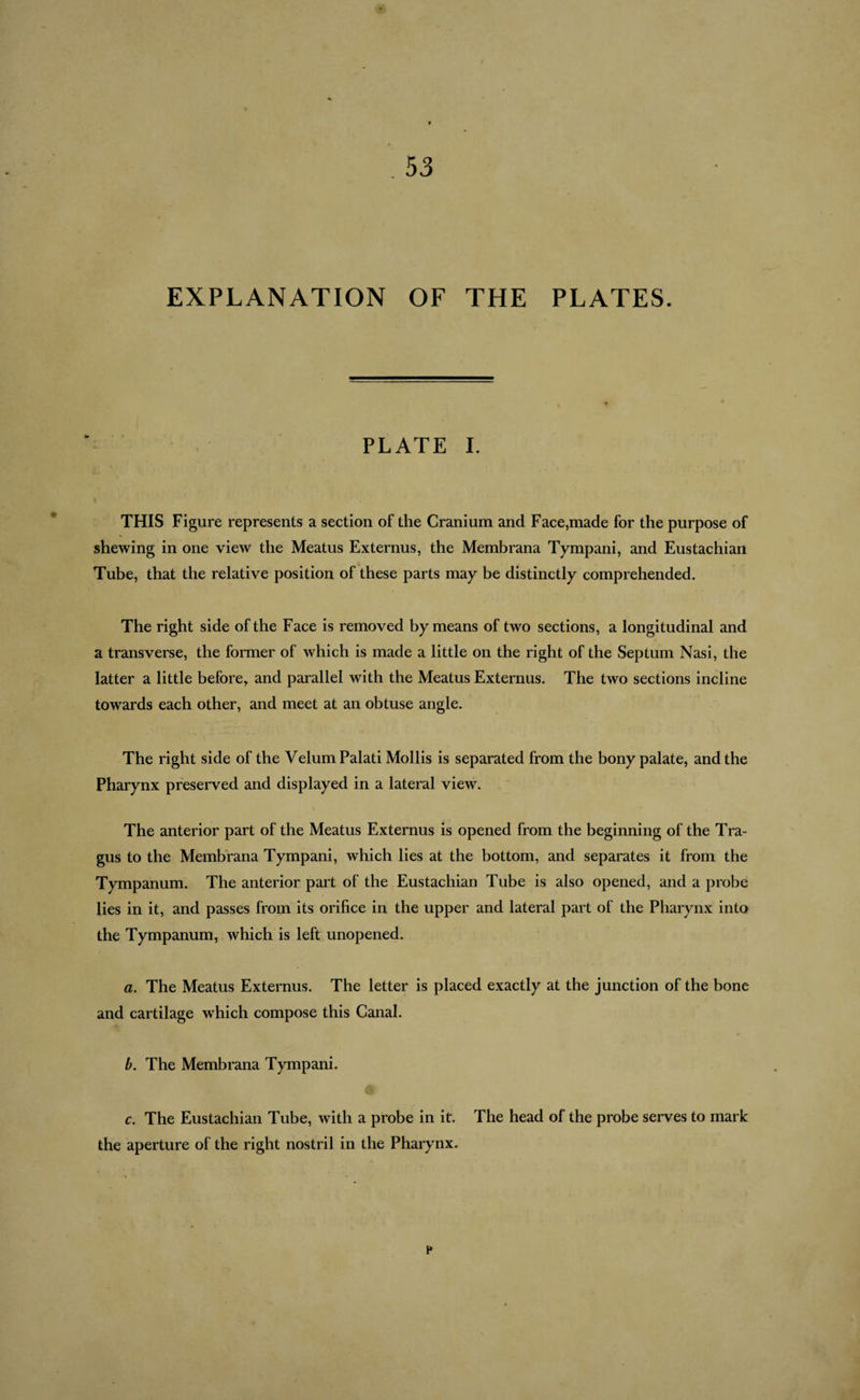 EXPLANATION OF THE PLATES. PLATE I. THIS Figure represents a section of the Cranium and Face,made for the purpose of shewing in one view the Meatus Externus, the Membrana Tympani, and Eustachian Tube, that the relative position of these parts may be distinctly comprehended. The right side of the Face is removed by means of two sections, a longitudinal and a transverse, the former of which is made a little on the right of the Septum Nasi, the latter a little before, and parallel with the Meatus Externus. The two sections incline towards each other, and meet at an obtuse angle. The right side of the Velum Palati Mollis is separated from the bony palate, and the Pharynx preserved and displayed in a lateral view. The anterior part of the Meatus Externus is opened from the beginning of the Tra¬ gus to the Membrana Tympani, which lies at the bottom, and separates it from the Tympanum. The anterior part of the Eustachian Tube is also opened, and a probe lies in it, and passes from its orifice in the upper and lateral part of the Pharynx into the Tympanum, which is left unopened. a. The Meatus Externus. The letter is placed exactly at the junction of the bone and cartilage which compose this Canal. b. The Membrana Tympani. c. The Eustachian Tube, with a probe in it. The head of the probe serves to mark the aperture of the right nostril in the Pharynx. p