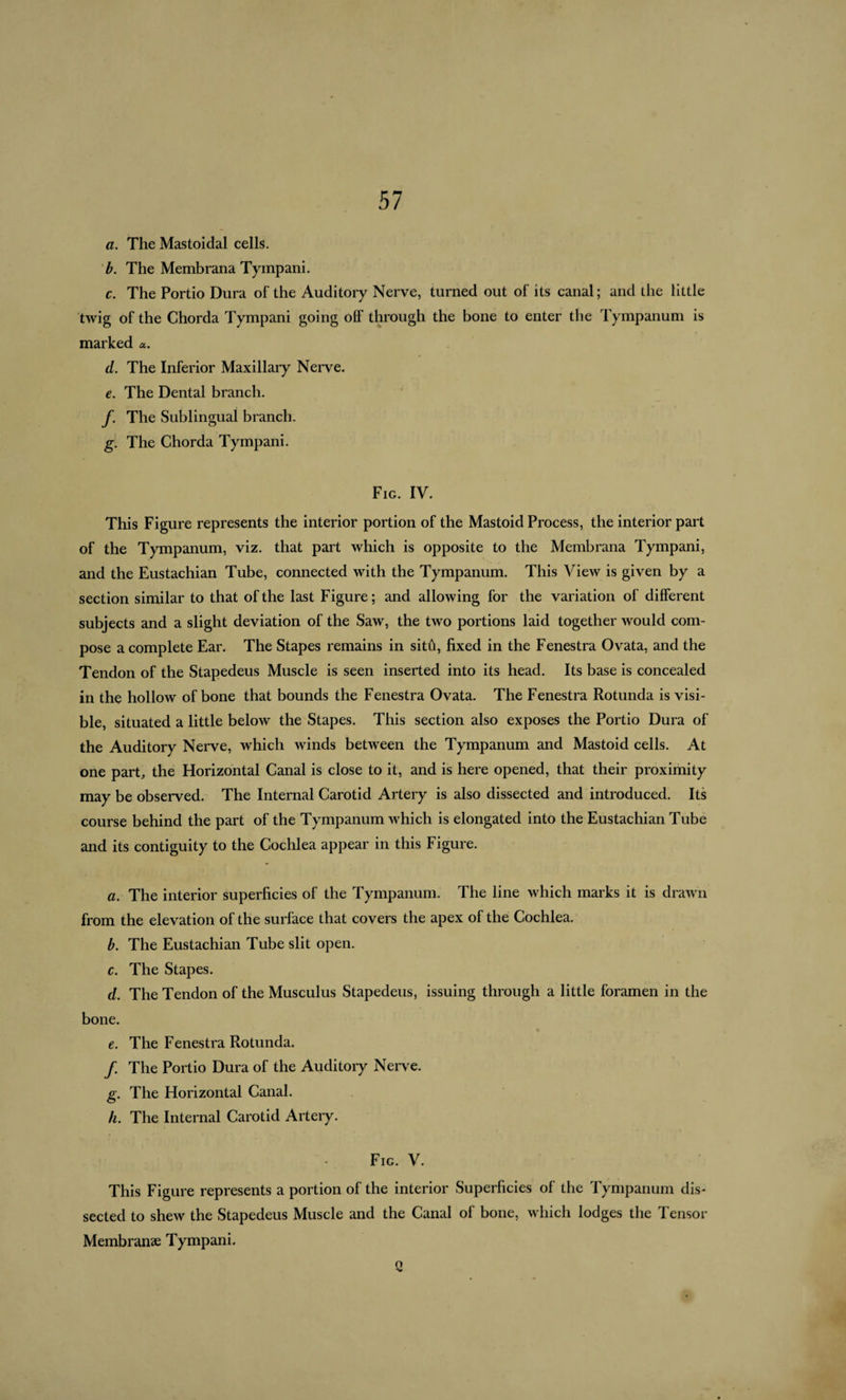 a. The Mastoidal cells. b. The Membrana Tympani. c. The Portio Dura of the Auditory Nerve, turned out of its canal; and the little twig of the Chorda Tympani going off through the bone to enter the Tympanum is marked a. d. The Inferior Maxillary Nerve. e. The Dental branch. f. The Sublingual branch. g. The Chorda Tympani. Fig. IV. This Figure represents the interior portion of the Mastoid Process, the interior part of the Tympanum, viz. that part which is opposite to the Membrana Tympani, and the Eustachian Tube, connected with the Tympanum. This View is given by a section similar to that of the last Figure; and allowing for the variation of different subjects and a slight deviation of the Saw, the two portions laid together would com¬ pose a complete Ear. The Stapes remains in sith, fixed in the Fenestra Ovata, and the Tendon of the Stapedeus Muscle is seen inserted into its head. Its base is concealed in the hollow of bone that bounds the Fenestra Ovata. The Fenestra Rotunda is visi¬ ble, situated a little below the Stapes. This section also exposes the Portio Dura of the Auditory Nerve, which winds between the Tympanum and Mastoid cells. At one part, the Horizontal Canal is close to it, and is here opened, that their proximity may be observed. The Internal Carotid Artery is also dissected and introduced. Its course behind the part of the Tympanum which is elongated into the Eustachian Tube and its contiguity to the Cochlea appear in this Figure. a. The interior superficies of the Tympanum. The line which marks it is drawn from the elevation of the surface that covers the apex of the Cochlea. b. The Eustachian Tube slit open. c. The Stapes. d. The Tendon of the Musculus Stapedeus, issuing through a little foramen in the bone. e. The Fenestra Rotunda. /. The Portio Dura of the Auditory Nerve. g. The Horizontal Canal. h. The Internal Carotid Artery. Fig. V. This Figure represents a portion of the interior Superficies of the Tympanum dis¬ sected to shew the Stapedeus Muscle and the Canal of bone, which lodges the Tensor Membranae Tympani. o