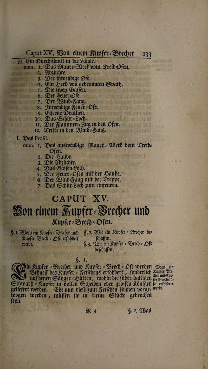 • t Caput XV. fSoti einem tupfet «SörecfKit 133 H. (Ein ©urcbfcbnitt in Cie gütige. num. 1. ©ciü 9Eftouer*2ßert com ©reib>0fen. 2. sibjitcpte. 3. ©er ütwenCige 0fe. 4. (Ein JperC reit gebrannten (Spati). s. ©ie jwep ©allen. 6. ©er §euer«0fe. 7. ©er 2BinC*gang. 8. 3muenCtge $eucr*0fe.. 9. (Eiferne ©raliiett. 10. ©aö <Scfmr«gocp. 11. ©er glammett «3ttg ln cen 0fen. 12. ©ritte in cen 2BinC«§ang. I. ©aö Profil. num. 1. ®as ausmenCige SOlauer * SSerf ccm ©reib« 0fen. 2. ®ic JDiutbe. 3. ©te abjücbte. 4. ©as ©affewgocf). s. ©er Leiter «0fen mit Cer-ipaube. 6. ©er 2ßinC-gang mit Cer ©reppe. 7. ©aü ©cfmr=gocp jum einfeuren. ... ‘ ivu.' .f, . *‘f ? ' -.1 CAPUT XV. on einem lupfet'Srccljer unb Tupfer «23re$*.©fem JLw V f §♦ L 28oju ein Tupfer * Q$rec^er unb §. 2♦ ^te ein Tupfer * Q3ve$er 6e* tupfet* ^3recj> * Oft evfofjbeit fcf;affen. werbe* §*3* ®te ein Tupfer * £$vecf) * Oft bef^affen* §♦ *♦ Sin Tupfer; ^reetjer unb tupfet * ^reefj * Ofe werben ©cpwarfc * Tupfer tu uolien ©Reiben ober großen Äomgen fe erfopbert geliefert wetten. ©f)e nun Ciefe jum griffen tonnen oorge* mtU- wogen werCen, muffen fte in fleitte ©tftctc gebrochen fepn. 9t 3 §. 2. <H$aö /