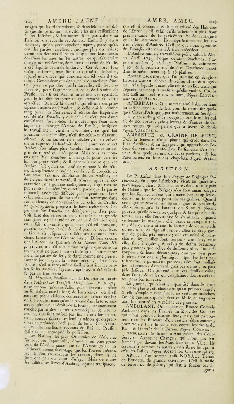 107 AMBRE JAUNE. nuages qui les obfcurciffent ; & dans lefquels on dif- tingue de petits animaux , dont les uns reffemblent à nos Infefles , & les autres font particuliers au Païs où on recueille cet Ambre. Enfin il y en a d’autres , qu’on peut appeller impurs, parce qu’ils ont des parties terreftres , quoique plus ou moins; parmi ces derniers il y en a qui ont leurs lames couchées les unes fur les autres : ce qui fait croire que ce nouvel Ambre, de même que celui de Pruffe, a été liquide avant de fe durcir. Cet Ambre, lors qu’on le frotte , mais fur tout quand on le brûle, répand une odeur qui annonce un fel volatil très fubtil. Cette odeur qui égale celle du meilleur Maf- tic, pour ne pas dire qui la furpaffe, eft fort in¬ férieure , pour l’agrément , à celle de l’Ambre de Pruffe ; mais fi cet Ambre lui cède à cet égard, il peut le lui difputer pour ce qui regarde fa vertu attraétive. Quant à la dureté, qui élit une des prin¬ cipales qualités de l’Ambre, Sc celle qui lui donne rang parmi les Pierreries, il réfulte des Expérien¬ ces de Mr. Sendelins , que celui-ci n’eft pas d’une confiffance fort folide. Il ajoute, que l’eau dans laquelle on plonge l’Ambre de Pruffe , lorfqu’en le travaillant il vient à s’échaufer, ce qu’il fait pourtant fans s’amollir, n’eft fur celui-ci d’aucune efficace, Sc ne fauroit en empêcher, ni en préve¬ nir la rupture. Il faudrait donc , pour rendre cet Ambre d’un ufage plus étendu , lui donner un de¬ gré de dureté qu’il n’a point. Mais tous les moy¬ ens que Mr. Sendelius a imaginés pour cela ne lui ont point réiiffi -, Sc il panche à croire que cet Ambre n’eff qu’un compofé de gomme Sc de réfi¬ ne. L’expérience a même confirmé fa conjecture : Car ayant fait une diffolution de cet Ambre , par de 1 efprit devin tartanfé, il trouva, après la dé¬ cantation , une gomme mellagineufe, à qui rien ne put rendre fa prémière dureté , parce que la partie réfineufe avoit été diffoute par l’opération. Tout cela , joint au peu de variété qu’on remarque dans fes couleurs, en compàraifon de celui de Pruffe, ne paroit»guéres propre à le faire rechercher. Ce¬ pendant Mr. Sendelius ne défefpére pas d’en pou¬ voir faire des verres ardens , à caufe de fa grande tranfparence; il a même eu, de la diffolution qu’il en a fait, un vernis , qui, parce qu’il eft nouveau, pourra peut-être fervir de fard pour le beau fexe. On a vû jufques ici différentes opinions tou¬ chant la nature de l’Ambre jaune. Difons encore que 1 Auteur du Spectacle de lu Nature Tom. III. p. 3 11. croit qu’il a la même origine que celle du jayet, qui ne parait autre chofe qu’un bitume noir mélé de parties de fer , Sc durci comme une pierre; 1 ambre jaune ayant la même odeur , même élec¬ tricité , c’eft-à-dire, même facilité à attirer les pail¬ les Sc les matières légères , après avoir été échauf¬ fé par le frottement. M. Hartman, Pruffien, dans fa Differtation qui ef dans Y Abrégé des Tranfatt. Fhilof. Tom. IV. p. 473 nous apprend qu’on ne l’alloit pas feulement cherche au fond de la mer le long de leurs côtes , où il ef emporté par la violence des tempêtes du bout des lit, où il s écoulé , mais qu’on le trouve dans la terre me me, en plufieurs endroits de la Pruffe , ordmairemen couché parmi des matières vitrioliques Sc biturrù neufes, qui font pofées par lits les uns fur les au ties , comme différentes feuilles minces qu’on pren' droit au prémier afpeét pour du bois. Cet Ambri eft un des meilleurs revenus du Roi de Pruffe qui s’en eft approprié la poffeffion. Les Nations les plus Orientales de l’Afie , S fur tout les Japonnois, donnent un plus gran< prix de 1 Ambre jaune que de l’Ambre gris ; il 1 eftiment même davantage que les Pierres précieu ies, fi 1 on en excepte les coraux, dont ils n< iont que peu ou point d’ufage. Mais de toute es différentes fortes d’Ambre, le jaune tranfparent AM BR. AMBU. 108 qui eft fi commun & fi peu eftimé des Habitans de l’Europe, eft celui qu’ils achètent à plus haut prix, à caufe de fa perfeéhon <3c de l’antiquité qu’ils lui attribuent. Ils méprifent toutes les au¬ tres efpèces d’Ambre. C’eft ce que nous aprenons de Kcempfer cité dans l’Article précédent. L’Ambre jaune , travaillé ou poli, valoità Alep en Avril 1734. Toque de 400 Drachmes, (ta¬ re de 10 a 20. ) 18 a 40 Piaftres , Sc enfuite 20 à 30 ; & le brut en rot de 600 Drachmes valoit dans le même tems 14 à 18 piaftres. Ambre liquide, que Ton nomme en Anglois Liquid-ambar. Efpece de refine claire & rougeâ¬ tre, très liquide quand elle eft nouvelle, mais qui s’épaifîît beaucoup à mefure qu’elle vieillit. On la met aufïï au nombre des baumes. Voyez Liquid- ambar, & Baume. AMBRE'ADE. On nomme ainfi l’Ambre faux ou factice dont on fe fert pour la traitte fur quel¬ ques Côtes d’Afrique , particuliérement au Sénégal. Il y en a de groffes rouges, dont le millier qui eft de 20. cordes, péfe 3 livres ; Sc d’autres de pe¬ tites rouges qui ne pèlent que 2 livres Sc demi. Voyez Veroterie. AMBRETTE, ou GRAINE DE MUSC. C eft la femence d’une plante qui croît dans les Illes Antilles, Sc en Egypte, qui approche de l’o¬ deur du véritable mufc. Les Parfumeurs s’en fer¬ vent dans quelques-uns de leurs parfums ; Sc les Patenotriers en font des chapelets. Voyez Abel- mosç. ADDITION. Le P. Lu bat dans fon Voyage de I Afrique Oc¬ cidentale, dit , que l’Ambrette vient en quantité , parfaitement bien , Sc fans culture, dans tout le pais de Galam ; que les Nègres n’en font aucun ufage; que les femmes même qui aiment beaucoup les o- deurs, ne fe fervent point de ces graines. Quand cette graine trouve un terrain gras Sc profond, elle croît jufqu’à la hauteur de 6 ou 7 pieds , pourvû qu’elle rencontre quelque Arbre pour la foû- tenir, alors elle l’environne Sc s’y attache ; quand ce fecours lui manque, elle tombe Sc rampe à ter- fe, dès qu’elle a atteint la hauteur de deux pieds ou environ. Sa tige eft ronde , affez tendre , gar¬ nie de petits jets rameux ; elle eft velue Sc blan¬ châtre ; fes feuilles font toûjours couplées, mais elles font inégales, Sc celles de deflus beaucoup plus grandes que celles de deffous ; elles font dé¬ coupées , Sc leurs découpures, quoique peu pro¬ fondes , font des angles aigus , qui les font pa¬ raître comme garnies de pointes 5 elles font mollaf- fe's, charnues, d’un verd guai par deflus , Sc plus pale deffous. On prétend que ces feuilles cuites dans 1 eau , Sc mifes en cataplafme, font excellen¬ tes pour les tumeurs. La graine, qui vient en quantité dans le fruit de cette plante, eft chaude jufqu’au prémier degré, Sc elle s’emploie avec fuccès en certaines maladies. On dit que ceux qui vendent du Mufc, en augmen¬ tent la quantité en y mêlant ces graines. AMBULAN T. On appelle en France Commis Ambulans dans les Fermes du Roi, des Commis qui n ont point de Bureau fixe, mais qui parcou¬ rent tous les Bureaux d’un certain département , pour voir s’il ne fe paffe rien contre les droits du Roi, Sc l’intérêt de la Ferme. Voyez Commis. Ambulant, fe ditauflï à Amfterdam , des Cour¬ tiers , ou Agens de Change , qui n’ont pas fait ferment par devant les Magiftrats de la Ville. Us travaillent comme les autres , mais ils ne font point crûs en Juftice. Voyez Agens de Change col. 53. AME, qu’on nomme auffi NOYAU. Terme de Fondeurs de grands ouvrages. C’eft la malle de terre, ou de plâtre, qui fert à former les fi¬ gures