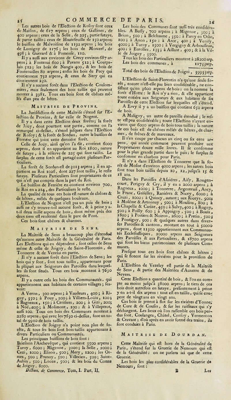 Les autres bois de l’Eleélion de Rofoy font ceux de Mai Ton , de 617 arpens ; ceux de Gaftines, de 400 arpens ; ceux de la Selle, de 223, partie futaye, ôc partie taillis; ceux de Hautefeuille de 150arpens; le buiffon de Malvoiline de 1192 arpens ; les bois de Lumigny de 1176; les bois de Morcerf, de 4.98 ; à Guerard & à Pomenfe, 110. Il y a auflî aux environs de Crecy environ 687 ar¬ pens ; à Fontenai 600 ; à Pavans 512; à Courpa- lais 512; les bois de Nangis 400, & les bois de Fontenailles 80 arpens; enfin les bois de Pecy qui contiennent 732 arpens, & ceux de Sitry qui en contiennent 230. 11 n’y a aucune forêt dans l’Eleéfion de Coulom- miers, mais feulement des bois taillis qui peuvent monter à 3981. Tous ces bois font de chênes mê¬ lés d’un peu de hêtre. Maîtrise de Provins. La Jurifdi&ion de cette Maîtrife s’étend fur l’E- leétion de Provins, & fur celle de Nogent. Il y a dans cette Eleétion deux forêts; la foret de Joüy, dont pourtant une partie, comme on l’a remarqué ci-deflus, s’étend jufques dans l’Eleétion de Rofoy ;& la forêt de Sordun, outre le buiffon de Ferrière qui joint cette dernière forêt. Celle de Joüy, ainfi qu’on l’a dit, contient 6000 arpens, dont il en appartient au Roi 1800, nature de futaye , à la réferve de 225 qui font taillis. Le furplus de cette forêt eft partagé entre plufieurs Par¬ ticuliers. La forêt de Sordun eft de 3013 arpens ; il en ap¬ partient au Roi 1026, dont 227 font taillis, le refte futaye. Plufieurs Particuliers font proprietaires de ce qui n’eft pas compris dans la part du Roi. Le builfon de Ferrière en contient environ 700, le Roi en a 214 , des Particuliers le refte. La qualité de tous ces bois eft nature de chênes ôc de hêtres, mêlés de quelques bouleaux. L’Eleéfion de Nogent n’eft pas un pais de bois ; auflî ne s’y trouve-t-il aucune forêt, ôc à peine y a- t-il deux mille arpens de bois, dont même près des rieux tiers eft renfermé dans le parc de Pont. Ces bois font chênes ôc charmes. Maîtrise de Sens. La Maîtrife de Sens a beaucoup plus d’étenduë qu’aucune autre Maîtrife de la Généralité de Paris. Les Elections qui en dépendent , font celles de Sens même âc celle de Joigny, de Saint-Florentin , de Tonnerre ôc de Vezelai en partie. Il n’y a aucune forêt dans l’Eleétion de Sens; les bois qui y font, font tous taillis , appartenans pour la plûpart aux Seigneurs des Paroiffes dans lesquel¬ les ils font fitués. Tous ces bois montent à 7^3° arpens. Il y a outre cela les bois des Communautés, qui appartiennent aux habitans de certains villages ; fca- voir: A Veron, 300 arpens ; à Vaudeurs , 400 ; à Ri- gny, 350; à Pouy , 200; à Villiers-Loüis, 100; à Bagneaux , 150 ; à Cerifiers, 200 ; à Gizi, 200; à Noé,aoo; à Molimont; 100; ôc à Villeperot, auflî 100. Tous ces bois des Communes montent à 2280 arpens , qui avec les 7530 ci-deflus, font un to¬ tal de 9910 de bois taillis. L’Eleétion de Joigny n’a point non plus de fo¬ rêts, 6c tous fes bois font bois taillis appartenans à divers Particuliers ou Communautés. Les principaux buiffons de bois font : Briefnon l'Archevêque , qui contient 3300 arpens ; Turny , 6000 ; Migenne , 3000 ; la Selle , 2000 ; Cezi, 1000 ; Efnon , 300 ; Mery , 1200 ; les Or¬ mes , 500 ; Prunoy, 500; Villecien, 500; Saint- Aubin , 500; Looze, 300; ôc les bois du Comte de Joigny, 8000. JDiftim, de Commerce, Tom, I. Part. II. Les bois des Communes font auflî très confidéra- bles. A Bufty , 700 arpens ; à Migenne, 30c ; à Brion, 300 ; à Belchaume , 330 : à Paroy en Othe, 100; a Anon , iyo ; a Arce, 400 ; à Vemfy, 4000 ; à Turny , 1300 ; à Vergigny ôc Arbouffeau, 400 ; à Eurolles , 133 ; à Aillant, 400 ; ôc à la Vil¬ le de Joigny , 3300. Tous les bois des Particuliers montent à 28200 arp. Les bois des communes, à 117333^. Total des bois de l’Eleftionde Joigni, 39933arp» a I*1 Elefhon de Saint-Florentin n’a qu’une feule fo¬ ret , encore n eft-elle pas bien confidérable , ne con- fiftant qu en 3600 arpens de bois ; on la nomme la forêt d Hotte : le Roi n’y a rien, ôc elle appartient toute entière aux Seigneurs ôc aux habitans de fix Paroiffes de cette Ele&ion fur lesquelles eft s’étend. A Ervy il y a un buifton qui contient 65o arpens de bois. A Maligny, un autre de pareille étendue ; le ref¬ te eft peu confidérable; toute l’Ele&ion n’ayant en¬ viron que 6000 arpens de bois tous taillis ; la nature de ces bois eft de chênes mêlés de hêtres, de char¬ mes , de frênes ôc de marceaux. Il s’en coupe par chacun an cinq ou fix cens ar¬ pens, qui année commune peuvent produire aux Proprietaires douze mille livres. Il fe confomme pour la plus grande partie dans le païs ; le furplus fe confomme en charbon pour Paris. a II n y a dans l’Eledion de Tonnerre que la fo¬ rêt de Mofne d’environ 4000 arpens ; les autres bois font tous bois taillis depuis 10, I2,jufqu’à 15 ÔC 18 ans. Dans les Paroiffes d’Afniéres, Aify, Rougen- court, Perigny ôc Cry, il y en a 2000 arpens ; à Ragneux , 1000 ; à Tonnerre , Argenteuil, Ancy, le Franc, Grifelles, Raniéres ôc Nicey, 6000; à Cruzi, 1000 ; à Quincy, autant ; aux Riceys, 900; à Molême ôc Artonnay , 300 ; à Moulins , 800 ; à la Chapelle ôc Carize, 430 ; à Sulvy, 400 ; à Rugny, 500; à Poilly. 600 ; à Appoigny , 300 ; à Bouis , 1800 ; à Poitiers ôc Noiron , 2600; à Pretin , 500; à Pontigny, 900; ôc quelques autres dans diver- fes Paroiffes & cantons, montant en tout à 30000 arpens, dont 11300 appartiennent aux Communau¬ tés Ecclefiaftiques, 20000 arpens aux Seigneurs des Paroiffes ôc aux Particuliers, ôc 18700 arpens qui font les biens patrimoniaux de plufieurs Com¬ munes. Prefque tous ces bois font chênes ôc hêtres ; qui fe flotent fur les rivières pour la provifion de Paris. L’Ele&ion de Vezelay eft partie de la Maîtrife de Sens , ôc partie des Maîtrifes d’Auxerre ôc de Nevers. Cette Election a quantité de bois, ôc l’on en com¬ pte au moins jufqu’à 38000 arpens ; le tiers de ces bois étoit autrefois en futaye, préfente ment à peine y en a-t-il dix arpens : tout eft en taillis, qui fe cou-- pent de vingt ans en vingt ans. Ces bois fe jettent à flot fur les rivières d’Yonne^ de Cure ôc de Coufin, ôc fur les ruiffeaux qui s’y déchargent. Les lieux où l’on raffemble ces bois per¬ dus font, Coulanges, Châtel, Cenfoy , Vermenton ôc Cravant ; d’où après en avoir formé des trains, ils font conduits à Paris. Maîtrise de Dourdan. Cette Maîtrife qui eft hors de la Généralité de Paris, s’étend fur la Gruerie de Nemours qui eft de la Généralité : on ne parlera ici que de cette Gruerie. Les bois les plus confidérables de la Gruerie d« Nemours, font : B Les