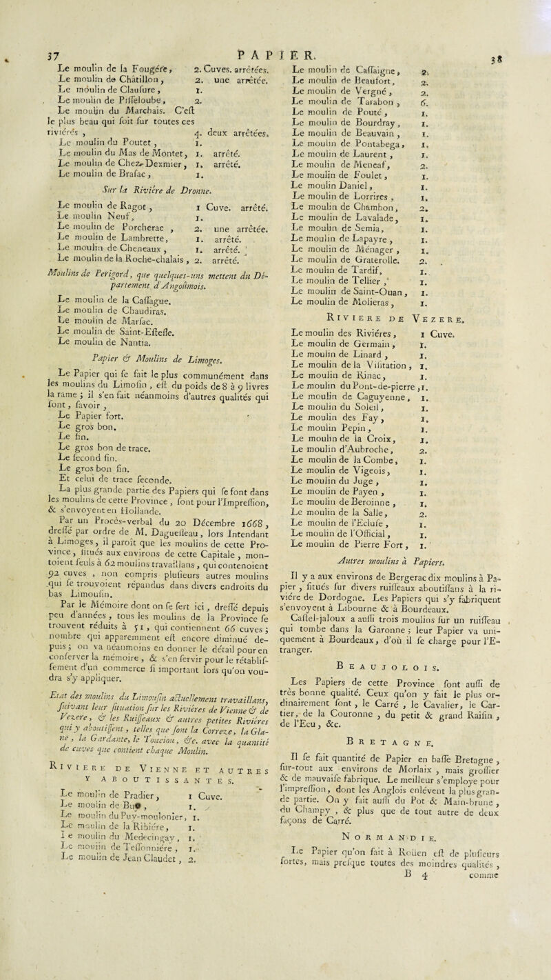 37 Le moulin de la Fougcrë, Le moulin de Châtillon, Le môulin de Claufure , Le moulin de Pfifeloube, Le moulin du Marchais. C’eft le plus beau qui foit fur toutes ces riviére's , Le moulin du Poutet , Le moulin du Mas de Montet, Le moulin de Chez*-Dexmier , Le moulin de Brafac , P A P 2. Cuves, arrêtées, 2. une arrêtée. 1. 2. 4- i. i. i. i. deux arrêtées. arrête. arrêté. Sur la Rivière de Drenne. arrête. i Cuve. i. une arrêtée, arrêté, arrêté. -3 arrêté. 2. I. I. Le moulin de Ragot , Le moulin Neuf, Le moulin de Porcherac Le moulin de Lambrette, Le moulin de Cheneaux , Le moulin de la Roche-chalais , 2. Moulins de Périgord, que quelques-uns mettent du Dé¬ partement d Angoûmois. Le moulin de la Cafiague. Le moulin de Chaudiras. Le moulin de Marfac. Le moulin de Saint-Efiefie. Le moulin de Nantia. Papier & Moulins de Limoges. Le Jrapier qui fe fait le plus communément dans les mouiins du Limolîn , eft du poids de 8 à 9 livres la rame 3 il s’en fait néanmoins d’autres qualités qui font, favoir , Le Papier fort. Le gros bon. Le fin. Le gros bon de trace. Le fécond fin. Le gros bon fin. Et celui de trace fécondé. La plus grande partie des Papiers qui fe font dans les moulins de cette Province , font pour l’Impreffion, & s’envoyenten Hollande. Par un Procès-verbal du 20 Décembre 1668, drefie par ordre de AI. Daguelîeau , lors Intendant à Limoges, il paroit que les moulins de cette Pro¬ vince , luues aux environs de cette Capitale , mon- totent ieuls à 62 moulins travaillans , qui contenoient 92, cuves , non compris plulîeurs autres moulins .qui le trouvoient répandus dans divers endroits du bas Limoufin. Par le Mémoire dont on fe fert ici, drefie depuis peu d’années , tous les moulins de la Province fe trouvent réduits à 51, qui contiennent 66 cuves 3 11 oinore qui apparemment eft encore diminué de¬ puis 3 on va néanmoins en donner le détail pour en conferver la mémoire , & s’en fervir pour le rétablif- fement d’un commerce fi important lors qu’on vou¬ dra s’y appliquer. Etat des moulins du Limoufin actuellement travaillans, f avant leur fituation fur les Rivières de Vienne & de Vezere, éf les Ruijfeaux G autres petites Rivières qui y aboutirent y telles que font la Correze, la Gla¬ ne , la Gardante, le Touciou, &c. avec la quantité de cuves que contient chaque Moulin. Riviere de Vienne et autres y aboutissantes. Le mouhn de Pradier, 1 Cuve. Le moulin de , 1. Le moulin du Puy-moulonier, 1. Le moulin de la Ribière, 1. I e moulin du Medecingay, 1. Le mouiïn de Tefionniére , j. Le moulin de Jean Claudet, 2. E R, Le moulin de Cafiaigne, 2-, Le moulin de Beaufort, 2, Le moulin de Vergné , 2. Le moulin de Tarabon , 6. Le moulin de Pouté , I. Le moulin de Bourdray, I. Le moulin de Beauvain , I. Le moulin de Pontabega, I. Le moulin de Laurent , I. Le moulin de Meneaf, 2, Le moulin de Foulet, I. Le moulin Daniel, I. Le moulin de Lorrires , I. Le mouhn de Chambon, 2. Le moulin de Lavaîade, I. Le moulin de Semia, I. Le moulin de Lapayre , I. Le moulin de Aiénager , I. Le moulin de Graterolle. 2. Le moulin de Tardif, J. Le moulin de Tellier f I. Le moulin de Saint-Ouan , I. Le moulin de Alolieras , I. Riviere de Vezer Le moulin des Rivières, i Cuve. Le moulin de Germain , 1. Le mouhn de Linard , 1. Le moulin delà Viiitation, 1. Le moulin de Rïnac, 1. Le moulin du Pont-de-pierre H. Le moulin de Caguyenne, 1. Le moulin du Soleil, I. Le moulin des Fay, I. Le moulin Pépin , 1. Le moulin de la Croix, I. Le moulin d’Aubroche, 2. Le moulin de la Combe, I. Le moulin de Vigeois, I. Le moulin du Juge , I. Le moulin de Payen , I. Le moulin de Beroinne , J. Le moulin de la Salle, 2. Le moulin de TEclufe , I. Le moulin de l’Official, I. Le moulin de Pierre Fort, I. Autres moulins à Papiers. _ Il y a aux environs de Bergerac dix moulins à Pa¬ pier , fitués fur divers ruifieaux aboutillans à la ri¬ vière de Dordogne. Les Papiers qui s’y fabriquent senvoyent à Libourne & à Bourdeaux. Caftel-jaloux a aulli trois moulins fur un ruifieau qui tombe dans la Garonne 5 leur Papier va uni¬ quement à Bourdeaux, d’où il fe charge pour l’E¬ tranger. Beaujolois. Les Papiers de cette Province font aulfi de très bonne qualité. Ceux qu’on y Lit ie plus or¬ dinairement font , le Carré , le Cavalier, le Car¬ tier de la Couronne , du petit & grand Raifin 3 de l’Ecu, &c. Bretagne. Il fe fait quantité de Papier en baffe Eretagne , fur-tout aux environs de Morlaix , mais grofiier éc de mauvaife fabrique. Le meilleur s’employe pour l’imprefiîon, dont les Anglois enlèvent la plus gran¬ de paitie. On y fait aufli du Pot ôc Alain-brune , du Champy , & plus que de tout autre de deux façons de Carré. Normandie, Le Papier qu on fait a Roüen efi de plufieurs fortes, mais prefque toutes des moindres qualités ,