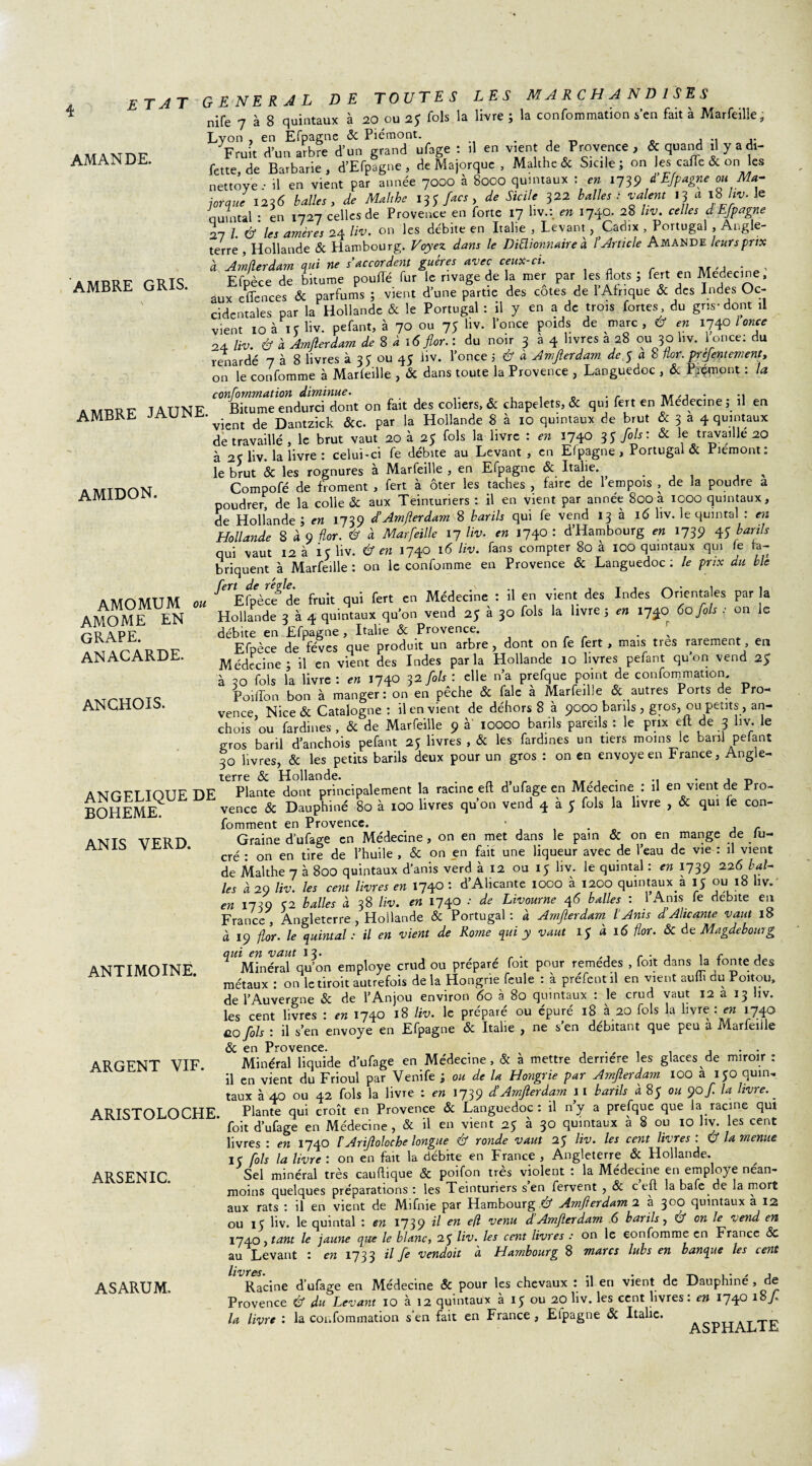 AMANDE. AMBRE GRIS. AMBRE JAUNE AMIDON. AMOMUM AMOME EN grape. anacarde. ANCHOIS. ou ANGELIQUE DE BOHEME. ANIS VERD. general de toutes les marchandises nife 7 à 8 quintaux à 20 ou 2$ fols la livre ; la confommation s’en fait à Marfeille, Lyon , en Efpagne & Piémont. , ,. Fruit d’un arbre d'un grand ufage : ,1 en vient de Provence , & quand il y a d.- fette, de Barbarie, d’Efpagne, de Majorque , Malthc& Sicile; on les caffe & on les nettoye • il en vient par année 7000 à 8000 quintaux : en 1739 d EJpagne ou Ma- inouïe 1236 balles, de Mahhe 13 J >« , de Sicile 322 balles: valent 13 «18/lu. le auintal : en 1727 celles de Provence en forte 17 llv.:. en 1740. 28 liv. celles d Efpagne 27 /. Cf les amères 24 liv. on les débite en Italie , Levant, Cadix , Portugal , Angle¬ terre , Hollande & Hambourg. Voyez dans le DiElionnaire à l’Article Amande leurs prix à Amjlerdam qui ne s’accordent guéres avec ceux-ci. , , Efpèce de bitume poufté fur le rivage de la mer par les flots ; fert en Medecine, aux effences & parfums ; vient d une partie des côtes de l’Afrique & des Indes Oc¬ cidentales par la Hollande & le Portugal : il y en a de trois fortes du gris-dont il vient ioà içliv. pefant, à 70 ou 75 liv. l’once poids de marc, é1 en 1740 l once 24 liv. & à Amfterdam de 8 k 16 far. : du noir 3 à 4 livres à 28 ou 30 liv. ) once: du renardé 738 livres à 35 ou 45 liv. l’once ; Cf à Amjlerdam de 5 a b îlor. prêjentement, on le confomme à Marfeille , & dans toute la Provence , Languedoc , & Prémont : la f“£rrn£iînt on fait des coliers, & chapelets, & qui fert en Médecine ; il en vient de Dantzick &c. par la Hollande 8 à 10 quintaux de brut & 3 a 4 quintaux de travaillé , le brut vaut 20 à 25 fols la livre : en 1740 35 f°Jf: & 11ectr?ivadle 20 à 2c liv. la livre : celui-ci fe débité au Levant , en Efpagne * Portugal oc Piémont» le brut & les rognures à Marfeille , en Efpagne & Italie. . , . , , Compofé de froment , fert à ôter les taches , faire de 1 empois , de la poudre a poudrer, de la colle & aux Teinturiers : il en vient par année 800 à 1000 quintaux, de Hollande; en 1739 d’Amjlerdam 8 barils qui fe vend 13 à 16 liv. le quintal : en Hollande 8 à 9 üor. & à Marfeille 17 liv. en 1740 : d’Hambourg en 1739 4$ barils qui vaut 12 à I C liv. & en 1740 16 liv. fans compter 80 à IOO quintaux qui fe fa¬ briquent à Marfeille : on le confomme en Provence & Languedoc ; le prix du ble ^Efoècefde fruit qui fert en Médecine : il en vient des Indes Orientales par la Hollande 3 à 4 quintaux qu’on vend 25 à 30 fols la livre j en 1740 60 fols : on le débite en Efpagne, Italie & Provence. . ' Efpèce de fèves que produit un arbre , dont on fe fert , mais très rarement, en Médecine; il en vient des Indes parla Hollande 10 livres pefant qu’on vend 25 à 20 fols la livre : en 1740 32 fols : elle n’a prefque point de confommation. Poiffon bon à manger: on en pêche & fale à Marfeille & autres Ports de Pro¬ vence Nice & Catalogne : il en vient de déhors 8 à 9000 barils , gros, ou petits, an¬ chois ou fardines, & de Marfeille 9 à 10000 barils pareils : le prix eft de 3 hv. le gros baril d’anchois pefant 25 livres, & les fardines un tiers moins le baril pelant 30 livres, & les petits barils deux pour un gros : on en envoyé en France, Angle¬ terre & Hollande. . „ „ _ . .. . . t, Plante dont principalement la racine eft d ufage en Medecine : il en vient de Pro¬ vence & Dauphiné 80 à 100 livres qu’on vend 4 à 5 fols la livre , & qui fe con- fomment en Provence. ANTIMOINE. ARGENT VIF. MUllICJLll vil JL 1 w v ^ 1 /• Graine d’ufage en Médecine, on en met dans le pain & on en mange de fu- cré: on en tire de l’huile , & on en fait une liqueur avec de l’eau de vie : il vient de Malthe 7 à 800 quintaux d’anis verd à 12 ou 15 liv. le quintal : en 1739 22<5 bal¬ les à 29 liv. les cent livres en 1740 : d’Alicante 1000 à 1200 quintaux a IJ ou 18 hv. en 1739 Ç2 balles à 38 liv. en 1740 : de Livourne 4(5 balles : \ Ams fe débité en France, Angleterre , Hollande & Portugal: à Amfterdam^ l Ams d Alicante vaut 18 à 19 far. le quintal : il en vient de Rome qui y vaut 15 fl 16 üor. ôc de Magdebourg ^Mtoéraï qu’on employé crud ou préparé foit pour remèdes , foit dans la fonte des métaux : on le droit autrefois de la Hongrie feule : à préfentil en vient aufli du Poitou, de l’Auvergne & de l’Anjou environ 60 à 80 quintaux : le crud vaut 12 a 13 liv. les cent livres : en 1740 18 liv. le préparé ou épuré 18 à 20 fols la livre : en 1740 co fols : il s’en envoyé en Efpagne & Italie , ne s’en débitant que peu à Marfeille & en Provence. , . , . ., , , , Minéral liquide d’ufage en Médecine, & a mettre dernere les glaces de miroir : il en vient du Frioul par Venife ; ou de la Hongrie par Amjlerdam 100 à 150 quin, taux à 40 ou 42 fols la livre : en 1739 d’Amjlerdam 11 barils à 85 ou 90 f la livre. _ ARISTOLOCHE Plante qui croît en Provence & Languedoc: il n’y a prefque que la racine qui ' foit d’ufage en Médecine , & il en vient 25 à 30 quintaux à 8 ou 10 hv. les cent livres : en 1740 t Arijloloche longue Cf ronde vaut 25 liv. les cent livres . Cf la menue IC fols la livre : on en fait la débite en France , Angleterre & Hollande. Sel minéral très caufhque & poifon très violent : la Médecine en employé nean¬ moins quelques préparations : les Teinturiers s en fervent , & c eft la bafe de la mort aux rats : il en vient de Mifnie par Hambourg Cf Amfterdam 2 a 3°0 quintaux a 12 1740 y tant le jaune que le blanc, 25 Hv. les cent livres : on le confomme en France Sc au Levant : en 1733 ^ fe vendoit à Hambourg 8 marcs lubs en banque les cent llVY&S* ASARUM. Racine d’ufage en Médecine & pour les chevaux : il en vient de Dauphine , de Provence Cf du Levant 10 à 12 quintaux à ou 20 liv. les cent livres: en 1740 1 SJ. la livre : la confommation s’en fait en France, Etpagne & Italie. T„ ASPHALiE ARSENIC.