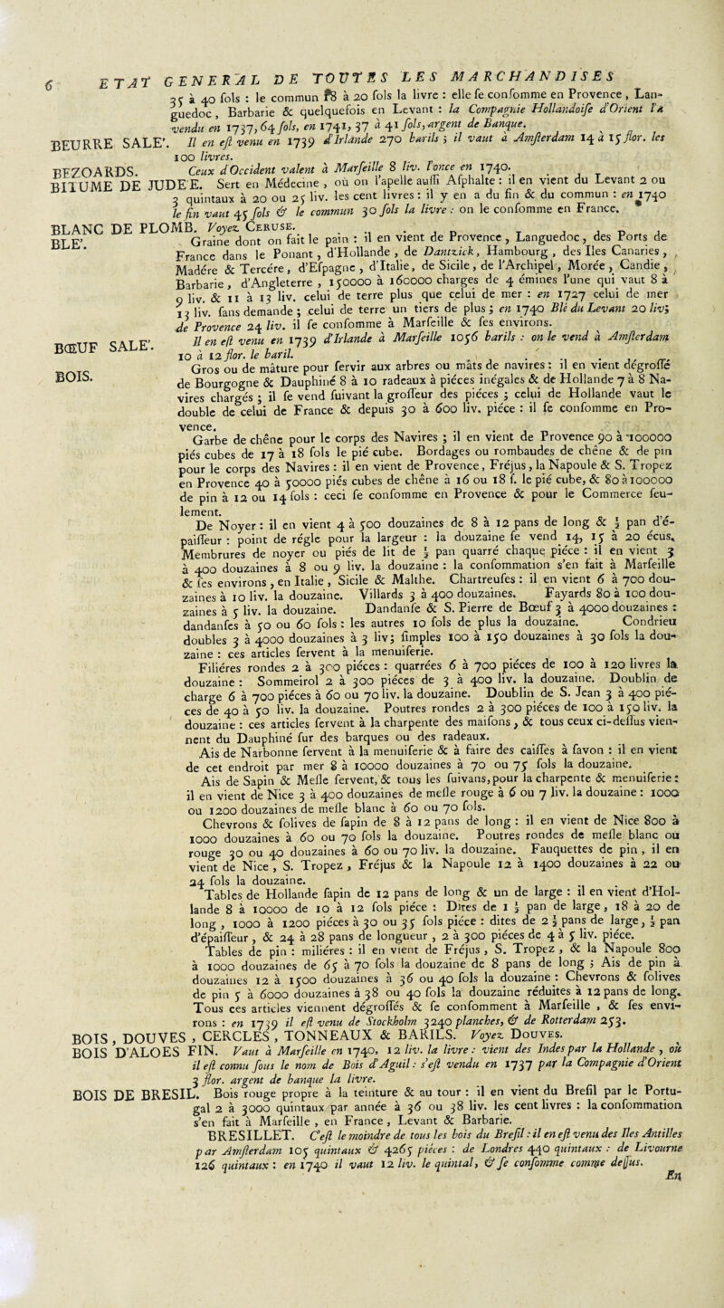 2Ç à 40 fols : le commun f8 à 20 fols la livre : elle fe confomme en Provence , Lan¬ guedoc , Barbarie & quelquefois en Levant : la Compagnie Hollandoife d’Orient l’a vendu eh 1737, 64 fols, en 174U 37 à 41 fols, argent de Banque , _ , BEURRE SALE’. Il en ejl venu en 1739 /Irlande 270 barils ; il vaut a Amjlerdam 14 a 15/for. les iOO livres. BEZOARDS. Ceux d Occident valent à Marfeille 8 liv. Ionce en 1740. . BIIUME DE JUDE E. Sert en Médecine , où on l apelle acifii Afphalte : il en vient du Levant 2 ou 3 quintaux à 20 ou 25 liv. les cent livres : il y en a du fin & du commun : en 17^0 le fin vaut 45 fols & le commun 30 fols la livre : on le confomme en France. BLANC DE PLOMB. Voyez. Ceruse. BLE’. BŒEUF SALE’. BOIS. y Vjxi.X\ U u£it Graine dont on fait le pain : il en vient de Provence, Languedoc, des Ports de France dans le Ponant, d’Hollande, de Dantx.uk, Hambourg, des Iles Canaries, , Madère & Tercére, d’Efpagne , d’Italie, de Sicile, de l'Archipel, Morée , Candie, . Barbarie, d’Angleterre , 150000 à lécooo charges de 4 émines l’une qui vaut 8 à 9 liv. & H à 13 liv. celui de terre plus que celui de mer : en 1727 celui de mer P üv. fans demande; celui de terre un tiers de plus; en 1740 Blè du Levant 20 liv; de Provence 24 liv. il fe confomme à Marfeille & fes environs. Il en e/l venu en 1739 d’Irlande à Marfeille 1056 barils : on le vend à Amjlerdam 10 à 12 flor. le baril. . -, • ,, Gros ou de mâture pour fervir aux arbres ou mats de navires : il en vient degrolle de Bourgogne & Dauphiné 8 à 10 radeaux à pièces inégales & de Hollande 7 à 8 Na¬ vires chargés ; il fe vend fuivant la groffeur des pièces ; celui de Hollande vaut le double de celui de France & depuis 30 à 600 liv. pièce : il fe confomme en Pro¬ vence. Garbe de chêne pour le corps des Navires ; il en vient de Provence 90 à'iooooo piés cubes de 17 à 18 fols le pié cube. Bordages ou rombaudes de chêne & de pin pour le corps des Navires : il en vient de Provence, Fréjus, la Napoule & S. Tropez en Provence 40 à 50000 piés cubes de chêne à 16 ou 18 f. le pié cube, & 8oà 100000 de pin à 12 ou 14 fols : ceci fe confomme en Provence & pour le Commerce feu¬ lement. . x De Noyer: il en vient 4 à 500 douzaines de 8 a 12 pans de long & § pan de- paiffeur : point de réglé pour la largeur z la douzaine fe vend 14? ^5 ^ ecus. Membrures de noyer ou piés de lit de t pan quarré chaque pièce : il en vient 3 à 400 douzaines à 8 ou 9 liv. la douzaine : la confommation s’en fait à Marfeille & les environs , en Italie , Sicile & Malthe. Chartreufes : il en vient 6 à 700 dou¬ zaines à 10 Üv. la douzaine. ViUards 3 à 400 douzaines. Fayards 80 à 100 dou¬ zaines à 5 liv. la douzaine. Dandanfe & S. Pierre de Bœuf 3 à 4000 douzaines : dandanfes à 50 ou 60 fols : les autres 10 fols de plus la douzaine. Condrieu doubles 3 à 4000 douzaines à 3 liv; fimples 100 à 150 douzaines à 30 fols la dou¬ zaine : ces articles fervent à la menuiferie. Filières rondes 2 à 300 pièces : quarrées 6 à 700 pièces de 100 à 120 livres la douzaine : Sommeirol 2 à 300 pièces de 3 à 400 liv. la douzaine. Doubiin de charge 6 à 700 pièces à 60 ou 70 liv. la douzaine. Doubiin de S. Jean 3 à 400 piè¬ ces de 40 à 50 liv. la douzaine. Poutres rondes 2 à 300 pièces de 100 à 150 liv. la douzaine : ces articles fervent à la charpente des maifons, & tous ceux ci-delfus vien¬ nent du Dauphiné fur des barques ou des radeaux. Ais de Narbonne fervent à la menuiferie & à faire des caifiTes à favon : il en vient de cet endroit par mer 8 à 10000 douzaines à 70 ou 75 fols la douzaine. Ais de Sapin & Melle fervent, & tous les fuivans,pour la charpente & menuiferie: il en vient de Nice 3 à 400 douzaines de melle rouge h 6 ou 7 liv. la douzaine : iooq ou 1200 douzaines de melle blanc à 60 ou 70 fols. Chevrons & folives de fapin de 8 à 12 pans de long : il en vient de Nice 800 à 1000 douzaines a <5o ou 7o fols la douzaine. Poutres rondes de melle blanc ou rouge 30 ou 40 douzaines à 60 ou 70 liv. la douzaine. Fauquettes de pin , il en vient de Nice , S. Tropez , Fréjus & la Napoule 12 à 1400 douzaines à 22 ou- 24 fols la douzaine. Tables de Hollande fapin de 12 pans de long & un de large : il en vient d’Hol¬ lande 8 à 10000 de 10 à 12 fols pièce : Dites de I 3 pan de large, 18 à 20 de long , 1000 à 1200 pièces à 30 ou 35 fols pièce : dites de 2 \ pans de large, i pan d’épailTeur , & 24 à 28 pans de longueur , 2 à 300 pièces de 4 à 5 liv. pièce. Tables de pin : miliéres : il en vient de Fréjus , S. Tropez , & la Napoule 800 à 1000 douzaines de 65 à 70 fols la douzaine de 8 pans de long ; Ais de pin à douzaines 12 à 1500 douzaines à 36 ou 40 fols la douzaine : Chevrons & folives de pin 5 à 6000 douzaines à 38 ou 40 fols la douzaine réduites à 12 pans de long. Tous ces articles viennent dégrofTés & fe confomment à Marfeille , & fes envi¬ rons : en 1739 il ejl venu de Stockholm 324O planches, & de Rotterdam 253* BOIS , DOUVES , CERCLES , TONNEAUX & BARILS. Voyez Douves. BOIS D’ALOES FIN. Vaut à Marfeille en 1740, 12 liv. la livre : vient des Indes par la Hollande , oit 11 efl connu fous le nom de Bois d Aguil : s efl vendu en 1737 ^ Compagnie d Orient 3 flor. argent de banque la livre. BOIS DE BRESIL. Bois rouge propre à la teinture & au tour : il en vient du Brefil par le Portu¬ gal 2 à 3000 quintaux par année à 36 ou 38 üv. les cent livres : la confommation s’en fait à Marfeille , en France , Levant & Barbarie. BRESILLET. C'efl le moindre de tous les bois du Brefil : il en efl venu des Iles Antilles par Amjlerdam 105 quintaux & 42(55 pièces : de Londres 440 quintaux : de Livourne 12 6 quintaux: en 1740 il vaut 12 liv. le quintal, & fe confomme comme de jus. En