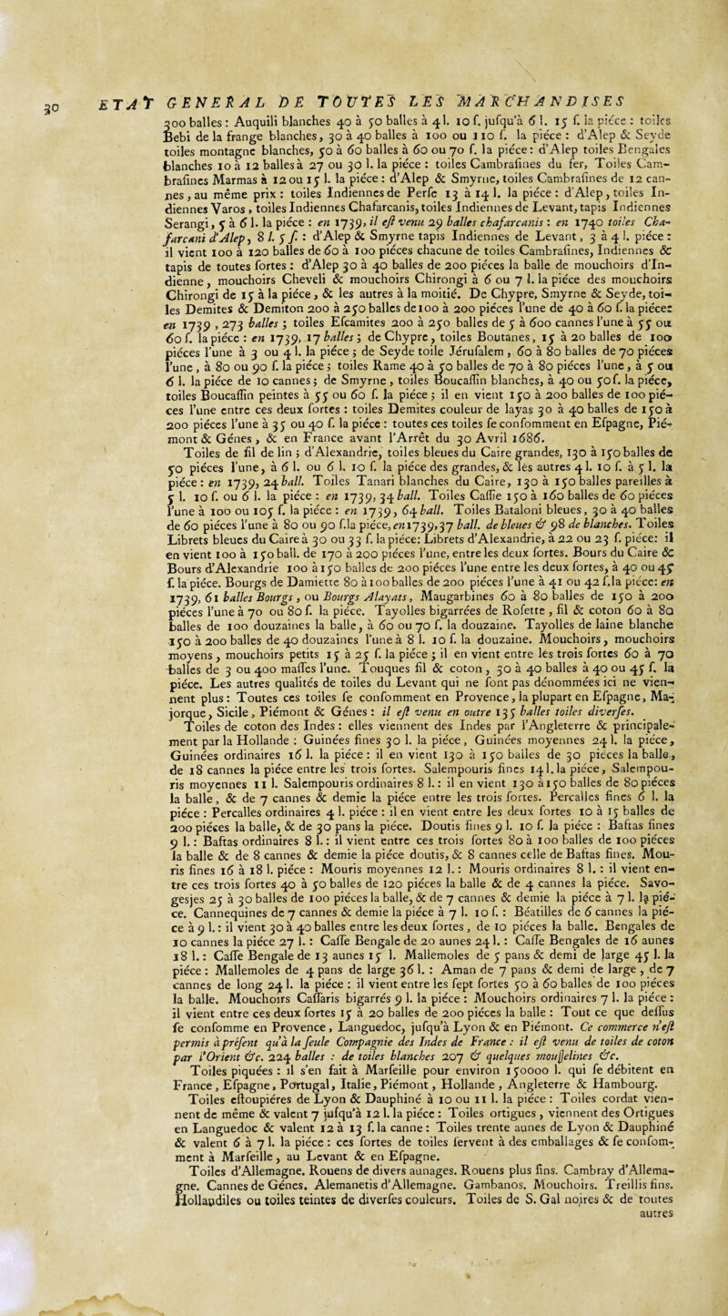 30 ET A T GENERAL DE TOUTES LES MARCHANDISES 300 balles : Auquili blanches 40 à 50 balles 241. 10 fi jufqu’à 6 1. iy f. la pièce : telles Bebi de la frange blanches, 30 à 40 balles à 100 ou 110 f. la pièce : d’Aîep & Seyde toiles montagne blanches, 50 à 60 balles à 60 ou 70 f. la pièce: d’Alep toiles Bengales blanches 10 à 12 balles à 27 ou 30 1. la pièce : toiles Cambrafines du fer, Toiles Cam¬ brafines Marmas à 12 ou 15 1. la pièce : d’Alep & Smyrne, toiles Cambrafines de 12 can¬ nes , au même prix: toiles Indiennes de Perfe 13 à 14 1. la pièce: d’Alep, toiles In¬ diennes Varos , toiles Indiennes Chafarcanis, toiles Indiennes de Levant, tapis Indiennes Serangi, J à 6 h la pièce : en 1739» il ejl venu 29 balles chafarcanis : en 1740 toiles Cha~ farcani d’Alep, 8 /. y / : d’Alep 6c Smyrne tapis Indiennes de Levant, 334!. pièce : il vient 100 à 120 balles de 60 à 100 pièces chacune de toiles Cambrafines, Indiennes 6c tapis de toutes fortes : dAlep 30 à 40 balles de 200 pièces la balle de mouchoirs d’In¬ dienne , mouchoirs Cheveli 6c mouchoirs Chirongi à 6 ou 7 L la pièce des mouchoirs Chirongi de 15 à la pièce, 6c les autres à la moitié. De Chypre, Smyrne 6c Seyde, toi¬ les Demites 6c Demiton 200 à 2yo balles de 100 à 200 pièces l’une de 40 à 60 f. la pièce: en 1739,273 balles ; toiles Efcamites 200 à 230 balles de 5 à 600 cannes l’une à 55 ou 60 f. la pièce : en 1739, 17 balles ; de Chypre, toiles Boytanes, 15 à 20 balles de 100 pièces l’une à 3 ou 4 1. la pièce ; de Seyde toile Jérufalem , 6o à 80 balles de 70 pièces l’une , à 80 ou 90 f. la pièce ; toiles Rame 40 à yo balles de 70 à 80 pièces l’une, à y ou 6 1. la pièce de 10 cannes ; de Smyrne , toiles Boucafiîn blanches, à 40 ou yof. la pièce, toiles Boucafiin peintes à yy ou 60 f. la pièce ; il en vient iyo à 200 balles de 100 piè¬ ces l’une entre ces deux fortes : toiles Demites couleur de layas 30 à 40 balles de iyoà 200 pièces l’une à 35 ou 40 f. la pièce : toutes ces toiles fe confomraent en Efpagne, Pié¬ mont & Gènes, 6c en France avant l’Arrêt du 30 Avril 1686. Toiles de fil de lin ; d’Alexandrie, toiles bleues du Caire grandes, 130 à iyo balles de yo pièces l’une, à 6 1. ou 6 1. 10 f. la pièce des grandes, 6c lés autres 41. 10 f. à y 1. la pièce: en 1739, 24 iW/. Toiles Tanari blanches du Caire, 130 à iyo balles pareilles à 5 1. 10 f. ou 6 1. la pièce : en 1739, 34 bail. Toiles Caflie iyo à 160 balles de 60 pièces l’une à 100 ou ioy f. la pièce : en 1739, 64bail. Toiles Bataloni bleues, 30 à 40 balles de 60 pièces l’une à 80 ou 90 fila pièce, ^1739,37 bail, de bleues & 98 de blanches. Toiles Librets bleues du Caire à 30 ou 33 fi la pièce: Librets d’Alexandrie, à 22 ou 23 fi pièce: il en vient 100 à iyo bail, de 170 à 200 pièces l’une, entre les deux fortes. Bours du Caire 6c Bours d’Alexandrie 100 àiyo balles de 200 pièces l’une entre les deux fortes, à 40 ou 49“ f. la pièce. Bourgs de Damiette 80 à 100 balles de 200 pièces l’une à 41 ou 42 fila pièce: en 1739, 61 balles Bourgs , ou Bourgs Alayats, Maugarbines 60 à 80 balles de iyo à 200 pièces l’une à 70 ou 80 fi la pièce. Tayolles bigarrées de Rofette , fil 6c coton 60 à 8a balles de 100 douzaines la balle, à 60 ou 70 fi la douzaine. Tayolles de laine blanche iyo à 200 balles de 40 douzaines l’une à 8 1. 10 fi la douzaine. Mouchoirs, mouchoirs moyens , mouchoirs petits iy à 2y fi la pièce ; il en vient entre les trois fortes 60 à 70 •balles de 3 ou 400 mafies l’une. Touques fil 6c coton , 30 à 40 balles à 40 ou 43 fi la pièce. Les autres qualités de toiles du Levant qui ne font pas dénommées ici ne vien¬ nent plus: Toutes ces toiles fe confomment en Provence, la plupart en Efpagne, Ma-j jorque, Sicile, Piémont 6c Gènes : il ejl venu en outre 135 balles toiles diverfes. Toiles de coton des Indes: elles viennent des Indes par l’Angleterre 6c principale¬ ment par la Hollande : Guinées fines 30 1. la pièce, Guinées moyennes 24 1. la pièce, Guinées ordinaires 16 1. la pièce : il en vient 130 à iyo balles de 30 pièces la balle , de 18 cannes la pièce entre les trois fortes. Salempouris fines 14.1.la pièce, Salempou- ris moyennes II 1. Salempouris ordinaires 81.: il en vient 130 à iyo balles de 80pièces la balle, & de 7 cannes 6c demie la pièce entre les trois fortes. Percailes fines 6 3. la pièce : Percailes ordinaires 4 1. pièce : il en vient entre les deux fortes iû à 15 balles de 200 pièces la balle, 6c de 30 pans la pièce. Doutis fines 9 1. 10 f. la pièce : Baftas fines 9 1. : Baftas ordinaires 8 h : il vient entre ces trois fortes 80 à 100 balles de 100 pièces la balle & de 8 cannes 6c demie la pièce doutis, & 8 cannes celle de Baftas fines. Mou- ris fines 16 à 18 1. pièce : Mouris moyennes 12 1. : Mouris ordinaires 8 1. : il vient en¬ tre ces trois fortes 40 à yo balles de 120 pièces la balle & de 4 cannes la pièce. Savo- gesjes 2y à 30 balles de 100 pièces la balle, & de 7 cannes & demie la pièce à 7 1. 4 piè¬ ce. Cannequines de 7 cannes 6c demie la pièce 371. 10 fi : Béatilles de 6 cannes la piè¬ ce à 9 1. : il vient 30 à 40 balles entre les deux fortes , de 10 pièces la balle. Bengales de 10 cannes la pièce 27 1. : CafiTe Bengale de 20 aunes 241. : CafTe Bengales de 16 aunes 18 1. : Caffe Bengale de 13 aunes 1 y 1. Mallemoles de y pans Sc demi de large 4y I. la pièce : Mallemoles de 4 pans de large 361. : Aman de 7 pans 6c demi de large , de 7 cannes de long 24 1. la pièce : il vient entre les fept fortes yo à 60 balles de 100 pièces la balle. Mouchoirs Caftans bigarrés 9 1. la pièce : Mouchoirs ordinaires 7 1. la pièce: 11 vient entre ces deux fortes iy à 20 balles de 200 pièces la balle : Tout ce que deflus fe confomme en Provence , Languedoc, jufqu’à Lyon 6c en Piémont. Ce commerce n’ejl permis à préfent qu’à la feule Compagnie des Indes de France : il ejl venu de toiles de coton par i’Orient &c. 224 balles : de toiles blanches 207 & quelques mou félines &c. Toiles piquées : il s’en fait à Marfeille pour environ jyoooo 1. qui fe débitent en France , Efpagne, Portugal, Italie, Piémont, Hollande, Angleterre & Hambourg. Toiles eftoupiéres de Lyon 6c Dauphiné à 10 ou 11 1. la pièce : Toiles cordât vien¬ nent de même Ôc valent 7 jufqu'à 12 1. la pièce : Toiles ortigues , viennent des Ortigues en Languedoc 6c valent 12 à 13 fila canne : Toiles trente aunes de Lyon 6c Dauphiné 6c valent 6 à 7 1. la pièce : ces fortes de toiles fervent à des emballages 6c fe confom- ment à Marfeille, au Levant & en Efpagne. Toiles d’Allemagne. Rouens de divers aunages. Rouens plus fins. Cambray d’Allema¬ gne. Cannes de Gènes. Alemanetis d’Allemagne. Gambanos. Mouchoirs. Treillis fins. Hollaudiles ou toiles teintes de diverfes couleurs. Toiles de S. Gai noires 6c de toutes autres