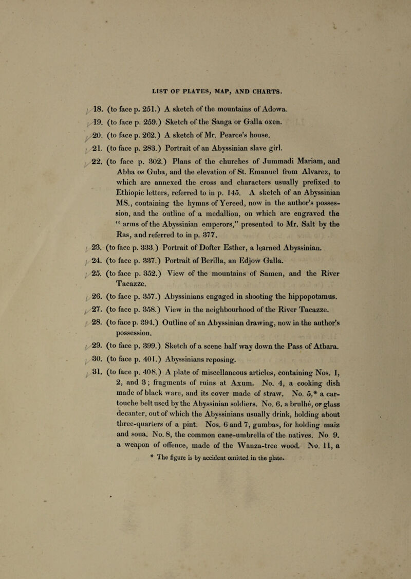 I 18. (to face p. 251.) A sketch of the mountains of Adowa. 19. (to face p. 259.) Sketch of the Sanga or Galla oxen. 20. (to face p. 262.) A sketch of Mr. Pearce’s house. 21. (to face p. 283.) Portrait of an Abyssinian slave girl. 22. (to face p. 302.) Plans of the churches of Jummadi Mariam, and Abha os Guba, and the elevation of St. Emanuel from Alvarez, to which are annexed the cross and characters usually prefixed to Ethiopic letters, referred to in p. 145. A sketch of an Abyssinian MS., containing the hymns of Yereed, now in the author’s posses¬ sion, and the outline of a medallion, on which are engraved the “ arms of the Abyssinian emperors,” presented to Mr. Salt by the Ras, and referred to in p. 377. 23. (to face p. 333.) Portrait of Dofter Esther, a learned Abyssinian. i 24. (to face p. 337.) Portrait of Berilla, an Edjow Galla. 25. (to face p. 352.) View of the mountains of Samen, and the River Tacazze. 26. (to face p. 357.) Abyssinians engaged in shooting the hippopotamus. 27. (to face p. 358.) View in the neighbourhood of the River Tacazze. 28. (to face p. 394.) Outline of an Abyssinian drawing, now in the author’s possession. / 29. (to face p. 399.) Sketch of a scene half way down the Pass of Atbara. 30. (to face p. 401.) Abyssinians reposing. 31. (to face p. 408.) A plate of miscellaneous articles, containing Nos. 1, 2, and 3; fragments of ruins at Axum. No. 4, a cooking dish made of black ware, and its cover made of straw. No. 5,* a car¬ touche belt used by the Abyssinian soldiers. No. 6, a brulhe, or glass decanter, out of which the Abyssinians usually drink, holding about three-quarters of a pint. Nos. 6 and 7, gumbas, for holding maiz and soua. No. 8, the common cane-umbrella of the natives. No 9. a weapon of offence, made of the Wanza-tree wood. No. 11, a * The figure is by accident omitted in the plate.