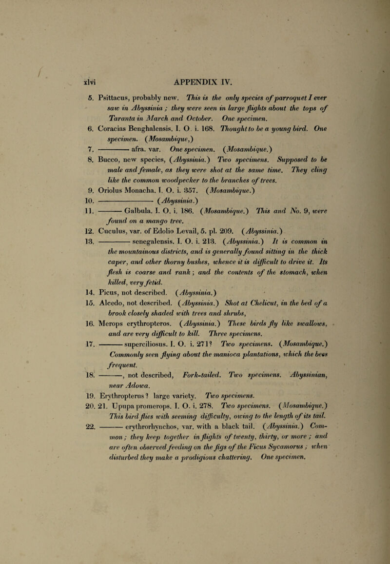 / APPENDIX IV. xlvi 5. Psittacus, probably new. This is the only species of parroquet I ever saw in Abyssinia ; they were seen in large flights about the tops of Taranta in March and October. One specimen. 6. Coracias Benghalensis. I. O. i. 168. Thoughtto be a young bird. One specimen. (Mosambique,) 7. -afra. var. One specimen. (Mosambique.) 8. Bucco, new species, (Abyssinia.) Two specimens. Supposed to be male and female, as they were shot at the same time. They cling like the common woodpecker to the branches of trees. 9. Oriolus Monacha. I. O. i. 357. (Mosambique.) 10. - (Abyssinia.) 11. -Galbula. I. O. i. 186. (Mosambique.) This and No. 9, were found on a mango tree. 12. Cuculus, var. of Edolio Levail, 5. pi. 209. (Abyssinia.) 13. -senegalensis. I. O. i. 213. (Abyssinia.) It is common in the mountainous districts, and is generally found sitting in the thick caper, and other thorny bushes, whence it is difficult to drive it. Its flesh is coarse and rank ; and the contents of the stomach, when killed, very fetid. 14. Picus, not described. (Abyssinia.) 15. Alcedo, not described. (Abyssinia.) Shot at Chelicut, in the bed of a brook closely shaded with trees and shrubs, 16. Merops erythropteros. (Abyssinia.) These birds fly like sivallows, and are very difficult to kill. Three specimens. 17. -superciliosus. I. O. i. 271? Two specimens. (Mosambique.) Commonly seen flying about the manioca plantations, which the bees frequent. 18. -, not described, Fork-tailed. Two specimens. Abyssinian, near Adotva. 19. Erythropteros ? large variety. Two specimens. 20. 21. Upupa promerops. I. O. i. 278. Two specimens. (Mosambique.) This bird flies tvith seeming difficulty, owing to the length of its tail. 22.-erythrorhynchos, var. with a black tail. (Abyssinia.) Com¬ mon; they keep together in flights of twenty, thirty, or more ; and are often observed feeding on the figs of the Ficus Sycamorus ; when disturbed they make a prodigious chattering. One specimen.