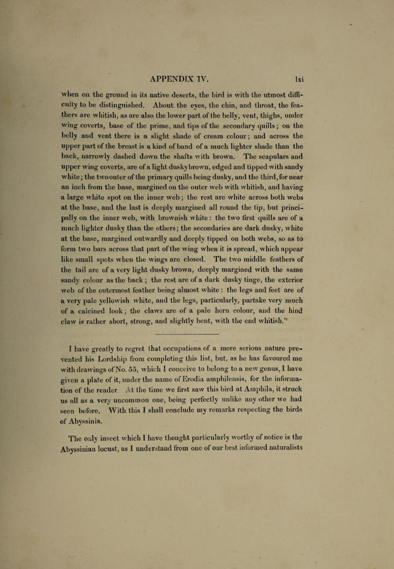 when on the ground in its native deserts, the bird is witli the utmost diffi¬ culty to be distinguished. About the eyes, the chin, and throat, the fea¬ thers are whitish, as are also the lower part of the belly, vent, thighs, under wing coverts, base of the prime, and tips of the secondary quills ; on the belly and vent there is a slight shade of cream colour; and across the upper part of the breast is a kind of band of a much lighter shade than the back, narrowly dashed down the shafts with brown. The scapulars and upper wing coverts, are of a light dusky brown, edged and tipped with sandy white; the twoouter of the primary quills being dusky, and the lhird,for near an inch from the base, margined on the outer web with whitish, and having a large white spot on the inner web; the rest are white across both webs at the base, and the last is deeply margined all round the tip, but princi¬ pally on the inner web, with brownish white : the two iirst quills are of a much lighter dusky than the others; the secondaries are dark dusky, white at the base, margined outwardly and deeply tipped on both webs, so as to form two bars across that part of the wing when it is spread, which appear like small spots when the wings are closed. The two middle feathers of the tail are of a very light dusky brown, deeply margined with the same sandy colour as the back ; the rest are of a dark dusky tinge, the exterior web of the outermost feather being almost white : the legs and feet are of a very pale yellowish white, and the legs, particularly, partake very much of a calcined look; the claws are of a pale horn colour, and the hind claw is rather short, strong, and slightly bent, with the end whitish.” I have greatly to regret that occupations of a more serious nature pre¬ vented his Lordship from completing this list, but, as he has favoured me with drawings of No. 55, which I conceive to belong to a new genus, I have given a plate of it, under the name ofErodia amphilensis, for the informa¬ tion of the reader At the time we first saw this bird at Amphila, it struck us all as a very uncommon one, being perfectly unlike any other we had seen before. With this I shall conclude my remarks respecting the birds of Abyssinia. The only insect w hich I have thought particularly w orthy of notice is the Abyssinian locust, as I understand from one of our best informed naturalists
