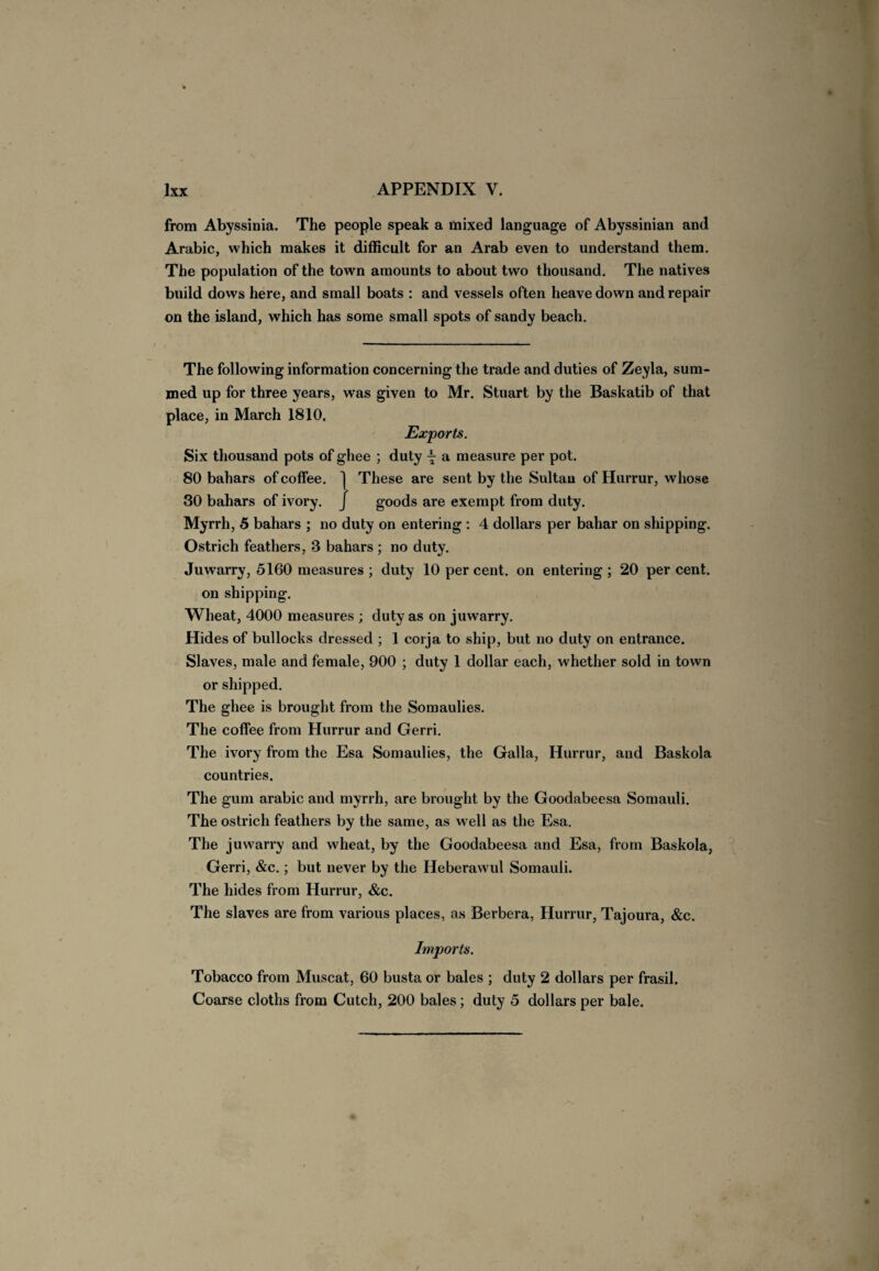 from Abyssinia. The people speak a mixed language of Abyssinian and Arabic, which makes it difficult for an Arab even to understand them. The population of the town amounts to about two thousand. The natives build dows here, and small boats : and vessels often heave down and repair on the island, which has some small spots of sandy beach. The following information concerning the trade and duties of Zeyla, sum¬ med up for three years, was given to Mr. Stuart by the Baskatib of that place, in March 1810, Exports. Six thousand pots of ghee ; duty \ a measure per pot. 80 bahars of coffee. 1 These are sent by the Sultan of Hurrur, whose 30 bahars of ivory. J goods are exempt from duty. Myrrh, 5 bahars ; no duty on entering : 4 dollars per bahar on shipping. Ostrich feathers, 3 bahars ; no duty. Juwarry, 5160 measures ; duty 10 per cent, on entering ; 20 per cent, on shipping. Wheat, 4000 measures ; duty as on juwarry. Hides of bullocks dressed ; 1 corja to ship, but no duty on entrance. Slaves, male and female, 900 ; duty 1 dollar each, whether sold in town or shipped. The ghee is brought from the Somaulies. The coffee from Hurrur and Gerri. The ivory from the Esa Somaulies, the Galla, Hurrur, and Baskola countries. The gum arabic and myrrh, are brought by the Goodabeesa Somauli. The ostrich feathers by the same, as w ell as the Esa. The juwarry and wheat, by the Goodabeesa and Esa, from Baskola, Gerri, &c.; but never by the Heberawul Somauli. The hides from Hurrur, &c. The slaves are from various places, as Berbera, Hurrur, Tajoura, &c. Imports. Tobacco from Muscat, 60 busta or bales ; duty 2 dollars per frasil. Coarse cloths from Cutch, 200 bales; duty 5 dollars per bale.