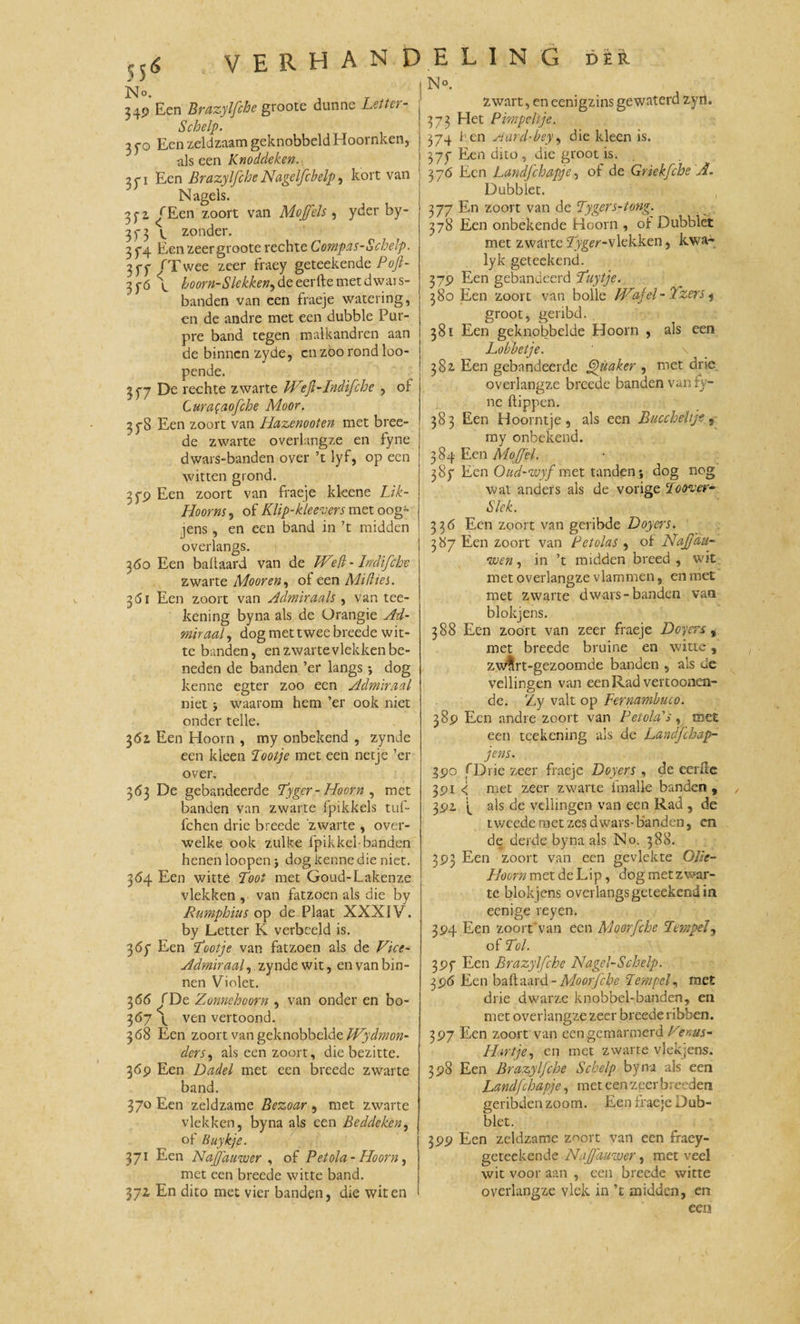 55^ No. Schelp. ^ 70 Een zeldzaam geknobbeld Hoornken, als een Knodcleken. 2fi Een BrazylfcheNagelfcbelp, kort van Nagels.' 4j-z ƒ Een zoort van Moffels , yder by- 373 ^ zonder. 3 74 Een zeer groote rechte Compas-Schelp. 3 ff ƒ Twee zeer fraey geteekende Poft- 3 j-6 \ hoorn-Slekken, de eerfte met dwaï s- banden van een fraeje watering, en de andre met een dubble Pur- pre band tegen malkandren aan de binnen zyde, en zoo rond loo- pende. 3 f7 De rechte zwarte Wefl-Indifchc , of C ura$aofche Moor. 3 78 Een zoort van Hazenooten met bree- de zwarte overlangze en fyne dwars-banden over ’t lyf, op een witten grond. 379 Een zoort van fraeje kleene Lik- Hoorns, of Klip-kleevers met oog1» jens , en een band in ’t midden overlangs. 360 Een badaard van de Wed - Indifchv zwarte Moor en, of een Mi dies. 3(Si Een zoort van Admiraals , van tee- kening byna als de Orangie Ad¬ miraal , dog met twee breede wit¬ te banden, en zwarte vlekken be¬ neden de banden ’er langs j dog kenne egter zoo een Admiraal niet} waarom hem ’er ook niet onder telle. 3&lt;5z Een Hoorn , my onbekend , zynde een kleen Tootje met een netje ’er 363 De gebandeerde Tygcr-Hoorn , met banden van zwarte fpikkels tuf- fchen drie breede 'zwarte , over- welke ook zulke fpikkel-banden henen loopen; dog kenne die niet. 364 Een witte Toot met Goud-Lakenze vlekken , van fatzoen als die by Rumphius op de Plaat XXXIV. by Letter K verbeeld is. 3 67 Een Tootje van fatzoen als de Vice- Admiraal,. zynde wit, en van bin¬ nen Violet. 3 66 ƒ De Zonnehoorn , van onder en bo- 367 ^ ven vertoond. 368 Een zoort van geknobbelde Wydmon- ders, als een zoort, die bezitte. 369 Een Dadel met een breede zwarte band. 370 Een zeldzame Bezoar , met zwarte vlekken, byna als een Beddeken, of Buykje. 371 Een Najfauwer , of Petola- Hoorn, met een breede witte band. 372, En dito met vier banden, die wit en zwart, en eenigzins gewaterd zyn. 373 Het Pimpeltje. 374 len siard-bey, die kleen is. 377 Een dito, die groot is. 3 7&lt;5 Een Landfchapje, of de Griekfche A. Dubblet. 378 Een onbekende Hoorn , of Dubblet met zwarte Jyger-vlekken, kwa- 379 Een gebandeerd Tuytje. 380 Een zoort van bolle Wafel-Tzers , groot, geribd. 381 Een geknobbelde Hoorn , als een Lobbetje. 382, Een gebandeerde Quaker , met drie. overlangze breede banden van fy¬ ne flippen. 383 Een Hoorntje, als een Buc doeltje, rny onbekend. 384 Een Moffel. 387 Een Oud-wyf met tanden \ dog nog Wat anders als de vorige Toover* Slek. 336 Een zoort van geribde Doyers. 3 87 Een zoort van Petolas , of NafJ'du- •wen, in ’t midden breed , wit met overlangze vlammen, en met met zwarte dwars-banden van blokjens. 388 Een zoort van zeer fraeje Doyers * met breede bruine en witte, zwirt-gezoomde banden , als de veilingen van een Rad vertoonen- de. Zy valt op Pernambuco. 389 Een andre zoort van Pet oio’s, met een tcekening als de Landfchap- jens. 390 f Drie zeer fraeje Doyers , de eerfte 391 &lt; met zeer zwarte 1'malle banden , 392. b als de veilingen van een Rad , de tweede met zes dwars- banden, en de derde byna als No. 388. 393 Een zoort van een gevlekte Olic- Lloorn met de Lip, dog roetzwar¬ te blokjens overlangs geteekend in eenige reyen. 394 Een zoort'van een Moorfche Tcjoipel, of Tol. 397 Een Brazylfche Nagel-Schelp. 396 Een badaard-Moorfche Tempel, met drie dwarze knobbel-banden, en met overlangze zeer breede ribben. 397 Een zoort van een gemarmerd Perus- Hart je, en met zwarte ylekjens. 398 Een Brazylfche Schelp byna als een Landfchapje, met een zeer breeden geribden zoom. Een fraeje Dub¬ blet. 399 Een zeldzame zoort van een fraey- geteekende Nafauwer, met veel wit voor aan , een breede witte overlangze vlek in ’t midden, en een