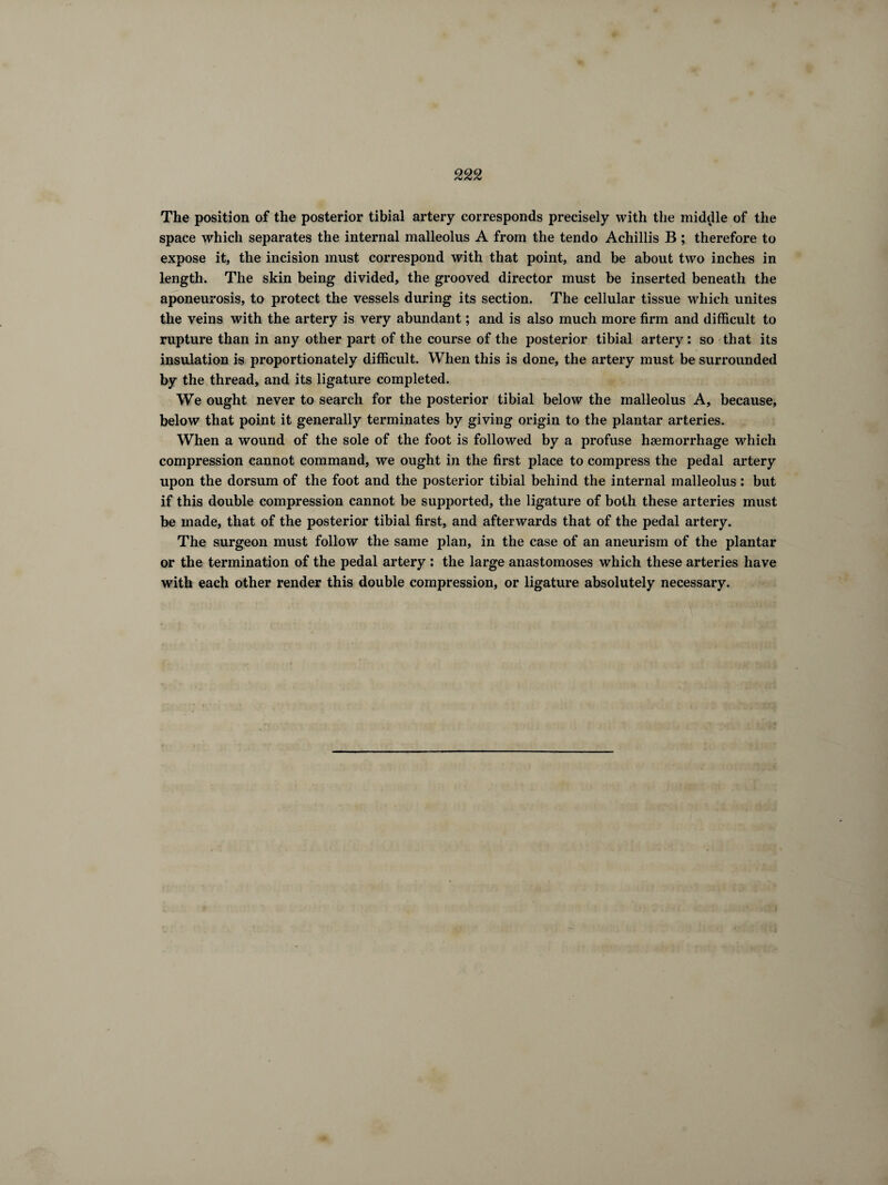 The position of the posterior tibial artery corresponds precisely with the middle of the space which separates the internal malleolus A from the tendo Achillis B ; therefore to expose it, the incision must correspond with that point, and be about two inches in length. The skin being divided, the grooved director must be inserted beneath the aponeurosis, to protect the vessels during its section. The cellular tissue which unites the veins with the artery is very abundant ; and is also much more firm and difficult to rupture than in any other part of the course of the posterior tibial artery : so that its insulation is proportionately difficult. When this is done, the artery must be surrounded by the thread, and its ligature completed. We ought never to search for the posterior tibial below the malleolus A, because, below that point it generally terminates by giving origin to the plantar arteries. When a wound of the sole of the foot is followed by a profuse haemorrhage which compression cannot command, we ought in the first place to compress the pedal artery upon the dorsum of the foot and the posterior tibial behind the internal malleolus : but if this double compression cannot be supported, the ligature of both these arteries must be made, that of the posterior tibial first, and afterwards that of the pedal artery. The surgeon must follow the same plan, in the case of an aneurism of the plantar or the termination of the pedal artery : the large anastomoses which these arteries have with each other render this double compression, or ligature absolutely necessary.