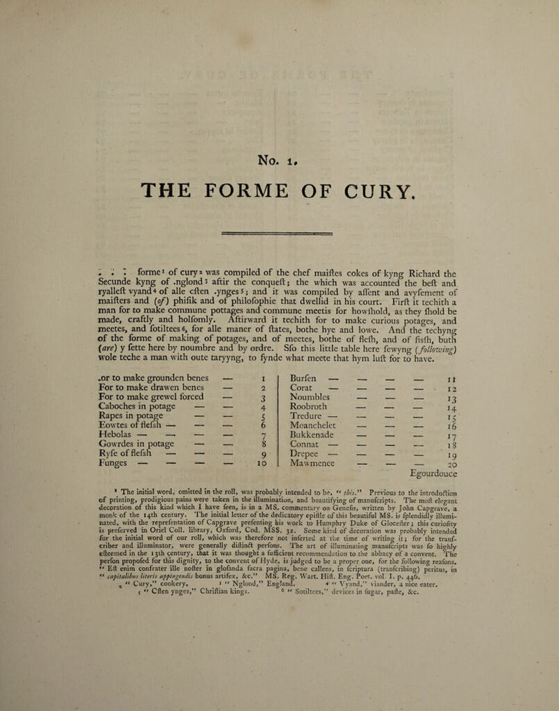 No. 1# THE FORME OF CURY. ; : forme1 of cury 2 was compiled of the chef maiftes cokes of kyng Richard the Secunde kyng of .nglond 3 aftir the conqueft; the which was accounted the belt and ryalleft vyand4 of alle cften .ynges5; and it was compiled by alfent and avyfement of maifters and [of) phifik and of philofophie that dwellid in his court. Firft it techith a man for to make commune pottages and commune meetis for howftiold, as they (hold be made, craftly and holfomly. Aftirward it techith for to make curious potages, and meetes, and fotiltees6, for alle maner of Rates, bothe hye and lowe. And the techyng of the forme of making of potages, and of meetes, bothe of flefti, and of fisfh, buth {are) y fette here by noumbre and by ordre. Sfo this little table here fewyng [following) wole teche a man with oute taryyng, to fynde what meete that hym luft for to have. .or to make grounden benes For to make drawen benes For to make grevvel forced Caboches in potage — Rapes in potage — Eowtes of flefsh — — Hebolas — —■ — Gowrdes in potage — Ryfe of flefsh — — Funges — — — — I Burfen — — —... it — 2 Corat — _ _ -■ , - 12 — 3 Nou rubles — _ - 13 — 4 Roobroth — — _ 14 — S Tredure — -- — is — 6 Moanchelet — — _ 16 — 7 Bukkenade — — — x7 — 8 Connat — — — —_. 18 — 9 Drepee — — — — l9 — 10 Mawmenee — — — 20 Egourdouce 1 The initial word, omitted in the roll, was probably intended to be, “ this.” Previous to the introduction of printing, prodigious pains were taken in the illumination, and beautifying of manufcripts. The moll elegant decoration of this kind which I have feen, is in a MS. commentary on Genefis, written by John Capgrave, a monk of the 14th century. The initial letter of the dedicatory epiille of this beautiful MS. is fplendidly illumi¬ nated, with the reprefentation of Capgrave prefenting his work to Humphry Duke of Glocefter; this curiofity is preferved in Oriel Coll, library, Oxford, Cod. MSS. 32. Some kind of decoration was probably intended for the initial word of our roll, which was therefore not inferted at the time of writing it; for the tranf- criber and illuminator, were generally diftinft perfons. The art of illuminating manufcripts was fo highly efteemed in the 13th century, that it was thought a fufficient recommendation to the abbacy of a convent. The perfon propofed for this dignity, to the convent of Hyde, is judged to be a proper one, for the following reafons. “ Eft enim confrater ille nofter in glofanda facra pagina, bene callens, in fcriptura (tranfcribing) peritus, in “ capitalibus literis appingendh bonus artifex, &amp;c.” MS. Reg. Wart. Hill. Eng, Poet. vol. I. p. 446. x “ Cury,” cookery, i “ Nglond,” England. 4 “ Vyand,” viander, a nice eater, s “ Cften ynges,” Chriftian kings. 6 “ Sotiltees,” devices in fugar, palle, &amp;c.