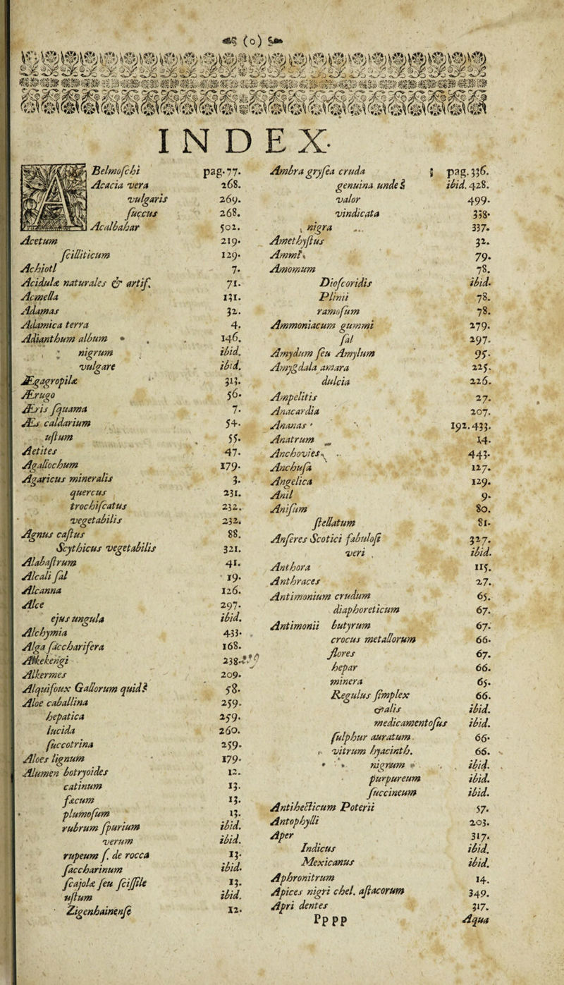 INDEX Belmofchi pag-77- Acacia vera 268. vulgaris 2 69. \tj4J£s£m\ w7w JMLoy JTSmJuw ' lUtl i: fuccus 268. Y '2L Acalbahar 502. Acetum 219. Jciditicum 129. Achiotl 7. Acidula naturales &amp; artif 7i- Acmella IU. Adamas 32. Adamica terra 4. Adianthum album * 146. , ’ nigrum ibid. V ulgare ibid. JEgagropila i* 3*?. ALrugo 56. ALris fqttama 7* ALs caldarium 54- uflum 55. Aetites 47. Agaliochum 179- Azaricus mineralis j 3. quercus 231. trochifcatus 252. vegetabilis 232. Agnus cajlus 88. Scythicus vegetabilis 321. Alabajlrum 41. Alcali fal ' 19- Alcanna 126. Alce 297. ejus ungula ibid. Alchymia 433- Alga ficcharifera 168. Alkekengi 23 Alkermes 209* Alquifoux Gallorum quid$ 5*- Aloe caballina 259. hepatica 259. lucida 260. fuccotrina 259. Aloes lignum 179- Alumen botryoides 12. catinum 13- (acum 13. plumofum !5' rubrum fpurium ibid. verum ibid. rupeum (. de rocca (acchartnum JcajoU (eu fcijjile ujlum Zigenhainenf Jy ibid. I?* ibid. 12. Ambra gryjea cruda J pag-33&amp; genuina unde i ibid. 428. valor 499. vindicata 358- i nigra 337. Amethyflus 32. Ammt \ 79- Amomum 78. Dio(coridis ibid. Plinii 78. ramofum 78. Ammoniacum gurnmi 279. fal 297. Amydum feu Amylum Amygdala amara 225. dulcia 22 6. Ampelitis 27. Anae ar dia 207. Anan as • 192. Anatrum *4- Anchovies* .. 443* Anchufa 127. Angelica 129. Anii 9* Anifum 80. (lellatum 81. Anferes Scotici fabulo f 3*7, 1 veri , ibid. Anthora Hf. Anthraces 27. Antimonium crudum 65. diaphoreticum 67. Antimonii butyrum 67. crocus metallorum 66- Jlores 67. hepar 66. minera 65. Regulus fmplex 66. dialis ibid. medicamentojus ibid. fulphur auratum. 66- .. vitrum hyacinth. 66. • nignum #>'• . . •, . ibid. purpureum ibid. (uccineum ibid. AntiheBicum Poterii 57. Antophylli 203. Aper 317. Indicus ibid. Mexicanus ibid. Aphronitrum 14. Apices nigri chel. ajlacorum 349. Apri dentes 317. pppp Aqua
