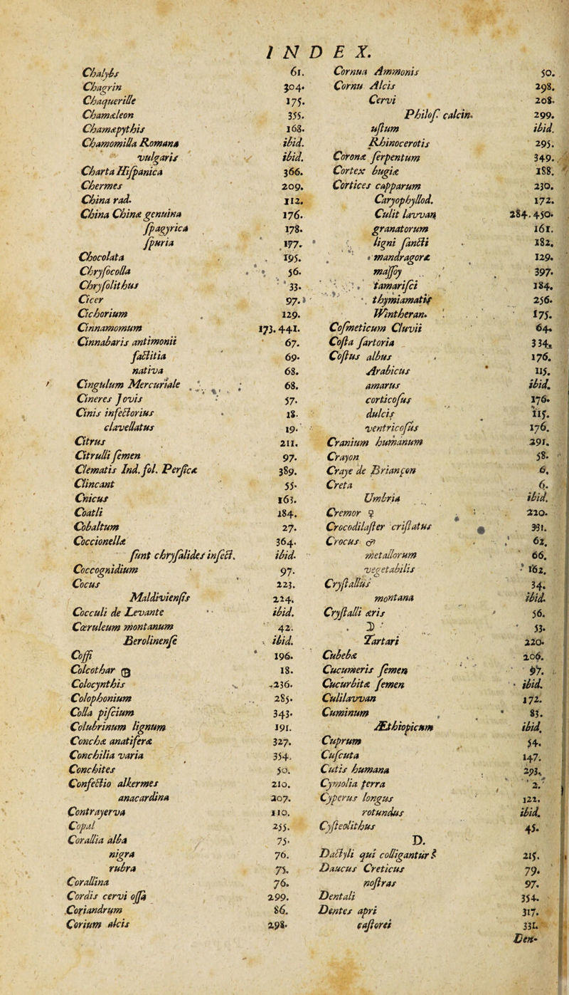 Chalybs 61. Chagrin 3°4* ChaqueriOe 175. Chamaleon 355. Chamapythis 163. Chamomilla, Romana ibid. vulgaris ibid. Charta Hifpanica 366. Chermes 209. China rad. 112. China China genuina 176. fpagyrica 178. fpuria . *f7- Chocolata . w. Chryfocolla . * *. . 56. Chryfolithus Cicer ' * 33* 97. > Cichorium 129. Cinnamomum 173.441- Cinnabaris antimonii 67. faclitia 69• nativa 68. Cingulum Mercuriale , s ; 68. Cineres Jovis 57- Cinis infeBorius lS- claveUatus 19. Citrus 211. Citrulli femen 97- Clematis Ind.fol. Perfere 389. Clincant 55- Cnicus 16?. Coatli 184. Cobaltum 27. Coccionella 364. funt chryfalides infeci. ibid- Coccognidium 97• Cocus 223. Maldivienfs 224. Cocculi de Levante ibid. Coeruleum montanum 42. Berolinenfe ibid. Coff 196. Colcothar 0 18. Colocynthis .236. Colophonium 2S5. Colla pifeium 343* Colubrinum lignum 191. Concha anati fer a 327. Conchilia varia 354- Conchites >0. ConfeBio alkermes 210. anacardina ao 7. Contrayerva no. Copal 255' Corallia alba 75’ nigra 76. rubra 75. Corallina 76. Cordis cervi ojja 299. Coriandrum 86. Corium alcis 298. Cornua Ammonis 50. Cornu Alcis 298. Cervi 208. Philof calcin 299. ufum ibid. Rhinocerotis 295. Corona frpentum 349. Cortex bugia 1S8. Cortices capparum 230. Caryophyllod. 172. Culit lavvan. 284.450. granatorum l6l. ligni fanBi 182. ' • mandragora 129. majfoy^ .. f 397- 'Vv7* iamarifei 384. *. thymiamatiijr 256. Wintheran. 175. Cofmeticum Cluvii 64. Cofla fartoria 334, Coflus albus 176. Arabicus 115. amarus ibid. corticofus 176. dulcis 11?. ventricofus 176. Cranium humanum 291. Crayon 58- Cray e de Brianpon 6, Creta 6. Umbria ibid. Cremor ? 5 ■ 220. Crocodilafer criflatus * 361. Crocus &amp; : 62. metallorum 66. vegetabilis Cryf alius * 1*62. 34. montana ibid. Cryjlalli aris 56. . D * .• ’ 53- Tartari 220. Cubeba 206. Cucumeris femen ’ 07. <■ Cucurbita femen ’ • ibid. Culilavvan 172. Cuminum • 83. AEJthiopicum ibid. Cuprum 54. Cufcuta 147. Cutis humana 2?3* Cymolia ferra ' , 3’ Cyperus longus 122. rotundus ibid. Cyfteolithus D. 4?« DaByli qui colligantur l 215. Paucus Creticus 79* noflras 97. Dentali 354. Dentes apri 317. cajlorei 331. Len-