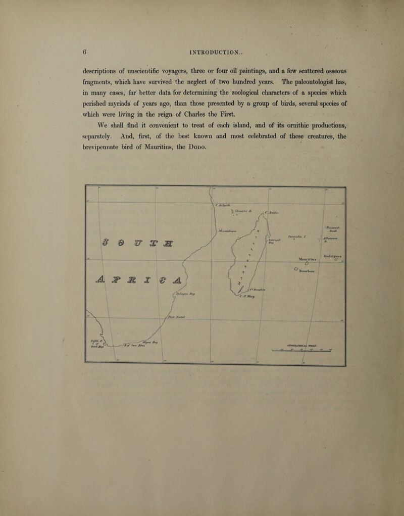 descriptions of unscientific voyagers, three or four oil paintings, and a few scattered osseous fragments, which have survived the neglect of two hundred years. The paleontologist has, in many cases, far better data for determining the zoological characters of a species which perished myriads of years ago, than those presented by a group of birds, several species of which were living in the reign of Charles the First. We shall find it convenient to treat of each island, and of its ornithic productions, separately. And, first, of the best known and most celebrated of these creatures, the brevipennate bird of Mauritius, the Dodo.