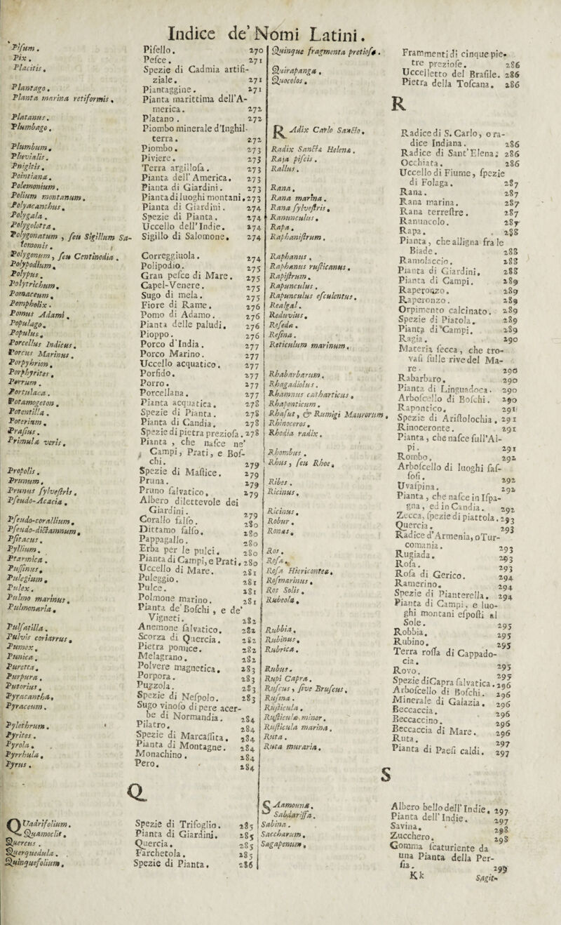Pìftim. Ttx. ■Placiti*, Plani ago. Pianta marina retiformis , Platanus. Plumbago, Plumbum, Pluviali*. Porgiti*. Paini tana. Poletnonium, Polium montanum. Polyacamhus . Polygala. Polygolotta. Poìygonatum , feti Sigillato temoni*. , Polygonttm, fett Ccntlnodia Polypodlum « Polypu* . Polytrìcbum, Pornareum, Pompholix . Potnu* fidami, Populago, Populus„ Parcella* Indicus. Por cu* Marinus. Porpyhrion. Porphyrìte*, P*rrum. Portulaca. Potamogeton. Potemilla. Poterittm . Profili*. Prìmula veri*. Propoli*. Pnmum, Prunus fylveflris, Pfeudo- Acacia, Pf’udo-corallium , Pfeti do-diciamnum, Pfltacu*, Pyllìum. Ptarmica . Puffinus, Pulegium . Ptilex. Palmo marinus, Palmonaria, Ptilfatilla. Pulvis cariarrus t Pumex. Punica, Pur etra. Pur pur a. Pulorìus. Pyracantba, Pyraceum. Pyletbrutn. ' Pyrites. Pyrola * Pyrrhula , Pyrus . QXJadrifolìum. Quamoclit. Quereli* , Querquedula. , Quìnquefoliar», Indice de’Nomi Latini. ffuìnque fragmenta pretiof», 5V*- PifeJlo. 270 Pefce. 271 Spezie di Cadmia artifi- ziale. 271 Piantaggine. ^ 171 Pianta marittima dell’A¬ merica. 272 Platano. 272 Piombo minerale d’Inghil¬ terra . 272 Piombo. 273 Piviere. 273 Terra argillofa. 273 Pianta dell’America, 273 Pianta di Giardini. 273 Pianta di luoghi montani, 27 3 274 274 *74 274 274 275 *75 275 275 276 276 276 276 277 277 277 277 *77 277 * — — - * — -■ Pianta di Giardini. Spezie di Pianta. Uccello dell’Indie. Sigillo di Salomone, Cortegginola. Polipodio. Gran pefce di Mare, Capel-Venere. Sugo di mela. Fiore di Rame. Pomo di Adamo. Pianta delle paludi. Pioppo. Porco d’india. Porco Marino. Uccello acquatico. Porfido. Porro. Porcellana. Pianta acquatica. Spezie di Pianta. Pianta di Candia. Spezie di pietra preziofa. *78 Pianta , che nafee ne’ Campi, Prati, e Bof- Qùrapanga Qiiocolos, R Adix Carlo Sanilo, Radix San fi a Helcn& . Raja pìfeis. Ralla*. Rana, Rana marina. Rana fylveflris, Ramine ulti* . Rapa. Rapbanifirum. Raphanus . Raphanus rafticanus. Rapiflrum. Rapunculu*. Rapunculus efculentus. Realgal« Reduvius . Refeda. Refina. Reticulum marinum. Rbabarbamm, Rbagadìolu s. Rhamnus cathart 'tcus Frammenti di cinque pie¬ tre preziofe. 286 Uccelletto del Braille. 286 Pietra della Tofcana. 286 R ì . . «.apontico. -91 III | fdillo?. s‘ “m • SffJ75.il Allochi* • *91 Rbodia radix. Radice di S. Carlo, o ra¬ dice Indiana. 286 Radice di Sant’EIena; 286 Occhiata. 286 Uccello di Fiume, fpezie di Folaga. 287 Rana. 287 Rana marina. 287 Rana terreftre. 287 Ranuncolo. 287- Rapa. ^ .288 Pianta, che alligna frale Biade. 288 Ramolaccio. 28S Pianta di Giardini, 288 Pianta di Campi. 289 Raperonzo. 289 Raperonzo. 289 Orpimento calcinato. *89 Spezie di Piatola, 289 Pianta di'‘Campi. 289 Ragia. 290 Materia fecca, che tro- vafi fulle rive del Ma¬ re • 290 Rabarbaro. 290 Pianta di Linguadoca. 290 Arbofcdlo di Bofchi. *90 Rapontico. 2911 279 *79 *79 *79 chi. Spezie di Maftice. Prima. Pruno falvatico. Albero dilettevole dei Giardini. Corallo fallo. Dittamo falfo, Pappagallo. Erba per le pulci. 250 Pianta di Campi,e Prati, 280' Uccello di Mare. Paleggio. Pulce. Polmone marino. Pianta de’Bofchi , e Vigneti. Anemone falvatico. Scorza di Quercia. Pietra pomice. ; Melagrano. . Polvere magnetica, 2 Porpora. - Puzzola. , Spezie di Nefpolo. a ^u§° vinolo di pere acer¬ be ai Normandia. 7 Pilatro. Spezie di MarcaiTita. , Pianta di Montagne. 2 Monachino, z Pero. ^ Rhombus . Rbus, feu Rboe, Ribes. Ricìnus, Ricinus. Robur. Rana*e Ro*. Rpfav Rofa Hiericontea, Rofmarinus, Ros Soli*. Rubeola, 282 ; 282 Rabbia, Rubino* » Rubrica. Rubli t. Rupi Capra. Rufcus, five Brufcus, Rufma. Rujìicula, Rilflìculgì^ minor. Rufticula marina. Ruta. Ruta muraria. Rinoceronte. 291 Pianta, che nafee fuIl’Al- pi- 291 Rombo. 291 Arbolcello di luoghi faf- fofi. Uvafpina. 292 Pianta , che nafee in Ifpa- gna, eJ in Candia. 292 Zecca, fpezie di piattola, 29? Qi^rcia. 29| Radice d Armenia, oTur- comania. ,0, Rugiada. Rofa. ^ Rofa di Gerico. 294 Ramerino. Spezie di Pianterella. 294 Pianta di Campi, e luo¬ ghi montani efpofti al Sole. Robbia. 2g<- Rubino. 295 Terra rolTa di Cappado- cia. Rovo. Spezie diCapra falvatica. 2«6 Arbofcello di Bofchi. 216 Minerale di Gaiazia. 2q6 Beccaccia. 29Ó Beccaccino. 29Ó Beccaccia di Mare. 295 £Ut3* 297 Punta di paefi caldi. z97 Q. Spezie di Trifoglio. Pianta di Giardini. Quercia, Farchetola. Spezie di Pianta. 285 285 285 285 2S6 S € Aamotma. ^ Sabdarijfa, Sabina. Saccbarum. Sagapennm, Albero belio dell’Indie. 297 Pianta dell’Indie. 207 Savina, ♦ Zucchero. ^ Gomma fcaturiente da una Pianta della Per- lia. 29^ K Sagù*