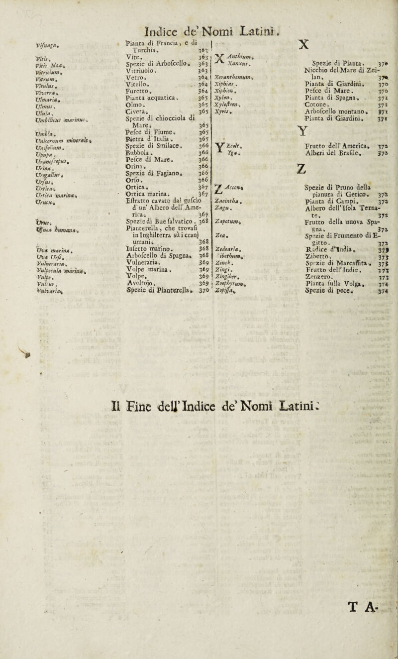 V'tfnaga* Vìtis. Vitis idi, a Vitriolum. Vitrum . Vìtulus . Viverra » Ulmarìa, Xjlmus. Ulula. XJtnbìlkus marinai -, Umb ’a. X^nirornunt rràntrah % Umfollum. Upupa . Uranof-opus , Urina. Urogalltts , Urfus. Unica* Unica marina-* Urne a , . | 'Cp'wé/* human a * I 0* Uva marina, l/va Urfì. Vulneraria-, Vulpecula marina , Vultur. Vulvaria'* Indice de’ Nomi Latini. Turchia. 363 ' Vite. 363 5 Spezie di Arbofcelio. 363 Vitriuolo. 363 Vetro, 36 4. Vitello. 364 Furetto. 364 Pianta acquatica. 365 Olmo. 365 Civeta. 365 Spezie di chiocciola di Mare. 365 Pefce di Fiume. 365 Pietra d’Italia. 365 Spezie di Smilace. 366 Bubbola. 366 Pelce di Mare. 3 66 Orina. 366. Spezie di Fagiano, 366 Orfo. 366 Ortica. 3Ó7 ' Ortica marina. 3^7 ì Eftratto cavato da' gufeio d’un’ Albero dell’Ame- rica; 367 Spezie di Bue faìvatico . 368 Pianterella, che trovafi in Inghilterra sui crani umani; 368 Infetto marino. 368 Arbofcello di Spagna. 368 Vulneraria. 369 Volpe marina. 369 | Volpe. 369 ! Avoltojo. 369 « Spezie di Pianterella, 370 ' Y Anthium, Xanxus. Xeranthemum-, Xiphias . Xiphicn. ■Xy/o». Xylofleon, Xyris , V Ecolt-, L rga. ^ Accori* Zacintha, . Zapotum* Zea e Zedoaria, ibethum. Zopìjfa^ Spezie di Pianta. 37* Nicchio del Mare di Zei- lan. . . 37* Pianta di Giardini. 370 Pefce di Mare . 370 Pianta di Spagna. 371 Cotone. 371 Arbofcello montano. 371 Pianta di Giardini. 371 Y Frutto dell’ America. 371 Alberi del Braille. 371 Z 'Spezie di Pruno della pianura di Gerico. 37% Pianta di Canapi. 373» Albero deH’Ifola Terna¬ te. 37* Frutto delia nuova Spa¬ gna. 37* Sp zie di Frumento diE- gìtto. 37* Ridice d’india, 37f Zibetto. 37} Spezie di Marcaflìta. 373 Frutto dell’Indie. 373 Zenzero. 373 Pianta fulla Volga, 374 Spezie di pece. .374 Il Fine dell’Indice de’Nomi Latini. T A-