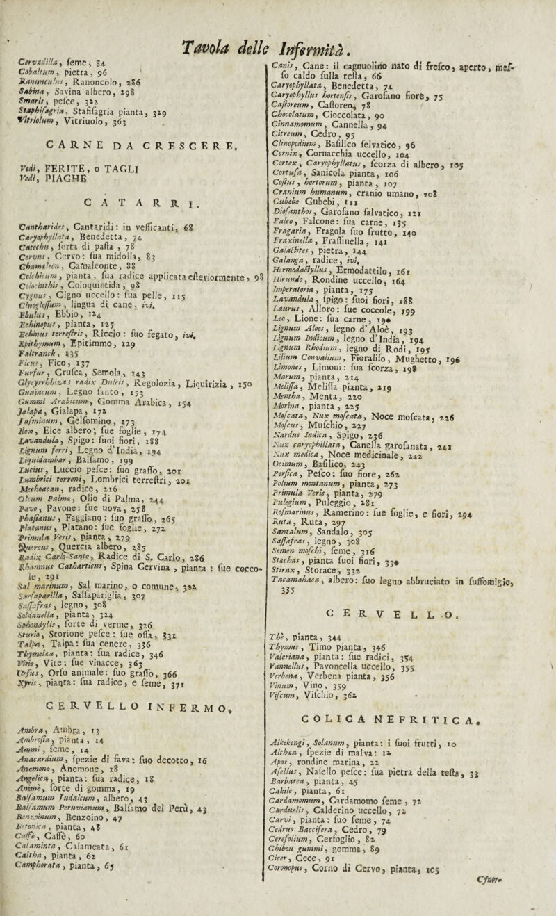 Tavola Cerva dilla, feme, 34. CobaltHtn, pietra , 96 Ranuneulm, Ranoncolo, 286 Sabina, Savina albero, 298 Stnaris, pefce, 322 Staphìfagria, Stafifàgria pianta, 329 Yitrìolum, Vitriuolo, 363 CARNE DA CRESCERE. Vidi, FERITE, o TAGLI PIAGHE CATARRI. C anthttridcs, Cantaridi: in vellicanti, 68 Caryopbyl/ata, Benedetta, 74 Gamba, Torta di parta , 78 Cerva*, Cervo: Tua midolla, 83 cbatmleon, Camaleonte, 88 Colebìeam, pianta , Tua radice applicata erteriormente , 98 Co'ocimhìs , Coloquintida , 98 Cy^ww-r, Cigno uccello: Tua pelle, 115 Chiogloffum , lingua di cane, ivi. Ubala s, Ebbio, 124 Ethìnopus, pianta, 125 Rebìnus terrejìris, Riccio : Tuo fegato, ivi, Epithymum, Epitimmo, 129 Ealtranck, 235 EìcHi, Fico, 137 Furfur , Crufca, Semola, 143 Qlycyrrbhi&a s radix Dulcis, Regolozia, Liquirizia, 150 Guajacum, Legno Tanto, 153 Gammi Arabicam, Gomma Arabica, 154 Jalapa, Gialapa , 172 Jafmìnum, GelTomino , 173 Elee albero; Tue foglie, 174 Lavandaia, Spigo: fuoi fiori, 188 Lignum ferri, Legno d’india, 194 Liyuìdambar, Baliamo , 199 Lucius, Luccio pefce: Tuo graffo, 201 tumbriei terreni, Lombrici terreftri, 20 s Mechoacan, radice, 216 Qkam Palma, Olio di Palma, 244 p<jw, Pavone: Tue uova, 258 phafìanus, Faggiano : Tuo graffo, 265 platanus, Platano: Tue foglie, 272 'Prìmula Ferie, pianta, 279 C^tercus, Quercia albero, 285 Radix Carlo-Santo, Radice di S. Carlo, 286 Rhamnus Catbarticus, Spina Cervina , pianta : Tue cocco» le, 291 Sai marìnutn, Sai marino, 0 comune, 3©a Sarfaparilla, Salfapariglia, 307 Sajfafras, legno, 308 Soldanella, pianta ^ 324 Spàondylis, forte di verme, 326 Starlo, Storione pefce : Tue olia, 331 Talpa, Talpa: Tua cenere, 336 Thyméha, pianta: Tua radice, 346 Firn, Vite: Tue vinacce, 363 XJrfus, Orfo animale: fuo graffo, 366 Eyris, pianta: Tua radice, e feme, 371 cervello infermo,, Ambra, Ambra, 13 Ambrofìa, pianta, 14 Ammì, feme, 14 Anacurdium, fpezie di fava: fuo decotto, 16 Anemone, Anemone, 18 Angelica, pianta: fua radice, 18 Anime, forte di gomma, 19 $ctlfamum Judaicum , albero, 43 Malfamum Peruvìanum, Balfamo del Perù, 43 Renzoìnum, Benzoino, 47 Betonica, pianta, 48 Caffè, Caffè, 60 Calaminta, Calameata, 61 Cult ha , pianta , 62 Camphorata, pianta, 65 delle Infermità. Canìs, Cane: il cagnuolino nato di frefeo, aperto, jnef- fo caldo fulla fella, 66 Caryophyllata, Benedetta, 74 Caryophyllus honenfis, Garofano fiore, 75 Caftoreum, Cartoreo^, 78 Chocolatum, Cioccolata, 90 Cinnamomam, Cannella, 94 Cìtream, Cedro, 93 Clinopodiut/ì, Bafilico felvatico, 96 Comix, Cornacchia uccello, 104 Cortex, Caryophyllatus, feorza di albero, 105 Cortufa, Sanicola pianta, 106 Cofius , hortorum , pianta, 107 Cranìum humanum, cranio umano, 108 Cubebe Gubebi, in Diofanthos, Garofano falvatico, 121 Falco, Falcone: fua carne, 133 Fragaria, Fragola fuo frutto, 140 Fraxinella, Frartìnella, 141 GalaElites, pietra ,144 Galanga, radice, ivi. HermodaSìyllus, Ermodattilo, 161 Hirundo, Rondine uccello, 164 Imperatoria, pianta, 175 Lav anditi a, fpigo : fuoi fiori, 188 Laurus, Alloro: fue coccole, 199 Leo, Lione: fua carne, 19* Lignum Aloes, legno d’Aloè, 193 Lignum Indicum, legno d’india, 194 Lignum Rbodìum, legno di Rodi, 195 Lilium Convalìum, Fioralifo, Mughetto, 196 Limone s, Limoni: fua feorza, 19$ Marum, pianta, 214 Meliffa, Melifla pianta, 219 Mentha, Menta, 220 Monna, pianta, 223 Mofeata, Nux mofeata, Noce mofeata, Mofcus, Mufchio, 127 Nardus Indica, Spigo, 236 Nux caryophìllata, Canella garofanata, 241 Nux medica, Noce medicinale, 242 Ocimum, Bafilico, 243 Perfica, Pelco: fuo fiore, 262 Polium montanum, pianta, 273 Primula Veris, pianta, 279 Pulegium , Puleggio , 281 Rofmarinus, Ramerino: fue foglie, e fiori, 2.94 Ruta, Ruta, 297 Santalum, Sandalo, 303 Sajfafras , legno , 308 Semen mofehi, feme, 316 St&cbas, pianta Tuoi fiori, 3;* Stirax, Storace, 332 Tacamahaca, albero: Tuo legno abbruciato in fuffomigio, 335 CERVELLO. The, pianta, 344 Tbymus, Timo pianta, 346 Faleriana, pianta: fue radici, 354 Vannellui, Pavoncella uccello, 355 Verbena, Verbena pianta, 356 Fìnum, Vino, 359 Fifcum, Vifchio, 362 COLICA NEFRITICA. Alkekengi, Solanum, pianta: i fuoi frutti, io Alth&a, fpezie di malva: 12 Apa, rondine marina, 22 Afellm, Nafdlo pefce: fua pietra della terta, 33 Barbarea, pianta, 45 Cakile, pianta, 61 Cardamomnm, Cardamomo feme , 72 Carduelis, Calderino uccello, 72 Carvi, pianta : Tuo feme , 74 Cedriti Baccifera , Cedro , 79 Cerefolium, Cerfoglio, 82 chìbou gummì, gomma, 89 Cìcer, Cece, 91 Coronopui, Corno di Cervo, pianta, 105 cynorm