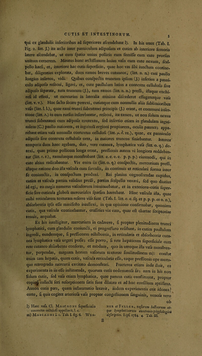I* CUTIS ET XNTESTINORVM. 5 tpii cx glandulis inferioribus ad fuperiores afcendebant 1), In his unus (Tab. I* Fig. 2. litt. J.) ita arde inter panniculum adipofum et cutim ab interiore femoris latere afcendebat, ut eum fpatio unius pollicis cum femifie cum cute prorfus unitum cernerem. Miratus hunc ardifiimum huius valis cum cute nexum, fcal- pello haefi, et, interiore hac cutis fuperficie> quae hoc vas libi iundum contine¬ bat, diligentius explorata, duos ramos breves cutaneos, (litt. n. n.) cuti paullo longius infertos, vidi. Quibus confpedis truncum ipfum (J.) inferius a panni¬ culo adipofo refecui, ligavi, et, cute paullulam latius a contextu cellulofo five adipofo feparata, tum truncum (J.), tum ramos (litt. n. n.) prefii, ifia que enchi- refi id effeci, ut mercurius in lateralia minima difcederet effugeretque vaia (litt. v. v.). Hoc fado fecare perrexi, cutimque cum nonnullis aliis fublimioribus vafis (litt. 1. L), quae rami trunci fubcutanei principis (J.) erant, et communi infer- tione (litt. A.) in eum rurfus inferebantur, refecui, ita tamen, ut non folum nexus trunci fubcutanei cum adipofo contextu, fed infertio etiam in glandulam ingui¬ nalem (C.) paullo maiorem, et inguinali regioni propiorem, oculis pateret j appa¬ rebant etiam vafii nonnulla contextus cellulofi (litt. /a £ zz.), quae, ex panniculo adipofo five contextu cellulofo orta, in maiores truncos finiebantur. Interea temporis dum haec agebam, duo, vere cutanea, lymphatica vafa (litt. o. q.) de¬ texi, quae primo pollicem longa erant, preffionis autem vi longiora reddeban¬ tur (litt. r. r.), ramulosque monftrabant (litt. e. e. e. e. p. p. p.) eiusmodi, qui in cute altius radicabantur. Vix enim iis (litt. o. q.) confpedis, mercurium prefii, iftaque ratione duo ifia vafcula cum furculis, iis continuis et reticulari forma inter fe coniundis, in confpedum produxi. Rei planius cognofcendae cupidus, cutim et vafcula partim validius prefii, partim fcalpello vexavi, fed quo diutius id egi, eo magis numerus vafculorum imminuebatur, et in exteriore-cutis fiiper- ficie five cuticula globuli mercuriales fparfim haerebant. Hinc vafcula ifia, quae mihi reticularem texturam referre vifa funt (Tab. I. litt. e. e. fq. et p. p. p. et n. n.) abforbentia ipfii efie manifefio intellexi, in qua opinione confirmabar, quoniam cutis, qua vafcula continebantur, crafiities vix eam, quae efi chartae feriptoriae tenuis, aequabat. Ex his intelligitur, mercurium in cadavere, fi propter plenitudinem trunci lymphatici, cum glandulis coniundi, ei progretfuro refifiunt, m cutim paullulum ingredi, eundemque, fi prefiionem adhibueris, in reticularia et abforbentia cuta¬ nea lymphatica vafa urgeri 'polle; efie porro, fi rete hepaticum fuperficiale cum rete cutaneo abforbente conferas, et modum, quo in utroque ifia vafa monfiren- tur, perpendas, magnam horum vaforum texturae fimilitudinem m); confiat enim tam hepatis, quam cutis, vafcula reticularia efie, eaque preflionis ope motu¬ que retrogrado mercurii excitato demonfirari. Praeterea etiam inde fluit, ea experimenta in iis efie infiituenda, quorum cutis oedematofa fit; nam in his non folum cutis, fed vafa etiam lymphatica, quae partem cutis confiituunt, propter copiori colledi feri reforptionem fatis funt dilatata et ad hoc confilium aptiffima. Annon cutis pars, quam inflammatio laxavit, iisdem experimentis erit idonea? certe, fi quis cogitet arteriofa vafa propter congefiionem fanguinis, venofa vero ob l) Haec vafa Cl. M ascagni fuperficialia . contextus cellulofi appellavit, 1. c. m) M a s c a g n i 1. c. Tab. I. fig. 6. W £ r- ner et Feller, vaforum la&eonm at- ijUB lymphaticorum au at otii icop hyjio lovi ca defcrijJtio. Lipf. 1784. 4. Tab. IU. B