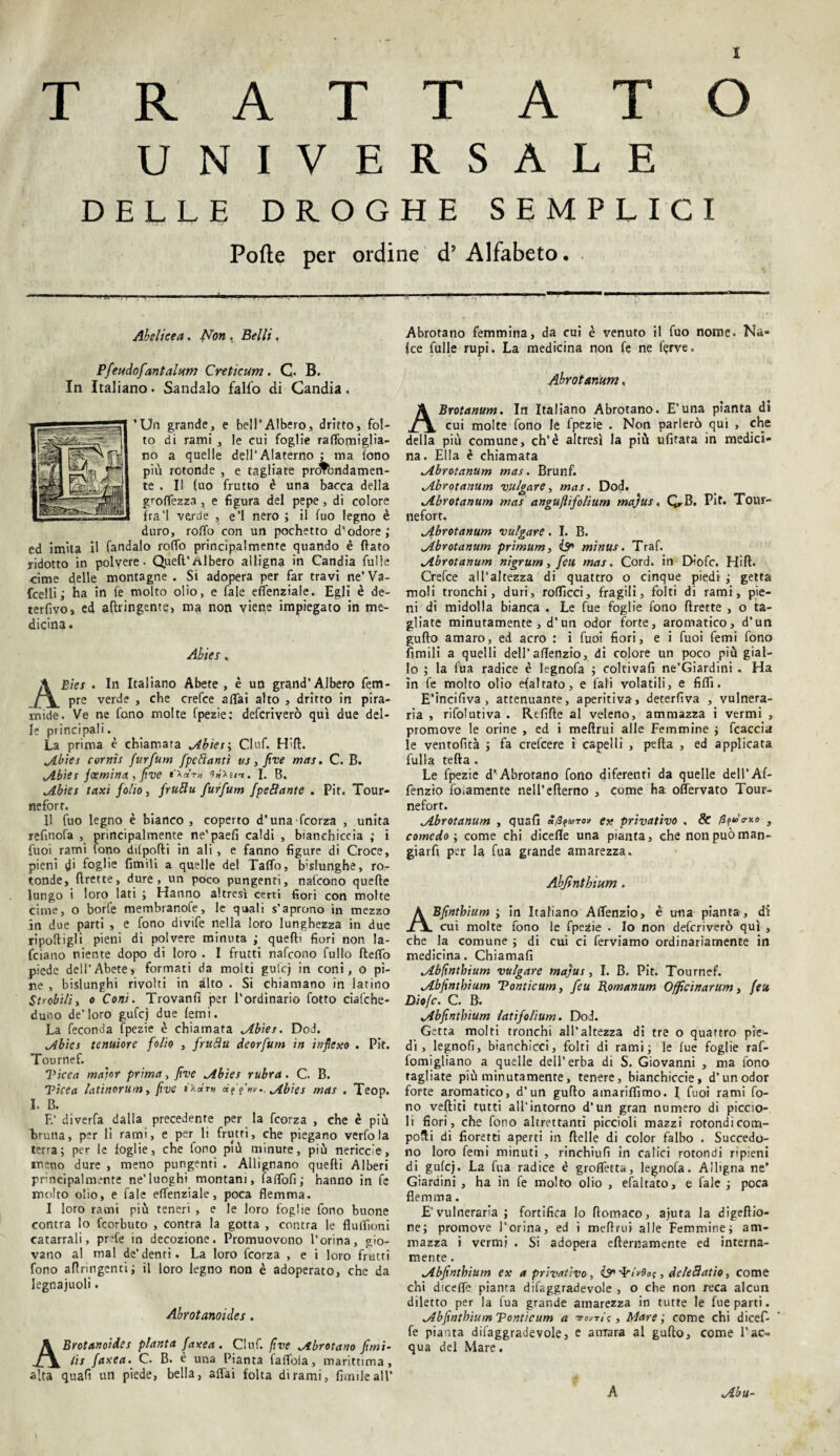 TRATTATO UNIVERSALE DELLE DROGHE SEMPLICI Porte per ordine d’ Alfabeto. Abelicea. filon , Belli. Pfeudofant alani Creticum. C. B. In Italiano. Sandalo falfo di Candia. ’Un grande, e bell’Albero, dritto, fol¬ to di rami , le cui foglie raffomiglia- no a quelle dell’Alaterno ; ma fono più rotonde , e tagliate profondamen¬ te . Il (uo frutto è una bacca della groffezza , e figura del pepe, di colore ìra’l verde , e’1 nero ; il fuo legno è duro, rodo con un pochetto d'odore; ed imita il bandaio ro(To principalmente quando è flato ridotto in polvere. Quell’Albero alligna in Candia bulle cime delle montagne . Si adopera per far travi ne’Va- fcelli; ha in le molto olio, e baie effenziale. Egli è de- terfivo, ed attingente, ma non viene impiegato in me¬ dicina. Abies. ÀBìet . In Italiano Abete , è un grand’Albero Tem¬ pre verde , che crebce affai alto , dritto in pira¬ mide. Ve ne fono molte fpezie : defcriverò qui due del¬ le principali. La prima è chiamata Abies ^ Club. H'fi. Abies cornis furfum [tettanti us, five mas. C. B. Abies jcernirla > five I. B. Abies taxi folio, frutta furfum fpettante . Pit. Tour- neforr. U fuo legno è bianco, coperto d’una fcorza , unita refinofa , principalmente ne'paefi caldi , bianchiccia ; i buoi rami fono dilpodi in ali , e fanno figure di Croce, pieni di foglie fimili a quelle del Taffo, b’slunghe, ro¬ tonde, {frette, dure, un poco pungenti, nalcono quelle lungo i loro lati ; Hanno altresì certi fiori con molte cime, o borbe membranote, le quali s’aprono in mezzo in due parti , e fono divife nella loro lunghezza in due ripolligli pieni di polvere minuta ; quelli fiori non la- fciano niente dopo di loro . I frutti nafcono bullo fletto piede dell’Abete, formati da molti gulc) in coni, o pi¬ ne , bislunghi rivolti in alto . Si chiamano in latino Strobili, o Coni. Trovanti per l’ordinario botto ciafche- duno de’loro gufcj due lemi. La feconda fpezie è chiamata Abies. Dod. Abies tenuiore folio , frutta deorfium in infiexo . Pit. Tournef. Ticea major prima, five Abies rubra. C. B. Ticea latinorum, five Abies mas . Teop. I. B. E’ diverba dalla precedente per la fcorza , che è più Eruna, per li rami, e per li frutti, che piegano verbo la terra; per le foglie, che fono più minute, più nericce, meno dure , meno pungenti . Allignano quefli Alberi principalmente ne’luoghi montani, fattoti; hanno in fe molto olio, e baie effenziale, poca flemma. I loro rami più teneri , e le loro foglie fono buone contra lo fcorbuto , centra la gotta , contra le flutfioni catarrali, prTe in decozione. Promuovono l’orina, gio¬ vano al mal de’denti. La loro fcorza , e i loro frutti fono adrmgenti; il loro legno non è adoperato, che da legnaiuoli. Abrotanoides. ABrotano’tdcs pianta faxea . Ciuf, five abrotano fimi- lis faxea. C. B. è una Pianta fattola, marittima, alta quafl un piede, bella, affai folta dirami, limile all’ Abrotano femmina, da cui è venuto il fuo nome. Nil¬ ice Culle rupi. La medicina non fe ne ferve. Abrotarium, ABrotanum. In Italiano Abrotano. E’una pianta di cui molte fono le fpezie . Non parlerò qui , che della più comune, eh’è altresì la più ufirara in medici¬ na. Ella è chiamata ^Ibrotanum mas. Brunf. Abrotanum vulvare, mas. Dod. Abrotanum mas angujìifolium majus, Q,B. Pit. Tour- nefort. Abrotanum vulgare. I. B. ibrotanum primum, & minus. Traf. Abrotanum nigrum, feti mas. Cord, in Diofc. Hift. Crebce all’altezza di quattro o cinque piedi ; getta moli tronchi, duri, rofficci, fragili, folti di rami, pie¬ ni di midolla bianca . Le fue foglie fono ftrerte , o ta¬ gliate minutamente, d’un odor forte, aromatico, d’un gufto amaro, ed acro : i fuoi fiori, e i buoi femi fono fimili a quelli dell’ aflenzio, di colore un poco più gial¬ lo ; la l’uà radice è legnofa ; coltivali ne’Giardini . Ha in fe molto olio efaltato, e Cali volatili, e filli. E’incifiva, attenuante, aperitiva, deterfiva , vulnera¬ ria , rifolutiva . Relitte al veleno, ammazza i vermi , promove le orine , ed i metlrui alle Femmine ; fcaccia le ventolità ; fa crefeere i capelli , petta , ed applicata Culla teda . Le fpezie d’Abrotano fono diferenti da quelle dell’ Af- fenzio fo.amente nell’etlerno , come ha offervato Tour- nefort. jlbrotanum , quafi S$furov ex privativo , 8c , comedo ; come chi diceffe una pianta, che non puòman- giarfi per la fua grande amarezza. Abfinthium. ABfinthium ; in Italiano Affenzio, è una pianta , di cui molte fono le fpezie . Io non defcriverò qui , che la comune ; di cui ci ferviamo ordinariamente in medicina. Chiamali Abfinthium vulgare majus, I. B. Pit. Tournef. Abfinthium Tonticum, feu Romanum Officinarum, /est Diofc. C. B. vAbfinthium latifolium. Dod. Getta molti tronchi all’altezza di tre o quattro pie¬ di, legnofì, bianchicci, folti di rami; le lue foglie raf- fomigliano a quelle dell’erba di S. Giovanni , ma fono ragliate più minutamente, tenere, bianchiccie, d’un odor forte aromatico, d’un gufto amariflìmo. I fuoi rami fo¬ no vediti tutti all’intorno d’un gran numero di piccio¬ li fiori, che fono altrettanti piccioli mazzi rotondi coni- podi di fioretti aperti in delle di color falbo . Succedo¬ no loro femi minuti , rinchiufì in calici rotondi ripieni di gulcj. La fua radice è groffetta, legnofa. Alligna ne* Giardini , ha in fe molto olio , efaltato, e fale ; poca flemma. E vulneraria ; fortifica lo domaco, ajuta la digeftio- ne; promove l’orina, ed i medrui alle Femmine; am¬ mazza i vermi . Si adopera edernamente ed interna¬ mente . Abfinthium ex a privativo, & ^r!ve0(, delettatio, come chi diceffe pianta difaggradevole , o che non reca alcun diletto per la fua grande amarezza in tutte le fue parti. Abfinthium Tonùcum a Trovri<;, Mare ; come chi dicef¬ fe pianta difaggradevole, e amara al gudo, come l’ac» qua del Mare. A Abu-