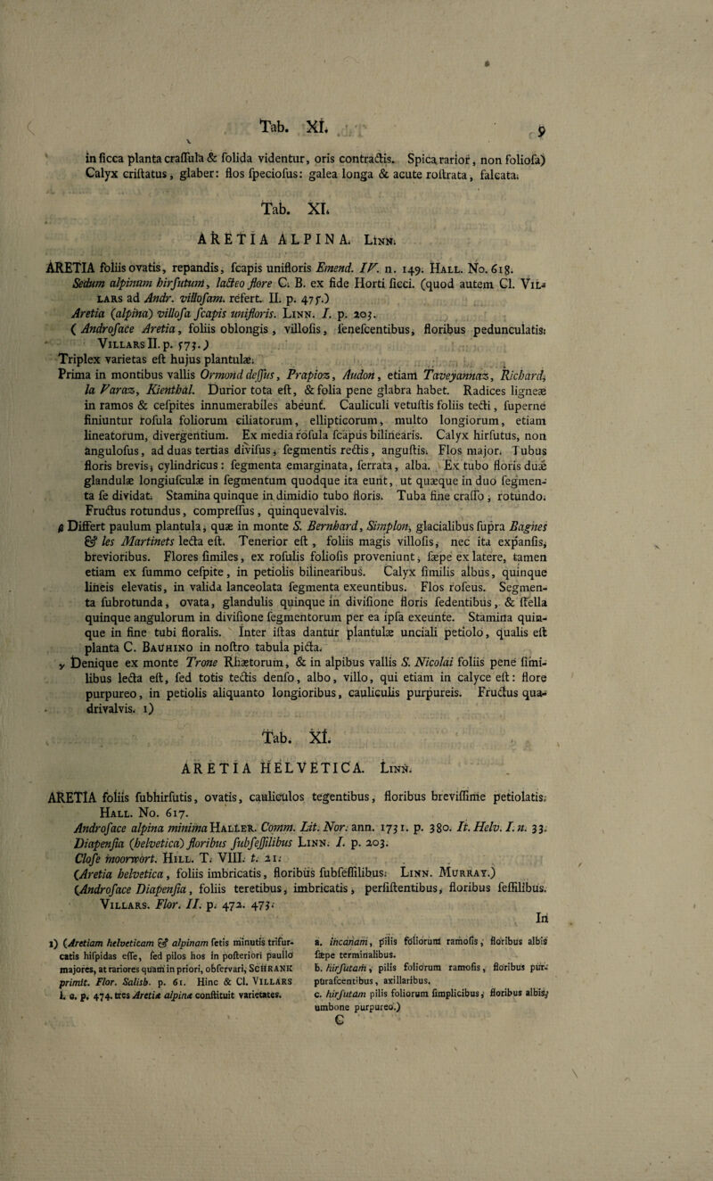 * V inficca planta craflTuh & folida videntur, oris contradis. Spica rarior, non foliofa) Galyx criftatus, glaber: flos fpeciofus: galea longa & acute roftrata, falcata; tab. XL AkEtiA ALPINA Lira. ARETIA foliis ovatis, repandis, feapis unifloris Emend. IF. n. 149; Hall. No. 618. S^dum alpinam Urfiituin^ lad:eo flore G; B. ex fide Horti fieei. (quod autem Cl. ViL^ LARS ad Andr. viUofam. refert. IL p. 475”;) Aretia {alpinu) villofa feapis unifloris. Linn. 7. p. 20^. ( Androface Aretia, foliis oblongis , villofis, fenefeentibus, floribus pedunculatisi ViLLARsII.p. S7^') Triplex varietas eft hujus plantulaBi . . ; Prima in montibus vallis Ormond dejfus, Prapioz, Audon, etiam Taveyannaz, Richardi la Varaz, Kienthal. Durior tota eft, & folia pene glabra habet. Radices ligneae in ramos & cefpites innumerabiles abeunt. Cauliculi vetuftis foliis tedi, fuperne finiuntur rofula foliorum ciliatorum, ellipticorum, multo longiorum, etiam lineatorum, divergentium. Ex media rofula fcapus biliriearis. Calyx hirfutus, non ^ngulofus, ad duas tertias divifus i fegmentis redis, anguftis; Flos majon Tubus floris brevis} cylindricus : fegmenta emarginata, ferrata, alba. Ex tubo floris du^ glandulae longiufculae in fegmentum quodque ita eurit, ut quaeque in duo fegmen¬ ta fe dividat; Stamina quinque in, dimidio tubo floris. Tuba fine craflb i rotiindo; Frudus rotundus, compreflus , quinquevalvis. fi Differt paulum plantula^ quae in monte S. Bernhard, Simplo7i, glacialibus fupra Bagnes ^ ies Martinets ledd. Tenerior eft, foliis magis villofis ^ nec ita expanfisj brevioribus. Flores fimiles, ex rofulis foliofis proveniunt ^ faepe ex latere, tamen etiam ex fummo cefpite, in petiolis bilinearibus. Calyx fimilis albus, quinque liiicis elevatis, in valida lanceolata fegmenta exeuntibus. Flos rofeus. Segmen¬ ta fubrotunda, ovata, glandulis quinque in divifione floris fedentibiis, & ftella quinque angulorum in divifione fegmentorum per ea ipfa exeiinte. Stamina quin¬ que in fine tubi floralis. Inter iftas dantur plantulae unciali petiolo, qualis eft planta C. Ba^hino in noftro tabula pida; y iDenique ex monte Trone Rhastoruin, & in alpibus vallis S. Nicolai foliis pene fihii- libus leda eft, fed totis tedis denfo, albo, villo, qui etiam in calyce eft: flore purpureo, in petiolis aliquanto longioribus, cauliculis purpureis. Frudus qua^ drivalvis; i) Tab. XL ARETIA HELVETICA. Linn. ARETIA foliis fubhirfutis, ovatis, cauliculos tegentibus, floribus breviffiihe pedolatis; Hall. No. 617. Androface alpina HalLer. Comm. Lit. Nor: mn. 17^1. p. 380. It.Helv.I.n: 33. Diapenfla (helvetlca) floribus fubfejfilibus Linn; L p. 203. Clofe moorrport. Hill. T.' VIII; t: 21; ^ CAretia helvetica, foliis imbricatis, floribus fubfeflilibus; Linn. Murray.) iAndr of ace Diapenfla, foliis teretibus j* imbricatis, perfiftentibus, floribus fefiilibus. VlLLARS. Flor: II. p; 472. 473.' Iri 1) {_Aretiam helveticam ^ alpinam fetis minutis trifur- catis hifpidas efle, fed pilos hos In pofteribri paullO majores, at rariores quarii in priori, obfervari^ ScHR ank primit. Flor. Salisb. p. 61. Hinc & Cl. Villars l. c. p» 474. tres Aretia alpina conftituit varietates. a. iheanani, pilis fdlibruni raraods,- floribus albis fepe terminalibus. b. hirfutarh, pilis foliorum ramofis, floribus pur«' pUrafeentibus, axillaribus. c. hirjutam pilis foliorum fimplicibus^ floribus albis; umbone purpureo.) G \