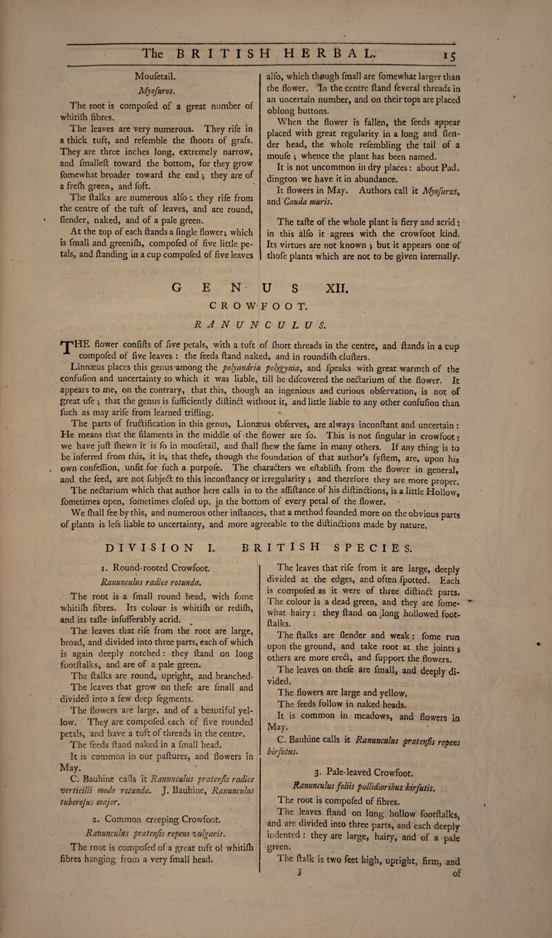 *5 Moufetail. Myofuros. The root is compofed of a great number of whitifh fibres. The leaves are very numerous. They rife in a thick tuft, and refemble the fhoots of grafs. They are three inches long, extremely narrow, and fmalleft toward the bottom, for they grow fomewhat broader toward the end ; they are of a frefh green, and foft. The (talks are numerous alfo l they rife from the centre of the tuft of leaves, and are round, (lender, naked, and of a pale green. At the top of each (lands a fingle flower; which is fmall and greenifh, compofed of five little pe¬ tals, and (landing in a cup compofed of five leaves alfo, which though fmall are fomewhat larger than the flower. In the centre (land feveral threads in an uncertain number, and on their tops are placed oblong buttons. When the flower is fallen, the feeds appear placed with great regularity in a long and (len¬ der head, the whole refembling the tail of a moufe ; whence the plant has been named. It is not uncommon in dry places: about Pad¬ dington we have it in abundance. It flowers in May. Authors call it Myofurtis, and Cauda muris. The tafte of the whole plant is fiery and acrid: in this alfo it agrees with the crowfoot kind. Its virtues are not known ; but it appears one of thofe plants which are not to be given internally*. g e n • u s XII. CROWFOOT. RANUNCULUS. I npHE flower confifls of five petals, with a tuft of (hort threads in the centre, and (lands in a Cup compofed of five leaves : the feeds (land naked, and in roundifh clufters. Linnaeus places this genus among the polyandria polygynia, and fpeaks with great warmth of the confufion and uncertainty to which it was liable, till he difcovered the nedlarium of the flower. It appears to me, on the contrary, that this, though an ingenious and curious obfervation, is not of great ufe ; that the genus is fufficiently diftind: without it, and little liable to any other confufion than fuch as may arife from learned trifling. The parts of frudlification in this genus, Linnaeus obferves, are always inconftant and uncertain : He means that the filaments in the middle of >the flower are fo. This is not fingular in crowfoot» we have juft (hewn it is fo in moufetail, and (hall fhew the fame in many others. If any thing is to be inferred from this, it is, that thefe, though the foundation of that author’s fyftem, are, upon his own confeflion, unfit for fuch a purpofe. The characters we eftablifh from the flower in general, and the feed, are not fubjedl to this inconftancy or irregularity ; and therefore they are more proper. The nedlarium which that author here calls in to the affiftance of his diftindlions, is a little Hollow* fometimes open, fometimes clofed up, in the bottom of every petal of the flower. We (hall fee by this, and numerous other inftances, that a method founded more on the obvious parts of plants is lefs liable to uncertainty, and more agreeable to the diftindlions made by nature. DIVISION L BRITISH SPECIES. i. Round-rooted Crowfoot. t Ranunculus radice rotunda. The root is a fmall round head, with fome whitifh fibres. Its colour is whitifh or redifh, and its tafte infufferably acrid. The leaves that rife from the root are large, broad, and divided into three parts, each of which is again deeply notched: they (land on long footftalks, and are of a pale green. The ftalks are round, upright, and branched* The leaves that grow on thefe are fmall and divided into a few deep fegments. The flowers are large, and of a beautiful yel¬ low. They are compofed each of five rounded petals, and have a tuft of threads in the centre. The feeds (land naked in a fmall head. It is common in our paftures, and flowers in May. C. Bauhine calls it Ranunculus pratenfis radice 'verticilli modo rotunda. J. Bauhine, Ranunculus tuberojus major. 2. Common creeping Crowfoot. Ranunculus pratenfis repens 'vulgaris. The root is compofed of a great tuft of whitifh fibres hanging from a very fmall head. The leaves that rife from it are large, deeply divided at the edges, and often fpotted. Each is compofed as it were of three diftindl parts. The colour is a dead green, and they are fome¬ what hairy : they (land on dong hollowed foot¬ ftalks. The ftalks are (lender and weak: fome run upon the ground, and take root at the joints §, others are more eredl, and fupport the flowers. The leaves on thefe are fmall, and deeply di¬ vided. The flowers are large and yellow. The feeds follow in naked heads* It is common in meadows, and flowers in May. C. Bauhine calls it Ranunculus pratenfis repefts hirfutus. 3. Pale-leaved Crowfoot. Ranunculus foliis pallidioribus hirfutis. The root is compofed of fibres. 1 he leaves (land on long hollow footftalks, and are divided into three parts, and each deeply indented : they are large, hairy, and of a pale green. The ftalk is two feet high, upright, firm, and