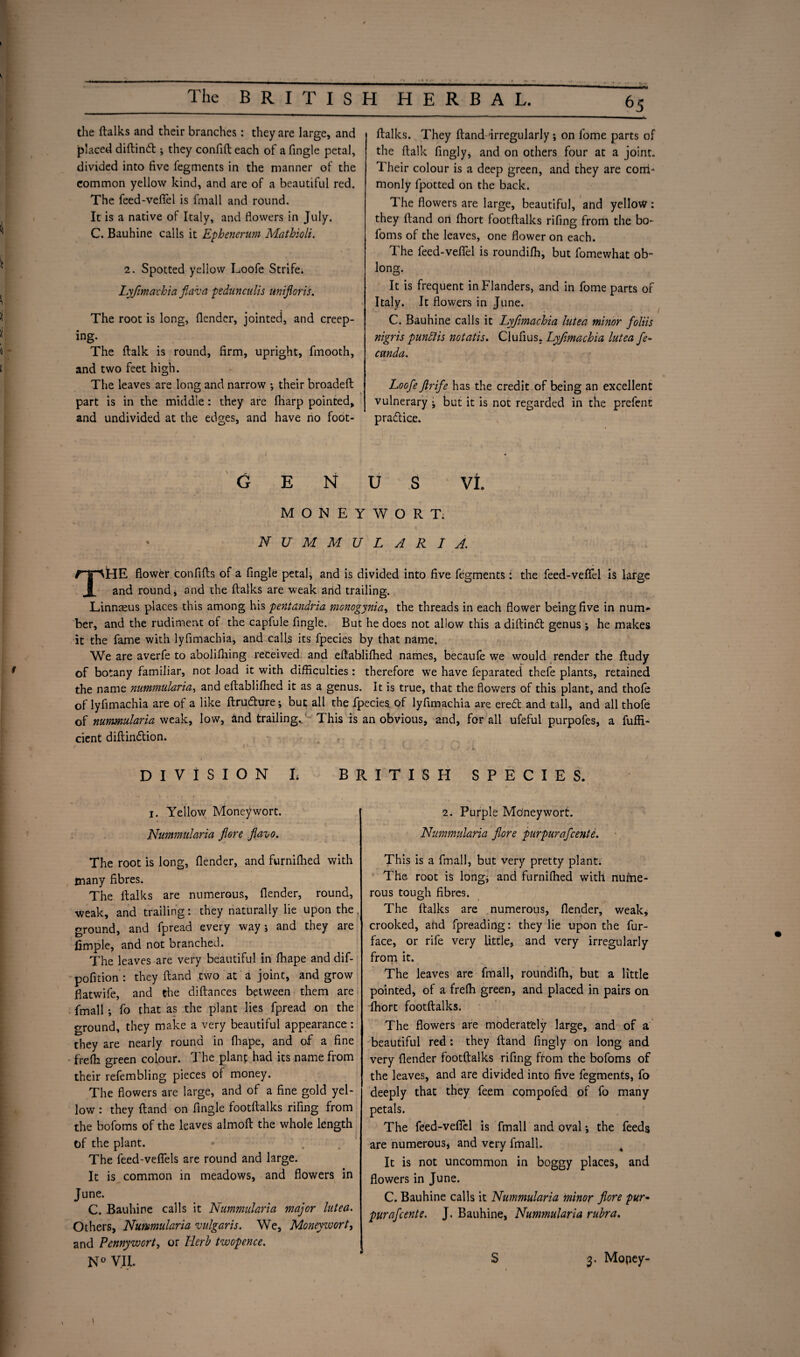 the ftalks and their branches: they are large, and placed diftintt ; they confift each of a fingle petal, divided into five fegments in the manner of the common yellow kind, and are of a beautiful red. The feed-veflel is fmall and round. It is a native of Italy, and flowers in July. C. Bauhine calls it Ephenerum Mathioli. 2. Spotted yellow Loofe Strife. Lyfimachia fiava pedunculis uniforis. The root is long, (lender, jointed, and creep¬ ing. The ftalk is round, firm, upright, fmooth, and two feet high. The leaves are long and narrow •, their broadeft part is in the middle : they are fharp pointed, and undivided at the edges, and have no foot- 65 (talks. They (land 'irregularly ; on fome parts of the (talk fingly, and on others four at a joint. Their colour is a deep green, and they are com¬ monly fpotted on the back. The flowers are large, beautiful, and yellow: they (land on fhort footftalks rifing from the bo- foms of the leaves, one flower on each. The feed-veflel is roundifh, but fomewhat ob¬ long. It is frequent in Flanders, and in fome parts of Italy. It flowers in June. C. Bauhine calls it Lyjhnachia lutea minor foliis nigris puntlis notatis. Cluftus. Lyfimachia lutea fe- canda. Loofe Jlrife has the credit of being an excellent vulnerary j but it is not regarded in the prefent praftice. GENUS Vl. . ).  ■ MONEYWORT: NUMMULARI A. THE flower conflfts of a fingle petaft and is divided into five fegments: the feed-vefTel is large and round, and the ftalks are weak arid trailing. Linnseus places this among his pentandria monogynia, the threads in each flower being five in num¬ ber, and the rudiment of the capfule fingle. But he does not allow this a diftindt genus ; he makes it the fame with lyfimachia, and calls its fpecies by that name. We are averfe to abolifhing received and eftablifhed names, becaufe we would render the ftudy of botany familiar, not load it with difficulties : therefore we have feparated thefe plants, retained the name nummularia, and eftablifhed it as a genus. It is true, that the flowers of this plant, and thofe of lyfimachia are of a like ftrudture \ but all the fpecies of lyfimachia are eredt and tall, and all thofe of nummularia weak, low, and trailing.. This is an obvious, and, for all ufeful purpofes, a fuffi- cient diftindtion. DIVISION L BRITISH SPECIES 1. Yellow Moneywort. Nummularia fore flavo. The root is long, (lender, and furnifhed with many fibres. The ftalks are numerous, (lender, round, weak, and trailing: they naturally lie upon the. ground, and fpread every way j and they are Ample, and not branched. The leaves are very beautiful in (hape and dif- pofition : they (land two at a joint, and grow flatwife, and the diftances between them are fmall *, fo that as the plant lies fpread on the ground, they make a very beautiful appearance: they are nearly round in fhape, and of a fine frefh green colour. The plant had its name from their refembling pieces of money. The flowers are large, and of a fine gold yel¬ low : they ftand on fingle footftalks rifing from the bofoms of the leaves almoft the whole length of the plant. The feed-vefiels are round and large. It is common in meadows, and flowers in June. C. Bauhine calls it Nummularia major lutea. Others, Nummularia vulgaris. We, Moneywort, and Pennywort, or Herb twopence. N° VII. 2. Purple Moneywort. Nummularia fore purpurafeente. This is a fmall, but very pretty plant. The root is long* and furnifhed with nume¬ rous tough fibres. The ftalks are numerous, (lender, weak, crooked, arid fpreading: they lie upon the fur- face, or rife very little, and very irregularly from it. The leaves are fmall, roundiffi, but a little pointed, of a frefh green, and placed in pairs on fhort footftalks. The flowers are moderately large, and of a beautiful red : they ftand fingly on long and very (lender footftalks rifing from the bofoms of the leaves, and are divided into five fegments, fo deeply that they feem compoled of fo many petals. The feed-veflel is fmall and oval; the feeds are numerous* and very fmall. 4 It is not uncommon in boggy places, and flowers in June. C. Bauhine calls it Nummularia minor fore pur~ purafeente. J. Bauhine, Nummularia rubra. S 3. Mopey