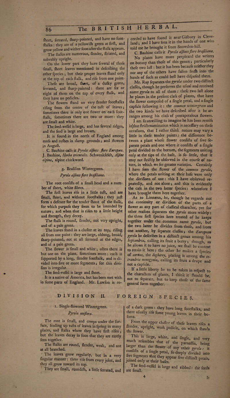 fhort, ferrated, (harp-pointed, and have no foot- ftalks: they are of a yellowifh green at firft, and o-row yellow and wither foon after the (talk appears. The ftalksare numerous, flender, ftriated, and tolerably upright. On the lower part they have feveral of thofe fmall, fhort leaves mentioned in defcribing the other fpecies •, but their proper leaves ftand only at the top of each (talk, and rife from one point- Thefe are broad, fhert, of a dufky green, ferrated, and fharp-pointed : there are fix or eight of them on the top of every ftalk, and they have no pedicles. The flowers (land on very {lender footftalks rifmg from the centre of the tuft of leaves; fometimes there is only one flower on each foot- ftalk, fometimes there are two or more: they are fmall and white. The feed-vefiel is large, and has feveral ridges, and the feed is large and brown; It is found in the north of England among mofs and ruffles in damp grounds; and flowers in Auguft. C. Bauhine calls it Pyrola alfmes fiore Europe a. J. Bauhine, Herb a trientalis. Schwenkfeldt, Alfine alpnay alpine chickweed. 5. Brafilian Wintergreen. Pyrola alfmes fiore braftliana. The root confifts of a fmall head and a num¬ ber of fhort, white fibres. The firft leaves rife in a little tuft, and are fmall, fhort, and without footftalks : they juft form a defence for the tender fhoot of the ftalk, for which purpofe they feem to be intended by nature •, and when that is rifen to a little height and ftrength, they decay. The ftalk is round, (lender, not very upright, and of a pale green. The leaves ftand in a duller at its top, rifing all from one point: they are large, oblong, broad, (harp-pointed, not at all ferrated at the edges, and of a pale green. The flower is fmall and white; often there is but one on the plant, fometimes more : each is fupported by a long, (lender footftalk, and is di¬ vided into five or more fegments ; for this divi- fion is irregular. The feed-vefiel is large and fhort. j It is a native of America, but has been met with in fome parts of England. Mr. Lawfon is re¬ corded to have found it near Gifbury in Cleve¬ land ; and I have feen it in the hands of one who told me he brought it from Snowden-hill. C. Bauhine calls it Pyrola alfmes fiore brafiliana. No plants have more perplexed the writers on botany than thofe of this genus; particularly thefe two laft : but it has been becaufe neither they nor any of the others have fallen frefh into the hands of fuch as could bed have difpofed them. Mr. Ray feparates the pyrola under two diftinCt clafies, though he preferves the ufual and received name pyrola to all of them : thefe two laft alone he places in the prefent clafs of plants, that have the flower compofed of a fingle petal, and a Angle capfule following it: the common wintergreen and the two kinds we have defcribed after it he ar¬ ranges among his clafs of pentapetalous flowers. I am fo unwilling to imagine he has been remifs in|that ftri&examination which is necefiary on thefe occafions, that I rather think nature may vary a i little in thefe tender points: the difference be¬ tween a plant whofe flower confifts of five fe- parate petals and one where it confifts of a Angle petal divided to the bottom, the fegments uniting i only at the tips of the bafe, is fo little, that it may not ftridlly be obferved in the courfe of na¬ ture, in which we fee greater varieties. Certainly | I have feen the flower of the common pyrola, where the petals uniting at their bafe were only the divifions of one: this I have obferved re¬ peatedly, and not alone; and this is evidently the cafe in the two latter fpecies: wherefore I have brought them here together. | As to Linnaeus, he, though he regards not the continuity or divifion of the parts. of a flower as any part of clafiical chara&er, yet for other reafons feparates the pyrola more widely: the three firft fpecies here treated of he keeps together under the common name pyrola, but the two latter he divides from thofe, and from one another, by feparate clafies; the European pyrola he defcribes in a diftinCl genus among his heptandria, calling its fruit a berry ; though, as he allows it to have no juice, we fhall be content to retain it here: the other he makes a fpecies of cornus, the dogberry, placing it among the te- trandria monogynia, calling its fruit a drupe and not a capfule. If a little liberty be to be taken in refpeCt to the characters of plants, I think it fhould be, : not to feparate, but to keep thofe of the fame general form together. DIVISION II. FOREIGN SPECIES. i* Single-flowered Wintergreen. Pyrola unifiora- The root is fmall, and creeps under the fur- face, fending up tufts of leaves in fpring in many places, and (talks where they have firft rifen ; but the leaves decay fo foon that they are rarely feen together. The (talks are round, (lender, weak, and not at all branched. The leaves grow regularly, but in a very Angular manner: three rife from every joint, and they all grow toward its top. They are fmall, rqundifh, a little ferrated, and there ufually rife fome young leaves in their b foms. From the upper clufter of thefe leaves rifes (lender, upright, weak pedicle, on which ftam the flower. This is large, white, and fingle, and vei much refembles that of the parnaffia, beir larger than the flower of any other pyrola: confifts of a fingle petal, fo deeply divided in' . Ve %mJnts that they appear five diftinCt petal joined only at their bafes. The feed-vefiel is large and ribbed: the fee. are fmall. 4 It