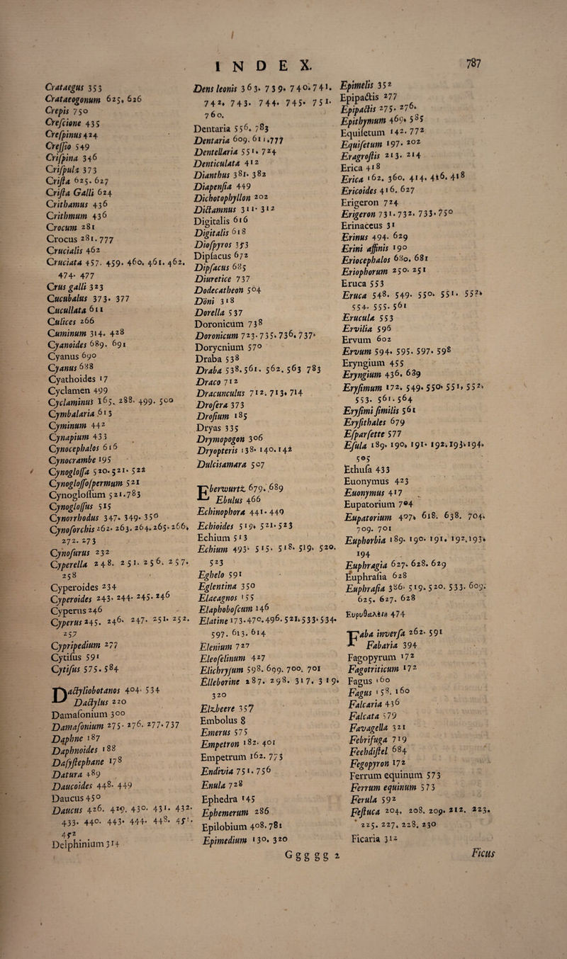 / INDEX. / Crataegus 353 Crataeogonum 625* 626 Crepis 75° Crefcione 43 5 Crefpinus 424 Creffio 549 Crifpina 346 Crifipula 3 73 Crtjla 6*5* 627 Crifta Galli 624 Cr it hamus 43 6 Crithmum 43 6 Crocum 281 Crocus 281. 777 Crucialis 462 Cruciata 457. 459* 460. 461. 462. 474* 477 323 Cucubalus 373• 377 Cucullata 6* * Culices 266 Cuminum 3*4- 428 Cyanoides 689. 691 Cyanus 690 Cyanus 688 Cyathoides 17 Cyclamen 499 CyclaminuS 165. 288, 499* 5°° Cymbalaria .6«5 Cyminum 442 Cynapium 433 Cynocephalos 616 Cynocrambe *95 Cynogloffia 5*0.521» 522 Cynoglojfo/permum 5 21 Cynogloilum 521.783 Cynogloffus 5*5 Cynorrhodus 347* 349* 3 5° Cynofiorchis 262. 263. 264.265» 266» 272.273 Cyno/urus 232 Cyperella 248* 251. 256« 257. 258 Cyperoides 234 Cyperoides 243- 244* 245- 246 Cyperus 246 C//>mtt245. 246* 247* 25** 252- 257 /fflWf 3 6 3- 7 3 9* 7 4°* 7 4 i. 7 4 2* 743» 7 44* 7 4 5» 7 5 *• 760. Dentaria 5 5 6» 783 Dentaria 609. 611.777 jUenteUaria 551 • 724 Denticulata 412 Dianthus 38i- 382 Diapenfia 449 Dichotophyllon 202 Dittamnus 31 *• 312 Digitalis 616 Digitalis 618 Diofpyros 3f3 Dipfacus 672 Dipfacus 685 Diuretice 7 3 7 Dodecatheon 5°4 3 * 8 £)cn?//rf 5 37 Doronicum 738 Doronicum 723- 735» 736. 737° Dorycniunl 57° Draba 5 38 538. 56*- 562. 563 783 Draco 7 * 2 Dracunculus 7*2.7*3*7*4 Drofera 373 Drojium *85 Dryas 3 35 Drymopogon 3°6 Dryopteris 13 8* * 4°- * 4^ Dulcisamara 5 07 Eberwurtt 679* ,689 Ebulus 466 Echinophora 44*-449 Echioides 5*9» 5 21 • 5 2 3 Echium 513 Echium 493* 5 *5- 5 1 51520- 5 23 Eghelo 59* Eglentina 3 5° Elaeagnos '55 Elaphobofcum 146 Elatine I73-47°.496» 52Ii*533*534- 597. 613. 614 Cypripedium 277 Cytiliis 59* Cytifus 575»584 Dattyliobotanos 4°4* 5 34 Dactylus 220 Damafonium 300 Datnafonium 275- z?6* 277* 737 Daphne 187 Daphnoides »88 Dafyftephane *78 Datura +89 Daucoides 448* 449 Daucus 45° Daucus 4Z6« 429. 43°- 43 *- 432* 433- 44°* 443* 444- 448- 45;- 4f 2 Deiphinium 3H Elenium 7 27 Eleo felinum 4 2 7 Elichry/um 598. 699. 700. 701 Elleborine 287. 298. 317, 319. 32° Elzbeere 357 Embolus 8 Emerus 575 Empetron 182* 401 Empetrum 162. 773 Endivia 75 *- 756 £»«/4 728 Ephedra 145 Ephemerum 286 Epilobium 4°8- 781 Epimedium * 3°« 3 20 Ggg gg 1 Epimelis 352 Epipadtis 277 275' 276^ Efitbymum 469« 5°s Equifetum *42-772 Equifetum 197 • 202 Eragroftts 213. 214 Erica 4 *8 '62. 360. 414. 4*6. 4*8 Ericoides 4*6. 627 Erigeron 7Z4 Erigeron 731 • 732» 733*75° Erinaceus 3* Erinus 494* 629 £n»i ajjinis *9° Eriocephalos 680. 681 Eriophorum 25°” 25* Eruca 553 Eruca 548* 549- 55°* 55*• 55?» 554. 555» 561 / Erucula 553 Ervilia 596 Ervum 602 Ervum 594* 595- 597* 59s Eryngium 455 Eryngium 436. 689 Eryfimum 172. 549. 550« 55 *> 552* 553. 561.564 Eryfimi Jimilis 561 Eryfithales 679 Efparfettc 577 Efula 189» 19°* *9*‘ 192.193.194» 505 Ethufa 433 Euonymus 423 Euonymus 4*7 Eupatorium 7®4 Eupatorium 4°7» 618. 638. 704» 709. 701 Euphorbia *89* *9°- 191 • *92»193* *94 Euphragia 627. 628. 629 Euphrafia 628 Euphrajia 386* 5*9*52°* 533* 609. 625. 627. 628 EupuQsjAfc/ti 474 F4&4 2 6 2‘ 59* Fabaria 394 Fagopyrum *72 Fagotriticum *72 Fagus <60 Fagus * 58. *6o Falcaria 436 Falcata 5 79 / Favagella 32* Febrifuga 7*9 Feehdifiel 684 Fegopyron *72 Ferrum equinum 573 Ferrum equinum 5 7 3 Ferula 592 Feftuca 204* 2°8» 209. 212. 223, 225. 227* 228. 230 Ficaria 312 Ficus