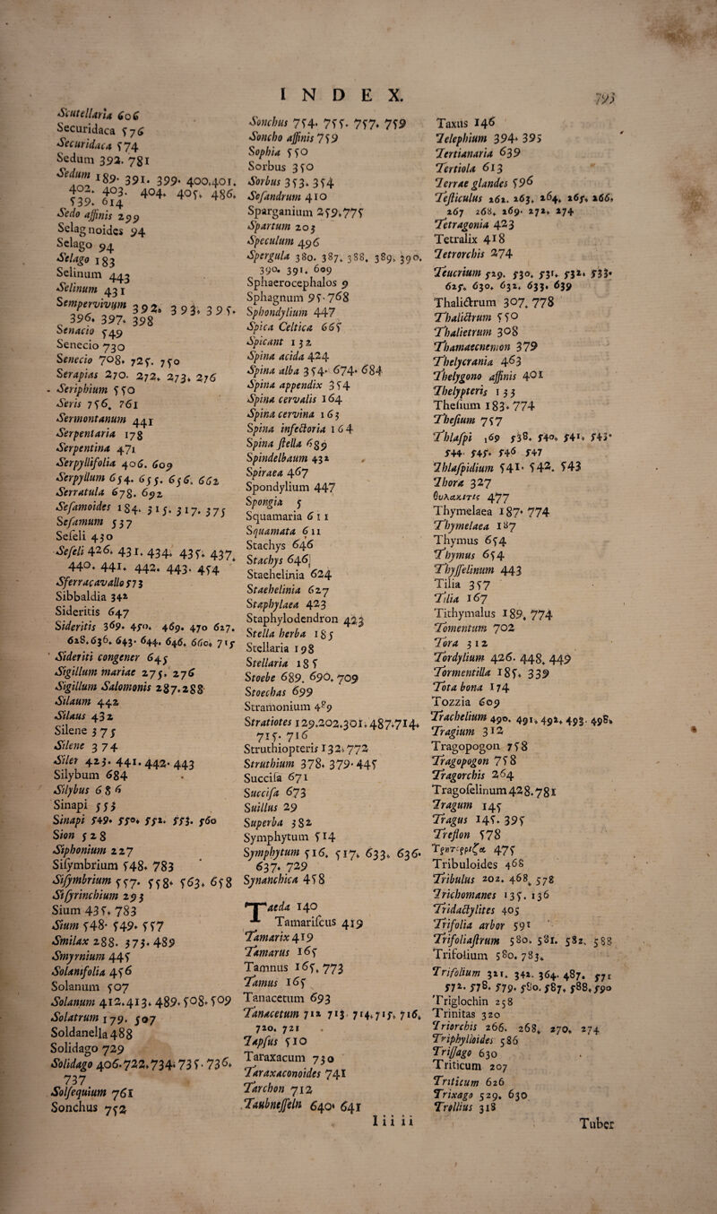 Scutellaria 6oG Securidaca SyG Secundae a 574 Sedum 392. 781 Sei!™t JS9- 391- 399• 400.401. f?-* 403. 404. 405'. 486. > 39. 014 Sedo affinis 293? Selagnoides 94 Selago 94 Sei ago 135 Selinum 443 Selinum 431 S'»>P'rvmm 392. 3 9 3. 3 9 T. 396. 397. 398 oenacto 5^49 Senecio 730 Senecio 7°8* 725% 7^0 Scraptas 270. 272, 273* 276 - Seriphium ffo 6era 75^. ? 61 Sermontanum 441 Serpent aria 178 Serpentina 471 Serpyllifolia 40 6. 609 Serpyllum 6j4. Serratula 673. 692, Sefamoides 134. 515. 317. 375 Se farnum 537 Sefeli 430 Se feli 42& 431* 434* 435% 437^ 44° * 44i* 442. 443. 4f4 SferracavallofTZ Sibbaldia 34a Sideritis 647 Sideritis 369- 45“°* 469. 470 627. <528.636.. 643. 644. 646* 66c« 7 f5* Sideriti congener 64 j Sigillum mariae 275. 276 Sigillum Salomonis 287.288 Silaum 442 Silaus 432 Silene 3 7 j Silene 374 423. 441.442* 443 Siiybum 684 Silybus 6 §6 Sinapi 353 Si»4/» 5’49* fyo* yyi, $73. jtfo Sio» 528 Siphonium 227 Silymbrium 548* 783 Sifymbrium ^7. Efg, C63. 6fg Sifyrinchium 293 Sium 43 V» 783 f48- f49* f 57 Smilax 288. 373.489 Smyrnium 44 f Solamfolia 4f 6 Solanum 507 Solanum 412.413* 489* f°8* 5°9 Solatrum 179. $07 Soldanella488 Solidago 729 Solidago 406.722.734« 73 f • 73& 737 Solfequium 761 Sonchus 7f2 INDEX. «ftwfow 754* 7f r. 757* 759 Soncho affinis 759 Sophia 55° Sorbus 350 •SMiw 353* 354 Scfandrum 410 Sparganium 259.775 Spartum 203 Speculum 496 Spergula 380. 387. 388. 389> 39°- 39°. 391* 609 Sphaerocephalos 9 Sphagnum 95-768 Sphondylium 447 Celtica 661) Spicant 132 «SjMM 424 4/^4 354* 674* 684 appendix 354 aS/wm cervalis 164 cervina 16 3 S/>i/M infettoria 1 6 4 S/>i«» /e/Zrf Spindelbaum 43» Spiraea 467 Spondylium 447 Spongia 5 Squamaria 6 1 1 Squamata 611 Stachys 646 Stachys 646] Staehelinia 624 S taehelinia 6 27 Stapbylaea 423 Staphylodendron 423 Sf0//» /?e1S 5 Stellaria 198 Stellaria 18 f Stoebe 689. 690. 709 Stoechas 699 Stramonium 4?9 S tratiotes 129.202.301.487.714. 715-. 716 Struthiopteri; 132.772 Struthium 378. 37^*445' Succifa 671 Succifa 673 Suillus 29 Superba 3 S a Symphytum 5'14 Symphytum yi6. 5-17. 633, 636* 637. 729 Synanchka 458 *TVf//4 140 ■** Tamarifcus 419 ‘74^4^419 Tamarus i6f Tamnus 165% 773 Tamus i6y Tanacetum 693 Tanae et um 71* 7*3* 7*4.715% 7*6* 710. 721 Tapfus fio Taraxacum 730 Taraxaconoides 74* !Tarchon 712 Taubmjftln 640* 641 I* • *> «• 1111 /Vi Taxus 146 Telephium 394* 395 Tertianaria 639 7ertiola 613 7errae glandes 596 Tejliculus 161. 163. »64. »66. 267 26«. 169. 272. 274. Tetragonia 423 Tetralix 4*8 7etrorchis 274 Teucrium 3-29. 3-30» y3rf 3*32. 3-35. 627. 630. <532. 633. 639 Thali&rum 307. 778 Thalitlrum 550 Thalietrum 3°8 Thamaecnemon 379 Thelycrania 4^3 7'helygono affinis 401 Tbelypteris 13 3 Thehiim i83* 774 Thefium 757 Tblafpi 169 3-38. 540. ^4*. 5’43* X44 5-4/* f4* 547 7hlafpidium 541, 54^. £43 327 QuhAKlTlS 477 Thymelaea 187« 774 Thymelaea 187 Thymus 654 7^hymus 65 4 Thyfelinum 443 Tilia 357 Thia 167 Tithymalus 189. 774 Tomentum 702 Tora 312 Tordylium 426. 44449 Tormentilla 185'. 339 Tota bona 174 Tozzia 609 Tracheitum 490, 491.491.493. 498* Tragium 3*2 Tragopogon 758 Tragopogon 758 7ragorchis 264 Tragofelinum 42 8.781 Tragum 144 7r»£^ 145. 395” Treflon 578 T$»T*fp/f* 47f Tribuloides 4^8 Tribulus 202. 468^ 578 7 rhhomanes 135% 136 Tridattylites 405 Trifolia arbor 591 Trifoliajlrum 580° 5«i. 5*2. 583 Trifolium s8o*783<. Trifolium 321. 342. 364. 487. nE m- 57S. 579* y87. $88,/90 Triglochin 258 Trinitas 320 Triorchis 266. 268. 270. 274 Triphylloides 586 TrijJago 630 Triticum 207 Triticum 626 Trixago 529. 630 Trollius 318 Tuber