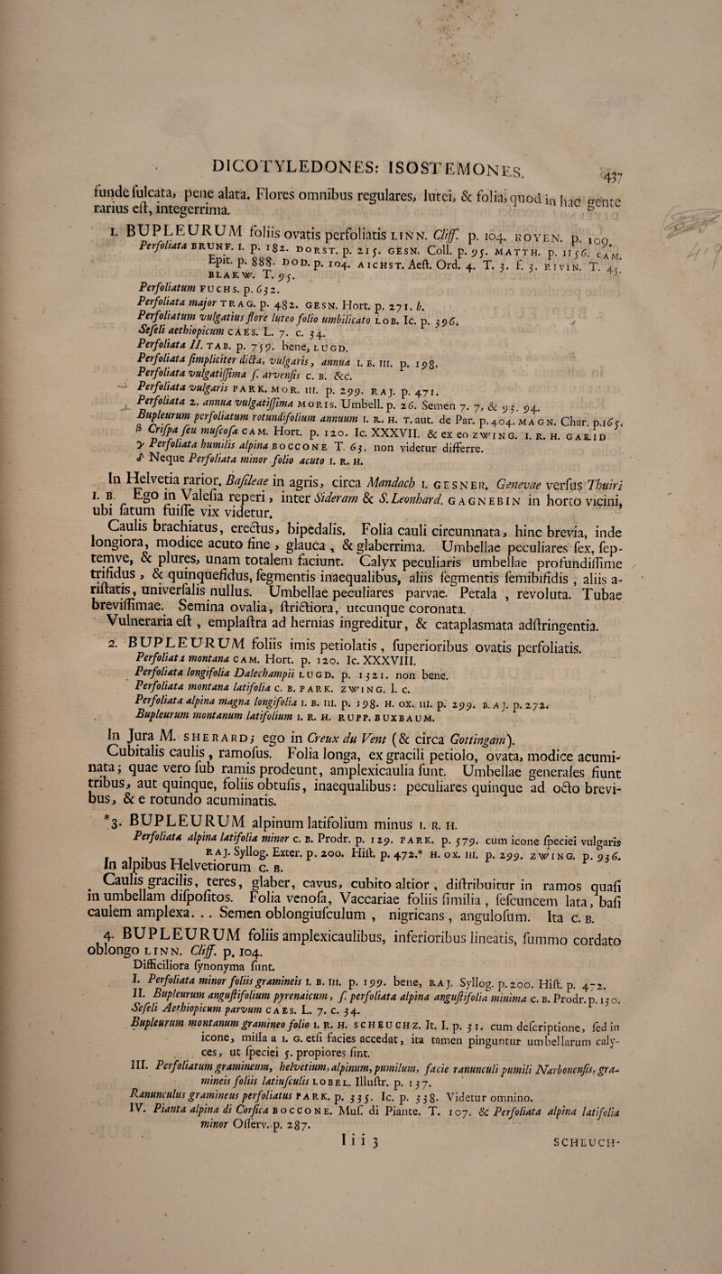 T// runde fulcata, pene alata. Flores omnibus regulares, lutei, & folia, quod in hir a-™ te¬ tanus eft, integerrima. J b 1. BUPLEURUM foliis ovatis perfoliatis linn. Clijf. p. 104. eoyen. p. ,on Perfoliata brunf. 1. p. 182. dorst. p. 21 5. gesn. Coli p. 95. matth. p. 1156. CA*M Epit p. 888. »od. p. 104. aichst. Aeft. Ord. 4. T. 3. f. 5. rivin. T. BLAKW. T. 95. 4S* Per foliatum fuchs. p. 63 2. Perfoliata major trag. p. 482. gesn, Hort. p. 271. b. Perfoliatum vulgatius flore luteo folio umbilicato lob. Ic. p .396. Sefeli aetbiopicum caes. L. 7. c. 54. Perfoliata II. tab. p. 759. bene, lugd. Perfoliata/impliciter ditta, vulgaris y annua r. b. nr. p. 193. Perfoliata vulgatifjima f. arvenfis c. b. &lc. Perfoliata vulgaris park. mor, m. p. 299. raj. p. 471. Perfoliata 2. annua vulgatifjima moris. Umbell.p. 26. Semen 7. 7, & 95. 94. Bupleurum perfoliatum rotundifolium annuum 1. p.. h. T.aut. de Par. p.404. magn. Char p 16<; fi Crifpa feu mufcofa cam. Hort. p. 120. Ic. XXXVII. & ex eo zwing. r. r. h. garid y Perfoliata humilis alpina boccone X. 63. non videtur differre. J' Neque Perfoliata minor folio acuto 1. r. h. In Helvetia rarior. Bafileae in agris, circa Mandacb 1. gesner. Genevae verfus Tbuiri l.B. r JP_yalena reperi, inter Sideram & S.Leonhard. gagnebin in horto vicini, ubi latum fuifle vix videtur. Caulis brachiatus, erectus, bipedalis. Folia cauli circumnata, hinc brevia, inde longiora, modice acuto fine , glauca r & glaberrima. Umbellae peculiares fex, fep* temve, & plures, unam totalem faciunt. Calyx peculiaris umbellae profundiflime trmdus , & quinquefidus, fegmentis inaequalibus, aliis Tegmentis femibifidis , aliis a- riltatis, uni ver falis nullus. Umbellae peculiares parvae. Petala , revoluta. Tubae brevidimae. Semina ovalia, ftridtiora, utcunque coronata. Vulneraria eft, emplaftra ad hernias ingreditur, & cataplasmata adftringentia. 2. BUPLEURUM foliis imis petiolatis, fuperioribus ovatis perfoliatis. Perfoliata montana c au. Hort. p. 120. Ic. XXXVIII. Perfoliata longifolia Dalechampii lugd. p. 1521. non bene. Perfoliata montana latifolia c. b. park. zwing. 1. c. Perfoliata alpina magna longifolia 1. b. iii. p. 198. h. ox. 111. p. 299. raj. p. 272. Bupleurum montanum latifolium 1. r. h. rupp. b uxbaum. In Jura M. sheraud; ego in Creux du Vent (& circa Gottingdrn). Cubitalis caulis , ramofus. Folia longa, ex gracili petiolo, ovata, modice acumi- nata; quae vero fub ramis prodeunt, amplexicaulia funt. Umbellae generales fiunt tribus, aut quinque, foliis obtufis, inaequalibus; peculiares quinque ad o£to brevi¬ bus, & e rotundo acuminatis. *3- BUPLEURUM alpinum latifolium minus 1. r. h. Perfoliata alpina latifolia minor c. b. Prodr. p. 1 29. park. p. j79* cum icone fpeciei vulgaris i 1 -t tt , R.AJ- Syllog. Exter, p. 200. Hilt. p. 472.* h. ox. iii. p. 299. zwing. p. 936. In alpibus Helvetiorum c. b. . Caulis gracilis, teres, glaber, cavus, cubito altior , diftribuitur in ramos quafi 111 umbellam difpofitos. Folia venofa, Vaccariae foliis fi milia , fefcuncem lata, bafi caulem amplexa. .. Semen oblongiufculum , nigricans, angulofum. Ita c. b. 4. BUPLEURUM foliis amplexicaulibus, inferioribus lineatis, fummo cordato oblongo linn. Cliff. p. 104. Difficiliora fynonyma funt. I. Perfoliata minor foliis gramineis 1. b. m. p. 199. bene, raj. Syllog. p. 200. Hift. p. 4-2. II. Bupleurum anguflifolium pyrenaicum, f perfoliata alpina anguftifolia minima c. b. Prodr. p.7$ o. Sefeli Aethiopicum parvum c a es. L. 7. c. 34. Bupleurum montanum gramineo folio 1. r. h. scheuchz. It. I. p. 31. cum dcfcriptione, fed in icone, milia a 1. g. ecfi facies accedat, ita tamen pinguntur umbellarum caly¬ ces, ut fpeciei 5. propiores fint. III. Perfoliatum gramineum y helvetium, alpinum, pumilum, facie ranunculi pumili ISfarboncnfls, gra¬ mineis foliis latiufculis lobel. Illuftr. p. 1 37. Ranunculus gramineus perfoliatus r ark. p. 555. Ic. p. 3 3 3. Videtur omnino. IV. Pianta alpina di Corfica boccone. Muf di Piante. T. 107. & Perfoliata alpina latifolia minor Ollerv. p. 287.
