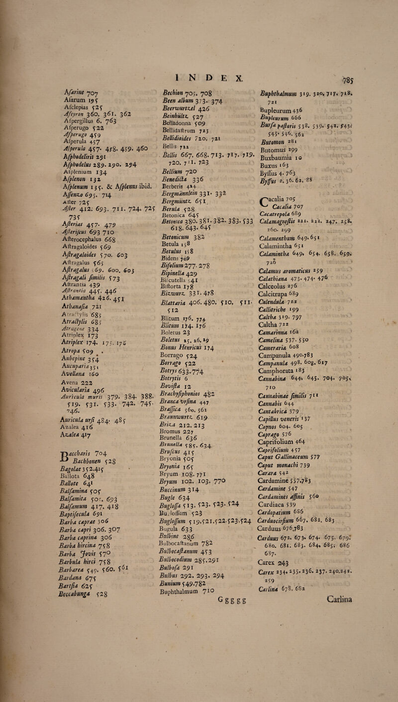 Afarine 707 Afarum 19 f Afclepias Aftyron 360. 361. 362 Afpergillus 6* 763 Afperugo f22 Afperugo 4^9 Afperula 457 A!perula 4^7. 478. 459. 460 Afphoddiris 291 Afphodelus 289« 290* ^94 Afplenium 134 A fplenon 132 A [plenum 13 & A[plenus ibid. Ajfenz.o 695. 714 -Alter 72f 412; 693. 711. 724» 727 73? AJlerias 477. 479 Ajleri/cus 693 710 Afterocephalus 668 Altragaloides ^69 Afiragaloides ^70. 603 Aitragalus f6s AJlragalus ^69. 600. 603 Afiragali fimilis 773 Altrantia 439 A/lrantia 447. 446 Athamantha 426. 4^1 Athanafia 7 21 Atraftylis 685 Atraci)'lis 6 85 Atragene 334 Atriplex 173 Atriplex 174. 175. 176 Atropa S09 Aubepine 3 74 A ucupatiatf 1 Avellana \6o Avena 222 Avicularia 496 Auricula muris 379* 384- 388» fi9- ?3i* ?33* 742» 74?- 746. Auricula urfi 484* 48^ Azalea 416 Azalea 417 Baccharis 7°4 Bachbonen 5^28 Bagolae 3^2.41^ Ballota 648 Ballate 641 Balfamina fof Balfamita ycK. 693 Balfamum 417. 418 B apti/e cula 691 Barba caprae ?>o6 Barba capri 306, 3O7 Barba caprina 306 iforfa fora»* 7? 8 jB*r£* Jovis ?7° Barbula hirci 7^8 Barbarea ^49. ?60. ?(-’* Bardana 6J5 Bartfia 62? Eeccabunga 52% index. Btchicn 705. 708 Bcen album 31374 Beerwurtz^el 426 Beinhultz. 927 Beliadonna ^09 Bellidaftrum 723 Bellidioides 720, 721 Bellis 712 tt 667. 668. 7r3* 7^ 7* 719* 720. 721. 723 Bellium 720 Beneditta 336 Berberis 4*4 Bergmdnnlein 331* 332 Bergmiintz. 651 Berula ^28 Betonica 64? 380.381» 382. 383» ?33 618. 643. 64* Betonicum 382 Betula 158 Betulus 158 Bidens 769 Bifolium 277. 278 Bipinella 429 Bilcutella 541 Biftorta 17 g Bizwurz 33 478 Blattaria 4°'^ 480. fio* ?n- ?I2 Blitum 176» 774. Blitum 174* 176 Boletus 23 Boletus 15*2 6* »9 .60««* Hernicus 174 Borrago 5-24 Borrago 5-22 jBonj* 633.774 Botrjtis 6 Bovifia 12 Brachyfiphonios 482 Branca vrfina 447 Brajfica 560, 561 Braunwurtz 619 £ru.a 212,213 Bromus 227 Brunella 636 BrunelU fgf, 634 Brufcus 41 f Bryonia fOf Bryonia i6f Bryum 108* 771 Bryum 102. 103. 77° Buccinum 314 Bwg/e 634 Buglojfa f 13* ^23» ?23* ^4 Builoflum 523 Buglofum f i9,?2i,?22-?23,?24 Bugula 633 Btilbine 2 86 Bulbocaftanum 782 Bulbocafianum 4^3 Btilbocodium 28?.291 Bulbofa 291 292. 293» 294 Bunium ? 49/782 Buphthalmum 710 Gsg gg 78J Buphthalmum 319. 32°. 7*7* 7»8* 7zi Bupleurum 436 Bupleurum 666 Bur/a paftoris 938* 539* S4*« ?43“' 545* 546. 562 Butomon *8* Butomus 299 Buxbaumia 10 Buxus «63 Byilus 4-7^3 Byfus 2.36.62. '88 pacalia 7«? ^ Gim/m 707 Cacatrepola 689 Calamagrofiis 221. 222. 247. 258. 260* 299 Calamenthum 649.651 Calamintha 651 Calamintha 649. 654. 658. 659. 726 Calamus aromaticus 259 Calathiana 473* 474* 47^ Calceolus 276 Calcitrapa 689 Catendula 722 Callitriche »99 Gi/ifoc 3 »9- 797 Caltha 722 Camarima »6« Camelina 5 37« 550 Cameraria 608 Campanuia 490.783 Campanula 498• 603. 617 Camphorata »83 Cannabina 644« 645. 7<H» 710 Cannabinae fimilis 711 Cannabis 644 Cantabrica 379 Capillus veneris'»37 Capnos 604- 605 Caprago 576 Caprifoiium 464 Caprtfolium 4 57 Caput Gallinaceum 577 Caput monachi 739 Car ara 542 Cardamine 557.7^3 Cardamine 547 Cardamines affinis 5 60 Cardiaca 5 39 Cardopatium 686 Carduocirfium 667. 682. 683 Carduus 676,783 Carduus 672« 673» 674. 675. 679: 680. 681. 683. 684» 685; 686 6 87. Carex 243 Carex 234* ^S* 236. 237. 240.242. 259 Car lina 678. 682 Garlina