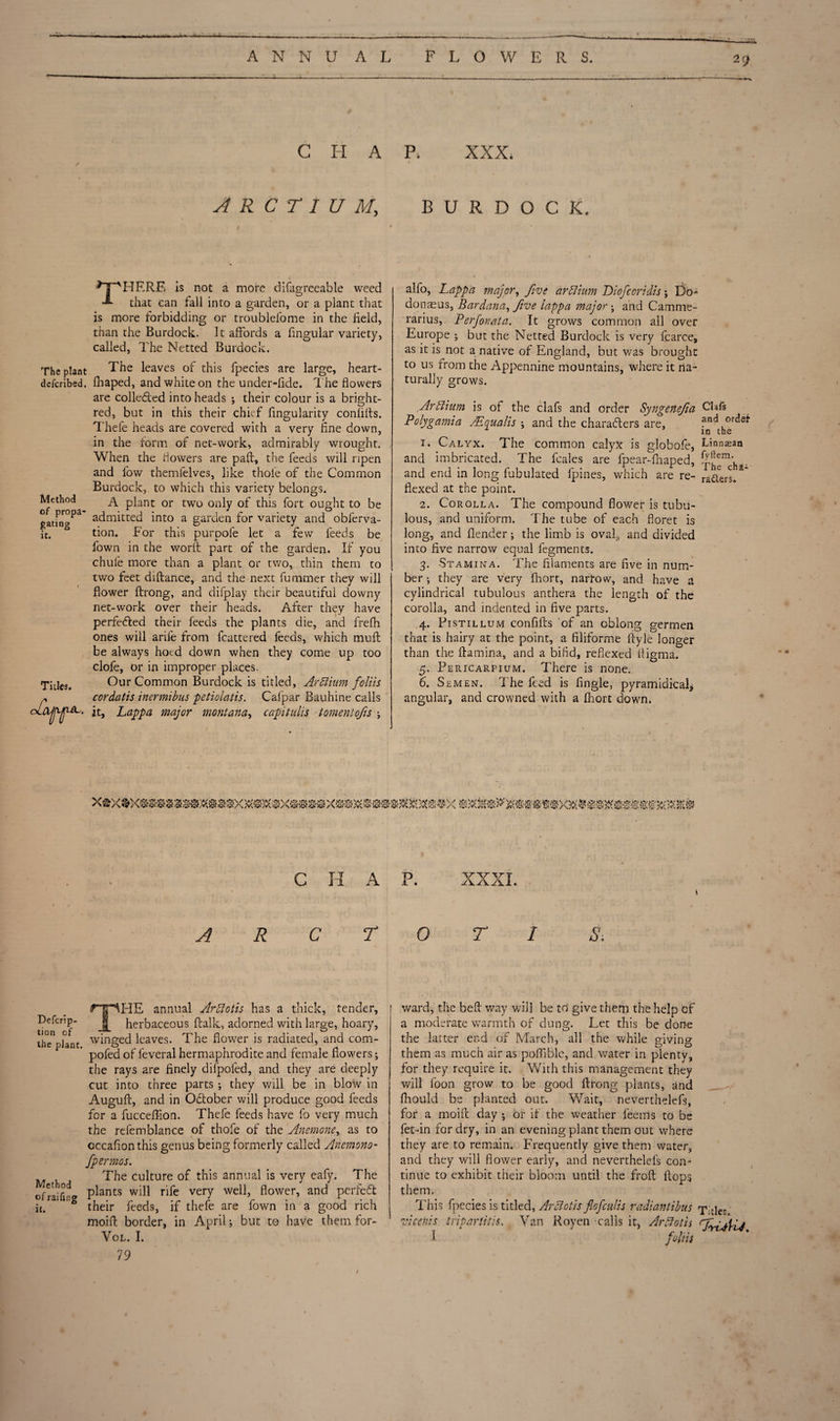 ANNUAL FLOWERS. 2<) G H A P> XXX. / ARCTIUM, BURDOCK. / ' THF.RE is not a more difagreeable weed that can fall into a garden, or a plant that is more forbidding or troublefome in the Held, than the Burdock. It affords a Hngular variety, called, The Netted Burdock. The plant The leaves of this fpecies are large, heart- defcribed. fhaped, and white on the under-Hde. The flowers are collected into heads ; their colour is a bright- red, but in this their chief Angularity confifts. Thefe heads are covered with a very fine down, in the form of net-work, admirably wrought. When the flowers are pad, the feeds will ripen and fow themfelves, like thole of the Common Burdock, to which this variety belongs. A plant or two only of this fort ought to be admitted into a garden for variety and oblerva- tion. For this purpofe let a few feeds be fown in the word part of the garden. If you chule more than a plant or two, thin them to two feet didance, and the next dimmer they will flower drong, and Airplay their beautiful downy net-work over their heads. After they have perfected their feeds the plants die, and frefh ones will arife from fcattered feeds, which mud be always hoed down when they come up too clofe, or in improper places. Tides. Our Common Burdock is titled, Arbtium foliis cordatis inermibus petiolatis. Cafpar Bauhine calls tiff'll' it? Lappa major montana, capitulis tomentofis Method of propa¬ gating U. oCa alfo, Lappa major, five arblium Diofcoridis; Do- dometts, Bardana, five lappa major; and Camme- rarius, Perforata. It grows common all over Europe ; but the Netted Burdock is very fcarce, as it is not a native of England, but was brought to us from the Appennine mountains, where it na¬ turally grows. Arblium is of the clafs and order Syngenefa Clafi Polygamia Mqualis \ and the characters are, and order in the 1. Calyx. The common calyx is globofe, Dnnsean and imbricated. The fcales are fpear-fhaped, fp^mc'ha, and end in long fubulated lpines, which are re- ra&er3. flexed at the point. 2. Corolla. The compound flower is tubu- lous, and uniform. The tube of each floret is long, and {lender; the limb is oval, and divided into five narrow equal fegments. 3. Stamina. The filaments are five in num¬ ber ; they are very fhort, narfow, and have a cylindrical tubulous anthera the length of the corolla, and indented in five parts. 4. Pistillum confifts of an oblong germen that is hairy at the point, a filiforme ftyle longer than the ftamina, and a bifid, refiexed fiigma. 5. Pericarpium. There is none. 6. Semen. The feed is Angle, pyramidical, angular, and crowned with a fhort down. C H A P. A R C r Defcn'p- tion of the plant THE annual Arblotis has a thick, tender, herbaceous flalk, adorned with large, hoary, winged leaves. The flower is radiated, and com- pofed of feveral hermaphrodite and female flowers; the rays are finely difpoled, and they are deeply cut into three parts ; they will be in blow in Auguft, and in October will produce good feeds for a fucceffion. Thefe feeds have fo very much the refemblance of thofe of the Anemone, as to cccafionthis genus being formerly called Anemono- fpermos. The culture of this annual is very eafy. The of railing P^ants will rife very well, flower, and perfect g their feeds, if thefe are fown in a good rich moift border, in April; but to have them for- VOL. I. Method it. 79 XXXI. T 1 s. ward, the bell way will be td give them the help of a moderate warmth of dung. Let this be done the latter end of March, all the while giving them as much air as poffiblc, and water in plenty, for they require it. With this management they will foon grow to be good fltong plants, and fhould be planted out. Wait, neverthelefs, for a moift day ; or if the weather Teems to be fet-in for dry, in an evening plant them out where they are to remain. Frequently give them water, and they will flower early, and neverthelefs con¬ tinue to exhibit their bloom until the froft Hops them. This fpecies is titled, Arblotis flofcnlis radiant ibus Tides.' vicenis triparlitis. Van Royen calls it, Arblotis I foliis