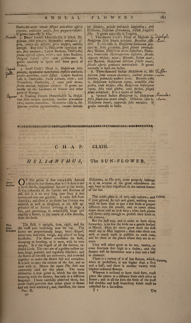 Onobrycbis major zttfmra, filiquis articulatis afperis clypeatis, undulation junEHs, fore purpureo-rubente. p It grows naturally in Ana. fHcvridlL. 4. Dwarf French Honeyfuckle is titled, He¬ dy forum foliis pinndtis, leguminibus articulatis af- peris, corolla alls obfoletis, fpicis birfutis, caulibus deprtffits. Ray calls it, Hedy far urn clypeatum mi¬ nus, fore purpureo ; Calpar Bauhine, Onobrycbis, femine clypeato afpero, minor \ and John Bauhine, Polygalo Gefneri affine caput gallinaceum. It grows naturally in Spain and lome parts of France. CcUtnA- 5. Small Cock’s Head is, Hedyfarum foliis r W' pinnatis, leguminibus monofpermis crijlatis aculeatis, T ' petalis aqualibus, caule diffiufo. Cafpar Bauhine calls it, Onobrycbis, frutlu echinato, wAor ^ and Triumfetti, Onobrycbis, f caput galli minus, frutlu. max into, irfigniter echinato. It grows na¬ turally on the fca-lhores of France and other parts of Europe. (jUfpMut. 6. Trailing French Honeyfuckle is, Hedyfa- * rum foliis ternatis ebeordatis, caulibus procumben- tibus, racemis lateralibus. Gronovius calls it, He¬ dyfarum caulibus precumbeniibus, racemis laterali¬ bus folitariis, petiolis ped'inculo longioribus ; a^d Diilenius, Trifolium procumbens, trifolii fragiferi folio. It grows naturally in Virginia. C > d b 7. Two-leaved Cock’s Plead of Madrafs is, jbijjUygrt--. Hedyfarum foliis binatis petiolatis, floralibus feffii- - libi’.s. Brown calls it, Hedyfarum herbaceum pro- cumbens, foliis geninatis, fpicis foliatis terminals bus; Sloane, Hedyfarum minus diphyllum\ Pluke- net, Onobrycbis Maderafpatana dipbyllos, fihculis clypeatis birfutis, minor j Rheede, He lam mart; and Burman, Hedyfarum bifolium, foliolis ovatis, filiculis afperis geminatis inarticulatis. It grows naturally in both the Indies. . 8. Three-flowered Indian Hedyfarum is, He- dyfarum foliis ternatis ebeordatis, caulibus' procum- - rn/m- . bentibus, pedunculis unifloris ternis. Burman calls. it, Hedyfarum trifoliatum repens, acetofellce folio glabro, hirfuto •, alfo, Hedyfarum trifoliatum repens, folio cvali glabro, £■<?&/<? hirfuto, f liquet plafid articulata. It is a native of India. 9. Spotted Indian Hedyfarum is, Hedyfarum foliis fimplicibus ovatis obtujis. Diilenius calls it, - A Hedyfarum humile, capparidis folio maculato. It grows naturally in India. JUIcucuJLt-- u/vw. CHAP. CLXIII. H E L I A N T H U S, The SUN-FLOWER. OF this genus is that remarkable Annual called the Sun-flower, than which there is not a more ftately, magnificent Annual in the world. It was unknown to the Greeks and Romans of old, and it is no very long time fince it was introduced into our gardens. It came firft from America ; and there is no doubt but Europe was amazed, as well as delighted, at the firft ap¬ pearance of an Annual arriving at fo large a fize, and producing fo remarkably large and majeftic a flower, in the courfe of a few months, from the feeds. This The ftalk is upright, firm, rigid, and for plant the moft part branching near the top. The deferred jeaves arc proportionally large, heart - ftiaped, trinervate, indented, rough, and placed on long footftalks. The flower terminates the ftalk, drooping or bending, as it were, with its own weight. It is the largeft of all the difeous, ra¬ diated kinds. The rays are of a golden-yellow co¬ lour, large, pointed, and regularly difpofed ; and the florets of the difk are numerous, and crowded together to make the flower full and complete. It is Paid to obey the motion of the fun, and to turn with it. Hence the name Flos Solis was commonly ufed for this plant. The name tfeliantkus is now given it, which has the fame meaning with the former, but Only in a different language. I have carefully obferved them, but never could perceive that either plant or flower had any fuch tendency i and, therefore, the name VOL. II. 9° Helianthus, or Flos Solis, more properly belongs to it on account of the great relemblance its rays have in their difpofition to the radiant beams of the fun. This noble plant is of very eafy culture \ and Cultur$. if your ground be rich and good, nothing more need be done than to put a few feeds at proper diftances into the mould, and to cover them, down about half an inch deep ; when fuch plants will flower early enough to perfect their feeds in the autumn. But the beft way, and in order to have them forwarder, is to fow the feeds on a gentle hotbed in March. Here let them grow until the firft moift day in May happens ; then take them out with as much earth as pofiibie to each root, and fet them ;n the places where they are to re¬ main. They will often grow to be ten, twelve, or even fourteen feet high in a feaibn •, and the flowers will be fometimes near a foot and a half in diameter. There is a variety of it of low ftature, which, when in perfe&ion, is not higher than a foot and a half; and there is another variety with fulphur-coloured flowers. Whoever is inclined to have thefe forts, muft place the plants at a djftance from each other to flower *, and in all the forts the feeds of the moft full doubles and leaft branching kinds muft be collebted for a fucceflion. T t ' ' The