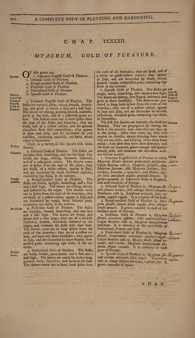 CHAP. CCXXXII. M Y A G RU M, GOLD OF PLEASURE. Species. O Variety. Oriental, Rough- podded, i F this genus are, i. Common Englifh Gold of Pleafure. Defcrip- tionof the Common Englilh Gold of Pleafure. 2. Oriental Gold of Pleafure. 3. Rough-podded Gold of Pleafure, 4. Perfoliate Gold of Pleafure. 5. Paniculated Gold of Pleafure. 6. Spanifh Gold of Pleafure. 1. Common Englifh Gold of Pleafure. Panica- lated. Perfoliate The ftalks are upright, pithy, round, fmooth, branch¬ ing, and grow to about a foot and a half high. The leaves are oblong, pointed, fmooth, indented, eared at the bafe, and of a yellowifh-green co¬ lour. The flowers come out in loofe fpikes from the tops of the ftalks and branches; they are fmall, and of a yellow colour, and the general characters fhew their compofition; they appear in June and July, and are fucceeded by oval capfules, containing roundilh,. red feeds, which ripen in September. There is a variety of this fpecies with white flowers. 2. Oriental Gold of Pleafure. The ftalks are upright, firm, branching, and two feet high. The leaves are large, oblong, finuated, indented, and of a pale-green colour. The flowers come out in fpikes from the tops of the plant-, they are fmall, of a white colour, appear in July, and are fucceeded by fmall, furrowed capfules, containing ripe feeds, in the autumn. 3. Rough-podded Gold of Pleafure. The ftalks are round, upright, branching, and a foot and a half high. The leaves are oblong, obtufe, and indented on the edges. The flowers come out in fpikes from the ends of the branches ; they are fmall, of a yellow colour, appear in July, and are fucceeded by rough, hairy, fulcated pods, containing ripe feeds, in the autumn. 4. Perfoliate Gold of Pleafure. The ftalks are upright, fmooth, branching, and two feet and a half high. The leaves are broad, and about half a foot long ; they fubftance, fmooth, fucculent, edges, and embrace the ftalk The flowers come out in long ends of the branches; they are of a yellow co¬ lour, and have very Ihort footftalks •, they appear in July, and are fucceeded by heart-lhaped, com- prefted pods, containing ripe feeds, in the au¬ tumn. 5. Paniculated Gold of Pleafure. The ftalks are hairy, brittle, paniculated, and a foot and a half high. The leaves are nearly fix inches long, pointed, hairy, fucculent, and eared at the bafe. The flowers come out in Ihort, loofe fpikes from are of a thickifli indented on the with their bafe. fpikes from the the ends of the branches ; they are fmall, and of a white or palifh-yellow colour; they appear in July, and are fucceeded by fmall, round, fpotted, rough, comprefied pods, containing ripe feeds in the autumn. 6. Spanifh Gold of Pleafure. The ftalks are and rough, hairy, branching, and about a foot high. The leaves are oblong, lyre-lhaped, indented, and pleafure grow on Ihort footftalks. The flowers are pro- deferibed. duced in long, loofe fpikes from the ends of the branches; they are of a yellow colour, appear in June and July, and are fucceeded by fmooth, cylindrical, wreathed pods, containing ripe feeds, in September. The firft five fpecies are Annuals, the fixth is a Culture. Biennial. They are propagated by fowing the feeds in the autumn, loon after they are ripe, or in the fpring. After they come up, they will require no trouble, except thinning them where they are too clofe, and keeping them clean from weeds: And after they have once flowered, and the feeds are lcattered, plants enough will iponta- neoufly arife, and maintain the fucceflion with¬ out further trouble. 1. Common Englifh Gold of Pleafure is titled, Tlt*e3* Myagrum filiculis obovatis pedunculatis polyfpermis. S^K = Cafpar Bauhine calls it, Myagrum fylvejlre; alfo, =. aru/nv. Myagrum fativum ; alfo, Myagrum fcctidum ; Do- donasus, Camelina f myagrion ; and Elaller, Alyf- fon foliis auriculatis glabris prefunde dentatis. It grows naturally in cultivated fields in England, and moft countries of Europe. 2. Oriental Gold of Pleafure is, Myagrum ftli- Ou.eAv- culis fulcatis lavibus, foliis oblongis dentato-fnuatis. = Boerhaave calls it, Rapijh*um orientate, folio ra- phani, capfulis rugofis. It is a native of the Eaft. 3. Rough-podded Gold of Pleafure is, Mya~ grum filiculis fulcatis pilofis rugofis, foliis oblongis & obtufis dentatis. It grows naturally in moft of the fouthern parts of Europe. 4. Perfoliate Gold of Pleafure is, Myagrum fliculis obcordatis feffilibus, foliis amplexicaulibus. . , Calpar Bauhine calls it, Myagrum monofpermum latifolium. It is common in the corn-fields of Switzerland, France, and Italy. 5. Paniculated Gold of Pleafure is, Myagrum filiculis lentiformibus orbiculatis punflato rupofis L Cafpar Bauhine calls it, Myagro fmilis fliqud ro-' L ^ tunda ; and Loefler, Myagrum monofpermum hir~ futum, fliquis rotundis. It is common in moft parts of Europe. 6 Spanito Gold of Pleafure is, Myagrum fili-SC'ulfiMiU cults lavibus fubtorofis, foliis lyratis. Tournefort . ^ calls it, Sinapi Hifpanicum minus, rapbani folic. It (-u'yyru- grows naturally in Spain.