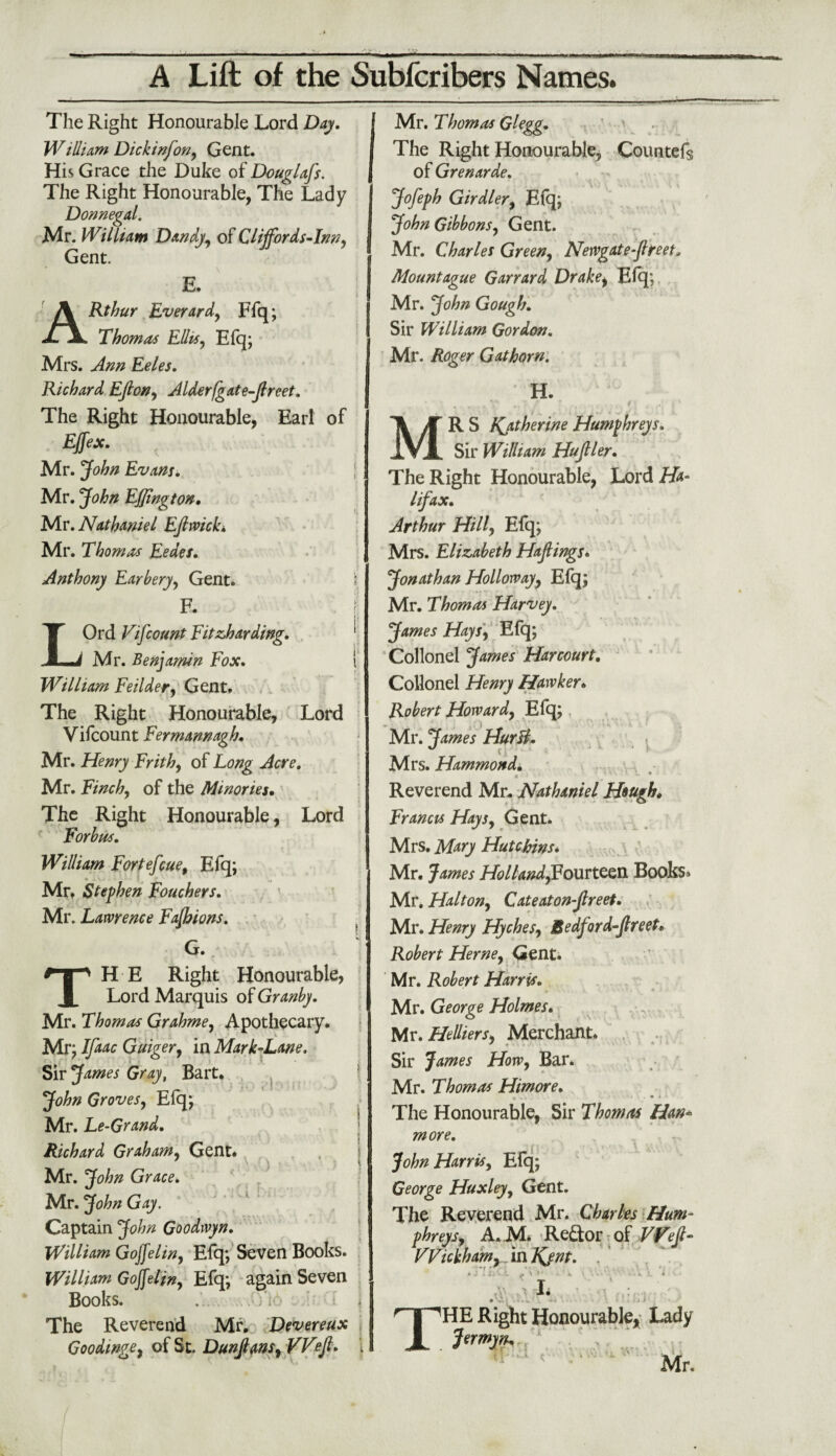 The Right Honourable Lord Day. William Dickinfon, Gent. His Grace the Duke of Douglafs. The Right Honourable, The Lady Donnegal. Mr. William Dandyy of Clijfords-Inn, Gent. E. ARthur Everardy Ffq; Thomas Ellis, Efq; Mrs. Ann Eeles. Richard Eft on y Alderfgate-ftreet. The Right Honourable, Earl of Effex. Mr. John Evans. Mr. John Effington. Mr. Nathaniel Eft wick. Mr. Thomas Eedes. Anthony Earberyy Gent. F. LOrd Vifcount Fit zhar ding. Mr. Benjamin Fox. William Feildety Gent. The Right Honourable, Lord Vifcount Fermannagh. Mr. Henry Frithy of Long Acre. Mr. Finchy of the Minones. The Right Honourable, Lord Forbus. William Fortefcue, Efq; Mr. Stephen Fouchers. Mr. Lawrence Fajhions. G. THE Right Honourable, Lord Marquis of Granby. Mr. Thomas Grahmey Apothecary. Mr; Ifaac Guigery in Mark-Lane. Sir James Gray, Bart. John Groves, Efq; Mr. Le-Grand. Richard Grahamy Gent. Mr. John Grace. Mr. John Gay. Captain John Goodwyn. William Gojfeliny Efq; Seven Books. William Gojfeliny Efq; again Seven Books. ... . S)'U The Reverend Mr. Devereux Goodmgey of St. DunftanSy Weft. Mr. Thomas Glegg. The Right Honourable, Countefs of Grenarde. Jofeph Girdlery Efq; John Gibbons, Gent. Mr. Charles Greeny Newgate -ft reet. Mount ague Garrard Drake, Elq; Mr. John Gough. Sir William Gordon. Mr. Roger Gathorn. H. MR S Katherine Humphreys. Sir William Huftler. The Right Honourable, LordE&- lifax. Arthur Hilly Elq; Mrs. Elizabeth Haftings* Jonathan Hollowayy Efq; Mr. Thomas Harvey. James Haysy Efq; Collonel James Harcourt. Collonel Henry Hawker. Robert Howardy Efq; Mr. James Flur'sl. Mrs. Hammond. 0 * * Reverend Mr. Nathaniel Hough, Francis Haysy Gent. Mrs. Mary Hutchins* Mr. James HollandyFourteen Books• Mr. Haltony Cateaton-ftreet. Mr. Henry Hychesy Bedford-ftreet• Robert Herney Gent. Mr. Robert Harris. Mr. George Holmes. Mr. Helliersy Merchant. Sir James Howy Bar. Mr. Thomas Himore. 4 , . • t The Honourable, Sir Thomas Han* more. JohnHarriSy Efq; George Huxley ^ Gent. The Reverend Mr. Charles Hum* phreysy A. M. Re£tor of Weft- Wickhamyrm JQnt. ' ,M • S > L V■ L . i )' - ' 4 . C . ‘ J.i 1 « v J I. HE Right Honourable, Lady Jermytu Mr. T