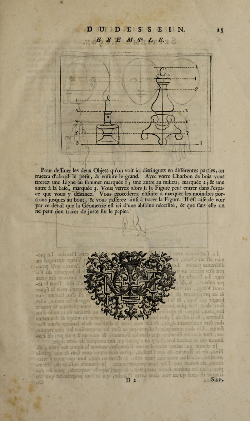 E P, Pour defliner les deux Objets qu’on voit ici distinguez en différentes pàrties, on tracera d’abord le petit, & enfuite le grand. Avec votre Charbon de bois vous autre à la bafe, marquée 3. Vous verrez alors fi la Figure peut entrer dans l’espa¬ ce que vous y destinez. Vous procéderez enfuite à marquer les moindres por¬ tions jusques au bout, & vous paiïèrez ainfi à tracer la Figure. Il eft aifé de voir par ce détail que la Géométrie eft ici d’une abfolue nécellité, & que fans elle on ne peut rien tracer de juste fur le papier. !>' - ' —JP- » fy vu .H- . ! «