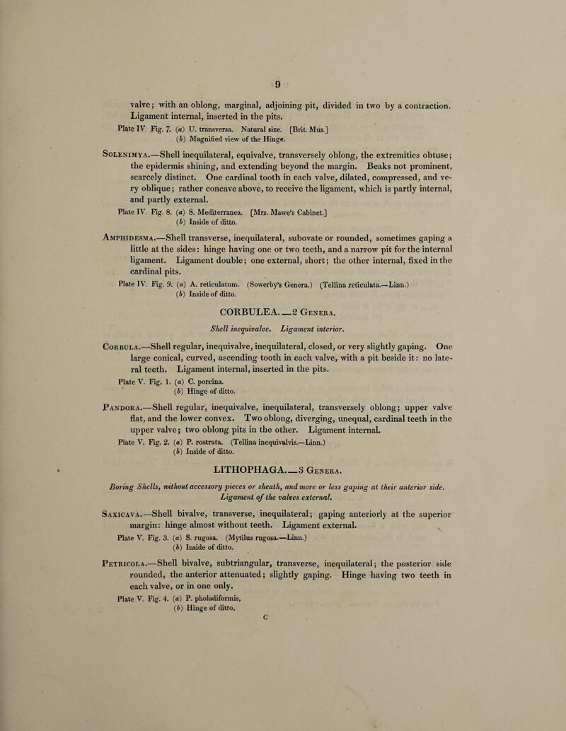 valve; with an oblong, marginal, adjoining pit, divided in two by a contraction. Ligament internal, inserted in the pits. Plate IV. Fig. 7. («) U. transversa. Natural size. [Brit. Mus.] (b) Magnified view of the Hinge. Solenimya.—Shell inequilateral, equivalve, transversely oblong, the extremities obtuse; the epidermis shining, and extending beyond the margin. Beaks not prominent, scarcely distinct. One cardinal tooth in each valve, dilated, compressed, and ve¬ ry oblique; rather concave above, to receive the ligament, which is partly internal, and partly external. Plate IV. Fig. 8. (a) S. Mediterranea. [Mrs. Mawe’s Cabinet.] (b) Inside of ditto. Amphidesma.—Shell transverse, inequilateral, subovate or rounded, sometimes gaping a little at the sides: hinge having one or two teeth, and a narrow pit for the internal ligament. Ligament double; one external, short; the other internal, fixed in the cardinal pits. Plate IV. Fig. 9. (a) A. reticulatum. (Sowerby’s Genera.) (Tellina reticulata.—Linn.) (6) Inside of ditto. CORBULEA.—2 Genera. Shell inequivalve. Ligament interior. Corbula.—Shell regular, inequivalve, inequilateral, closed, or very slightly gaping. One large conical, curved, ascending tooth in each valve, with a pit beside it: no late¬ ral teeth. Ligament internal, inserted in the pits. Plate V. Fig. 1. (a) C. porcina. (b) Hinge of ditto. Pandora.—Shell regular, inequivalve, inequilateral, transversely oblong; upper valve flat, and the lower convex. Two oblong, diverging, unequal, cardinal teeth in the upper valve; two oblong pits in the other. Ligament internal. Plate V. Fig. 2. (a) P. ro&trata. (Tellina inequivalvis.—Linn.) (b) Inside of ditto. LITHOPHAGA._3 Genera. Boring Shells, without accessory pieces or sheath, and more or less gaping at their anterior side. Ligament of the valves external. Saxicava.—Shell bivalve, transverse, inequilateral; gaping anteriorly at the superior margin: hinge almost without teeth. Ligament external. Plate V. Fig. 3. («) S. rugosa. (Mytilus rugosa.—Linn.) (b) Inside of ditto. Petricola.—Shell bivalve, subtriangular, transverse, inequilateral; the posterior side rounded, the anterior attenuated; slightly gaping. Hinge having two teeth in each valve, or in one only. Plate V. Fig. 4. (a) P. pholadiformis, (b) Hinge of ditto. C