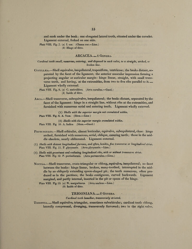and sunk under the beak; one elongated lateral tooth, situated under the corselet. Ligament external, forked on one side. Plate VIII. Fig. 7* («) I. cor. (Chama cor.—Linn.) (b) Hinge of ditto. ARCACEA.^4 Genera. Cardinal teeth small, numerous, entering, and disposed in each valve, in a straight, arched, or broken line. CucxjlLjEa.—Shell equivalve, inequilateral, trapeziform, ventricose; the beaks distant, se¬ parated by the facet of the ligament; the anterior muscular impression forming a projecting angular or auricular margin: hinge linear, straight, with small trans¬ verse teeth, and having, at the extremities, from two to five ribs parallel to it._ Ligament wholly external. Plate VIII. Fig. 8. (a) C. auriculifera. (Area cucullus.—Gmel.) (&) Inside of ditto. Arca.—Shell transverse, subequivalve, inequilateral; the beaks distant, separated by the facet of the ligament: hinge in a straight line, without ribs at the extremities, and furnished with numerous serial and entering teeth. Ligament wholly external. (1) Shells with the superior margin not crenulated within. Plate VIII. Fig. 9. A. Nose. (Idem.—Linn ) (2) Shells with the superior margin crenulated within. Plate VIII. Fig 10. A. Indica (Idem.—Gmel.) Pectunculus.—Shell orbicular, almost lenticular, equivalve, subequilateral, close: hinge arched, furnished with numerous, serial, oblique, entering teeth; those in the mid¬ dle obsolete, nearly obliterated. Ligament external. (1) Shells with distant longitudinal furrows, and often, besides, fne transverse or longitudinal strive. Plate VIII. Fig. 11. P. glycymeris. (Arca glycymeris.—Linn.) (2) Shells with prominent and radiating longitudinal ribs, with or without transverse strive. Plate VIII. Fig. 12. P. pectiniformis. (Arca pectunculus.—Linn.) Nucula.—Shell transverse, ovate-triangular or oblong, equivalve, inequilateral; no facet between the beaks: hinge linear, broken, many-toothed, interrupted in the mid¬ dle by an obliquely extending spoon-shaped pit; the teeth numerous, often pro¬ duced as in the pectines; the beaks contiguous, curved backwards. Ligament marginal, and partly internal, inserted in the pit or spoon of the hinge. Plate VIII. Fig. 13. («) N. margaritacea. (Arca nucleus.—Linn.) (6) Inside of ditto. TRIGONIANA.— 2 Genera. Cardinal teeth lamellar, transversely striated. Trigonia. — Shell equivalve, triangular, sometimes suborbicular; cardinal teeth oblong, laterally compressed, diverging, transversely furrowed; two in the right valve,
