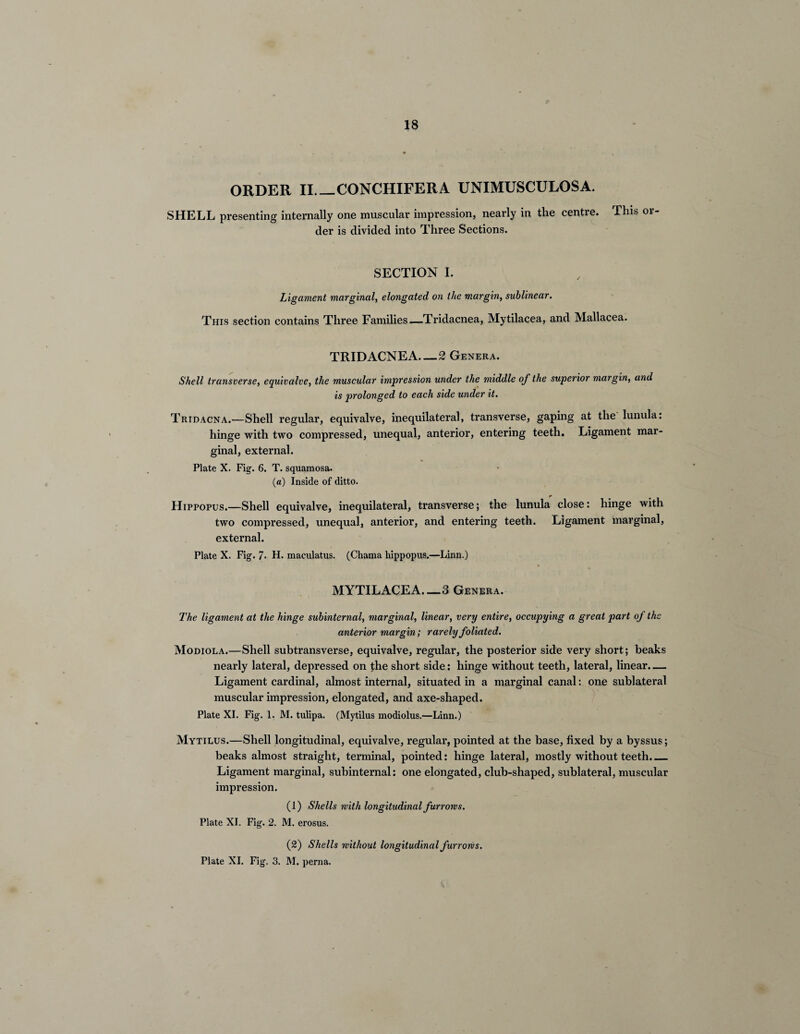 ORDER II_CONCHIFERA UNIMUSCULOSA. SHELL presenting internally one muscular impression, nearly in the centre. This or der is divided into Three Sections. SECTION I. Ligament marginal, elongated on the margin, sublinear. This section contains Three Families—Tridacnea, Mytilacea, and Mallacea. TRIDACNEA—2 Genera. Shell transverse, equivalve, the muscular impression under the middle of the superior margin, and is prolonged to each side under it. Tridacna.—Shell regular, equivalve, inequilateral, transverse, gaping at the lunula: hinge with two compressed, unequal, anterior, entering teeth. Ligament mar¬ ginal, external. Plate X. Fig. 6. T. squamosa. (a) Inside of ditto. Hippopus.—Shell equivalve, inequilateral, transverse; the lunula close: hinge with two compressed, unequal, anterior, and entering teeth. Ligament marginal, external. Plate X. Fig. 7• H. maculatus. (Chama hippopus.—Linn.) MYTILACEA.—3 Genera. The ligament at the hinge subinternal, marginal, linear, very entire, occupying a great part of the anterior margin; rarely foliated. Modiola.—Shell subtransverse, equivalve, regular, the posterior side very short; beaks nearly lateral, depressed on the short side: hinge without teeth, lateral, linear.— Ligament cardinal, almost internal, situated in a marginal canal: one sublateral muscular impression, elongated, and axe-shaped. Plate XI. Fig. 1. M. tulipa. (Mytilus modiolus.—Linn.) Mytilus.—Shell longitudinal, equivalve, regular, pointed at the base, fixed by a byssus; beaks almost straight, terminal, pointed: hinge lateral, mostly without teeth._ Ligament marginal, subinternal: one elongated, club-shaped, sublateral, muscular impression. (1) Shells with longitudinal furrows. Plate XI. Fig. 2. M. erosus. (2) Shells without longitudinal furrows. Plate XI. Fig. 3. M. perna.